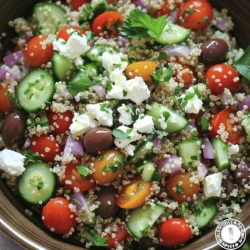 To make a great Greek quinoa salad, you need some key ingredients: - 1 cup quinoa, rinsed - 2 cups vegetable broth - 1 cup cucumber, diced - 1 cup cherry tomatoes, halved - 1/2 cup red onion, finely chopped - 1/2 cup Kalamata olives, pitted and halved - 1/2 cup feta cheese, crumbled - 1/4 cup fresh parsley, chopped - 1/4 cup fresh mint, chopped - 1/4 cup extra-virgin olive oil - 2 tablespoons lemon juice - 1 teaspoon dried oregano - Salt and black pepper to taste Each of these ingredients brings its own charm. Quinoa stands out as a base with its nutty flavor. The fresh vegetables add crunch and color. Feta cheese and olives give a salty bite that ties the salad together. Want to kick things up a notch? Here are some optional ingredients: - Fresh herbs like dill or basil - Different types of vinegars, such as balsamic or red wine Fresh herbs can boost your salad’s taste. Vinegars can add a unique twist. Feel free to mix and match to find your favorite flavors. Why should you love this salad? Let me break it down: - Nutritional value of quinoa: Quinoa is a super grain. It has protein, fiber, and many vitamins. It helps keep you full and satisfied. - Benefits of Mediterranean diet components: The Mediterranean diet is famous for heart health. It includes healthy fats from olive oil and fresh produce. This salad is a tasty way to enjoy its benefits. Eating this salad gives you energy and supports your well-being. Try it out! You can find the full recipe [here](#). To cook the quinoa, start by rinsing 1 cup of quinoa under cold water. This step helps remove any bitterness. Next, combine the rinsed quinoa with 2 cups of vegetable broth in a medium saucepan. Bring it to a boil over high heat. Once it boils, reduce the heat to low. Cover the pot and let it simmer for about 15 minutes. The quinoa will absorb the broth and become fluffy. After cooking, remove the pot from heat and let the quinoa cool before using it in the salad. Tips for achieving fluffy quinoa: - Use a 2:1 liquid to quinoa ratio. This ensures proper cooking. - Let it rest after cooking. This helps the quinoa to fluff up. - Fluff it with a fork. This separates the grains and gives it a nice texture. While the quinoa cools, it's time to prepare the vegetables for the salad. Start by dicing 1 cup of cucumber. Then, halve 1 cup of cherry tomatoes and finely chop 1/2 cup of red onion. For the olives, pit and slice 1/2 cup of Kalamata olives. Freshness is key in this dish. Using fresh ingredients makes the salad taste vibrant and full of life. Ways to efficiently chop vegetables: - Use a sharp knife for clean cuts. - Cut the cucumber and tomatoes into similar sizes for a uniform look. - Prepare vegetables just before mixing to keep them fresh. Now that the quinoa and vegetables are ready, it’s time to mix everything. In a large mixing bowl, combine the cooled quinoa, diced cucumber, halved cherry tomatoes, chopped red onion, and sliced olives. Crumble 1/2 cup of feta cheese over the top. Add 1/4 cup of chopped parsley and 1/4 cup of chopped mint for extra flavor. Order of combining ingredients: 1. Start with quinoa at the bottom. 2. Add all vegetables. 3. Top with cheese and herbs last. Tips for ensuring even distribution of dressing: - Whisk the dressing ingredients in a small bowl first. - Pour the dressing over the salad gradually. - Gently toss the salad to coat all ingredients evenly. For the full recipe, check out the Mediterranean Bliss Quinoa Salad. Enjoy! To make your Greek quinoa salad shine, adjust the seasoning to your taste. Start with salt and pepper. Add more if needed. Squeeze in some extra lemon juice for added zing. Taste as you go to get the balance just right. For the best flavors, let your salad chill in the fridge for at least 30 minutes. This wait allows the ingredients to blend well. The quinoa absorbs the dressing, making every bite delicious. You can make this salad your own. Want more protein? Add cooked chicken or chickpeas. Both options pack a punch and keep you full. Try different dressings too. Swap the lemon juice for balsamic vinegar for a sweet twist. Or use tahini for a creamier texture. Your salad, your choice! Serving your salad nicely makes it even more enjoyable. Use a large bowl for a beautiful display. Top it with extra olives and fresh herbs for a pop of color. For a finishing touch, drizzle a bit more olive oil before serving. It adds shine and enhances the flavors. A well-presented salad is a feast for both your eyes and your taste buds. {{image_2}} You can add fun flavors to your Greek quinoa salad. Roasted vegetables bring warmth and depth. Try adding artichoke hearts for a tangy bite. You can also mix in different cheeses. Goat cheese or mozzarella can add a creamy touch. These small changes create a unique twist on the classic recipe. If you want a vegan version, you can easily swap out the feta cheese. Use vegan cheese or leave it out entirely. This keeps the dish full of flavor without dairy. You can also add more plant-based ingredients like chickpeas or lentils. These will boost protein and make your salad heartier. Changing ingredients with the seasons makes your salad exciting. In summer, add fresh berries for sweetness. In fall, diced avocados add creaminess. These fruits not only taste great but also make the salad colorful. You can adapt your Greek quinoa salad to fit what’s fresh and available. For the full recipe, check the Mediterranean Bliss Quinoa Salad section. To keep your Greek quinoa salad fresh, store it in the fridge. Use an airtight container. This helps prevent the salad from drying out or absorbing odors. Make sure to chill the salad for at least 30 minutes before serving. It lets the flavors blend well. For lasting freshness, try to eat the salad within three days. If you notice any change in smell or color, it's best to toss it. Can you freeze quinoa salads? Yes, but it's not ideal. Freezing can change the texture of the fresh veggies. If you want to freeze it, do so without the dressing. Place it in a freezer-safe container. Use it within one month. When you want to eat it, thaw it in the fridge overnight. This helps keep the flavors intact. To reheat leftovers, use the microwave. Heat in short bursts of 30 seconds to avoid overcooking. Stir in between to ensure even heating. If the salad seems dry, add a splash of olive oil or lemon juice. This can refresh the flavors and moisture. You can also serve it cold for a refreshing meal. Greek Quinoa Salad stays fresh in the fridge for about 3 to 5 days. After that, the veggies may lose their crunch and flavor. Make sure to keep it in an airtight container. This helps keep it fresh and tasty. Yes, you can make this salad ahead of time. In fact, it tastes even better after sitting in the fridge for a few hours. This allows the flavors to blend. Just remember to add fresh herbs right before serving, as they can wilt. If you want to switch things up, try using couscous or farro instead of quinoa. Both give a nice texture and flavor. For a gluten-free option, consider using brown rice or millet. These grains will still keep your salad hearty. Yes, Greek Quinoa Salad is gluten-free when you use quinoa. Quinoa is a seed, not a grain. However, if you swap quinoa for couscous or another grain, check if it is gluten-free. Always read labels to be sure. This salad pairs well with many dishes. You can serve it with grilled chicken, fish, or lamb for a filling meal. It also works great as a side with roasted vegetables. Try it with pita bread and hummus for a tasty Mediterranean feast. For the complete recipe, check out the Full Recipe section. Greek quinoa salad is simple, healthy, and versatile. We explored essential ingredients like quinoa, fresh veggies, and feta. I shared tips on cooking quinoa and preparing the salad for the best taste. Customization allows you to make it your own, whether you add protein or seasonal fruits. Proper storage keeps your salad fresh longer. With this guide, you can enjoy a delicious, nutritious meal anytime. Embrace your creativity and make this salad your signature dish!