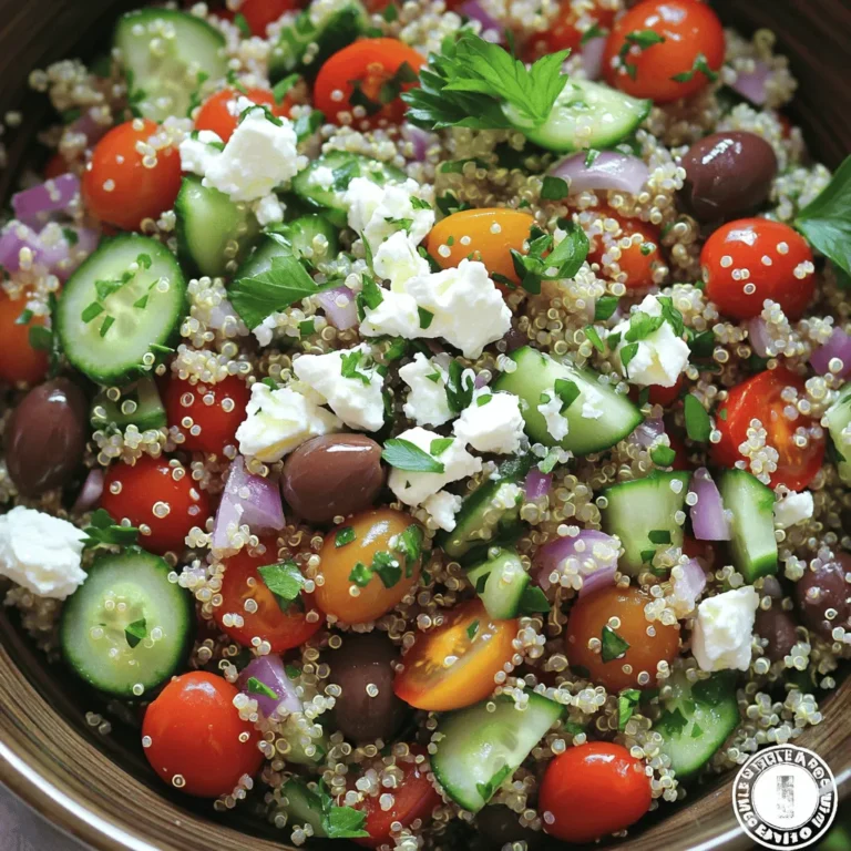 To make a great Greek quinoa salad, you need some key ingredients: - 1 cup quinoa, rinsed - 2 cups vegetable broth - 1 cup cucumber, diced - 1 cup cherry tomatoes, halved - 1/2 cup red onion, finely chopped - 1/2 cup Kalamata olives, pitted and halved - 1/2 cup feta cheese, crumbled - 1/4 cup fresh parsley, chopped - 1/4 cup fresh mint, chopped - 1/4 cup extra-virgin olive oil - 2 tablespoons lemon juice - 1 teaspoon dried oregano - Salt and black pepper to taste Each of these ingredients brings its own charm. Quinoa stands out as a base with its nutty flavor. The fresh vegetables add crunch and color. Feta cheese and olives give a salty bite that ties the salad together. Want to kick things up a notch? Here are some optional ingredients: - Fresh herbs like dill or basil - Different types of vinegars, such as balsamic or red wine Fresh herbs can boost your salad’s taste. Vinegars can add a unique twist. Feel free to mix and match to find your favorite flavors. Why should you love this salad? Let me break it down: - Nutritional value of quinoa: Quinoa is a super grain. It has protein, fiber, and many vitamins. It helps keep you full and satisfied. - Benefits of Mediterranean diet components: The Mediterranean diet is famous for heart health. It includes healthy fats from olive oil and fresh produce. This salad is a tasty way to enjoy its benefits. Eating this salad gives you energy and supports your well-being. Try it out! You can find the full recipe [here](#). To cook the quinoa, start by rinsing 1 cup of quinoa under cold water. This step helps remove any bitterness. Next, combine the rinsed quinoa with 2 cups of vegetable broth in a medium saucepan. Bring it to a boil over high heat. Once it boils, reduce the heat to low. Cover the pot and let it simmer for about 15 minutes. The quinoa will absorb the broth and become fluffy. After cooking, remove the pot from heat and let the quinoa cool before using it in the salad. Tips for achieving fluffy quinoa: - Use a 2:1 liquid to quinoa ratio. This ensures proper cooking. - Let it rest after cooking. This helps the quinoa to fluff up. - Fluff it with a fork. This separates the grains and gives it a nice texture. While the quinoa cools, it's time to prepare the vegetables for the salad. Start by dicing 1 cup of cucumber. Then, halve 1 cup of cherry tomatoes and finely chop 1/2 cup of red onion. For the olives, pit and slice 1/2 cup of Kalamata olives. Freshness is key in this dish. Using fresh ingredients makes the salad taste vibrant and full of life. Ways to efficiently chop vegetables: - Use a sharp knife for clean cuts. - Cut the cucumber and tomatoes into similar sizes for a uniform look. - Prepare vegetables just before mixing to keep them fresh. Now that the quinoa and vegetables are ready, it’s time to mix everything. In a large mixing bowl, combine the cooled quinoa, diced cucumber, halved cherry tomatoes, chopped red onion, and sliced olives. Crumble 1/2 cup of feta cheese over the top. Add 1/4 cup of chopped parsley and 1/4 cup of chopped mint for extra flavor. Order of combining ingredients: 1. Start with quinoa at the bottom. 2. Add all vegetables. 3. Top with cheese and herbs last. Tips for ensuring even distribution of dressing: - Whisk the dressing ingredients in a small bowl first. - Pour the dressing over the salad gradually. - Gently toss the salad to coat all ingredients evenly. For the full recipe, check out the Mediterranean Bliss Quinoa Salad. Enjoy! To make your Greek quinoa salad shine, adjust the seasoning to your taste. Start with salt and pepper. Add more if needed. Squeeze in some extra lemon juice for added zing. Taste as you go to get the balance just right. For the best flavors, let your salad chill in the fridge for at least 30 minutes. This wait allows the ingredients to blend well. The quinoa absorbs the dressing, making every bite delicious. You can make this salad your own. Want more protein? Add cooked chicken or chickpeas. Both options pack a punch and keep you full. Try different dressings too. Swap the lemon juice for balsamic vinegar for a sweet twist. Or use tahini for a creamier texture. Your salad, your choice! Serving your salad nicely makes it even more enjoyable. Use a large bowl for a beautiful display. Top it with extra olives and fresh herbs for a pop of color. For a finishing touch, drizzle a bit more olive oil before serving. It adds shine and enhances the flavors. A well-presented salad is a feast for both your eyes and your taste buds. {{image_2}} You can add fun flavors to your Greek quinoa salad. Roasted vegetables bring warmth and depth. Try adding artichoke hearts for a tangy bite. You can also mix in different cheeses. Goat cheese or mozzarella can add a creamy touch. These small changes create a unique twist on the classic recipe. If you want a vegan version, you can easily swap out the feta cheese. Use vegan cheese or leave it out entirely. This keeps the dish full of flavor without dairy. You can also add more plant-based ingredients like chickpeas or lentils. These will boost protein and make your salad heartier. Changing ingredients with the seasons makes your salad exciting. In summer, add fresh berries for sweetness. In fall, diced avocados add creaminess. These fruits not only taste great but also make the salad colorful. You can adapt your Greek quinoa salad to fit what’s fresh and available. For the full recipe, check the Mediterranean Bliss Quinoa Salad section. To keep your Greek quinoa salad fresh, store it in the fridge. Use an airtight container. This helps prevent the salad from drying out or absorbing odors. Make sure to chill the salad for at least 30 minutes before serving. It lets the flavors blend well. For lasting freshness, try to eat the salad within three days. If you notice any change in smell or color, it's best to toss it. Can you freeze quinoa salads? Yes, but it's not ideal. Freezing can change the texture of the fresh veggies. If you want to freeze it, do so without the dressing. Place it in a freezer-safe container. Use it within one month. When you want to eat it, thaw it in the fridge overnight. This helps keep the flavors intact. To reheat leftovers, use the microwave. Heat in short bursts of 30 seconds to avoid overcooking. Stir in between to ensure even heating. If the salad seems dry, add a splash of olive oil or lemon juice. This can refresh the flavors and moisture. You can also serve it cold for a refreshing meal. Greek Quinoa Salad stays fresh in the fridge for about 3 to 5 days. After that, the veggies may lose their crunch and flavor. Make sure to keep it in an airtight container. This helps keep it fresh and tasty. Yes, you can make this salad ahead of time. In fact, it tastes even better after sitting in the fridge for a few hours. This allows the flavors to blend. Just remember to add fresh herbs right before serving, as they can wilt. If you want to switch things up, try using couscous or farro instead of quinoa. Both give a nice texture and flavor. For a gluten-free option, consider using brown rice or millet. These grains will still keep your salad hearty. Yes, Greek Quinoa Salad is gluten-free when you use quinoa. Quinoa is a seed, not a grain. However, if you swap quinoa for couscous or another grain, check if it is gluten-free. Always read labels to be sure. This salad pairs well with many dishes. You can serve it with grilled chicken, fish, or lamb for a filling meal. It also works great as a side with roasted vegetables. Try it with pita bread and hummus for a tasty Mediterranean feast. For the complete recipe, check out the Full Recipe section. Greek quinoa salad is simple, healthy, and versatile. We explored essential ingredients like quinoa, fresh veggies, and feta. I shared tips on cooking quinoa and preparing the salad for the best taste. Customization allows you to make it your own, whether you add protein or seasonal fruits. Proper storage keeps your salad fresh longer. With this guide, you can enjoy a delicious, nutritious meal anytime. Embrace your creativity and make this salad your signature dish!