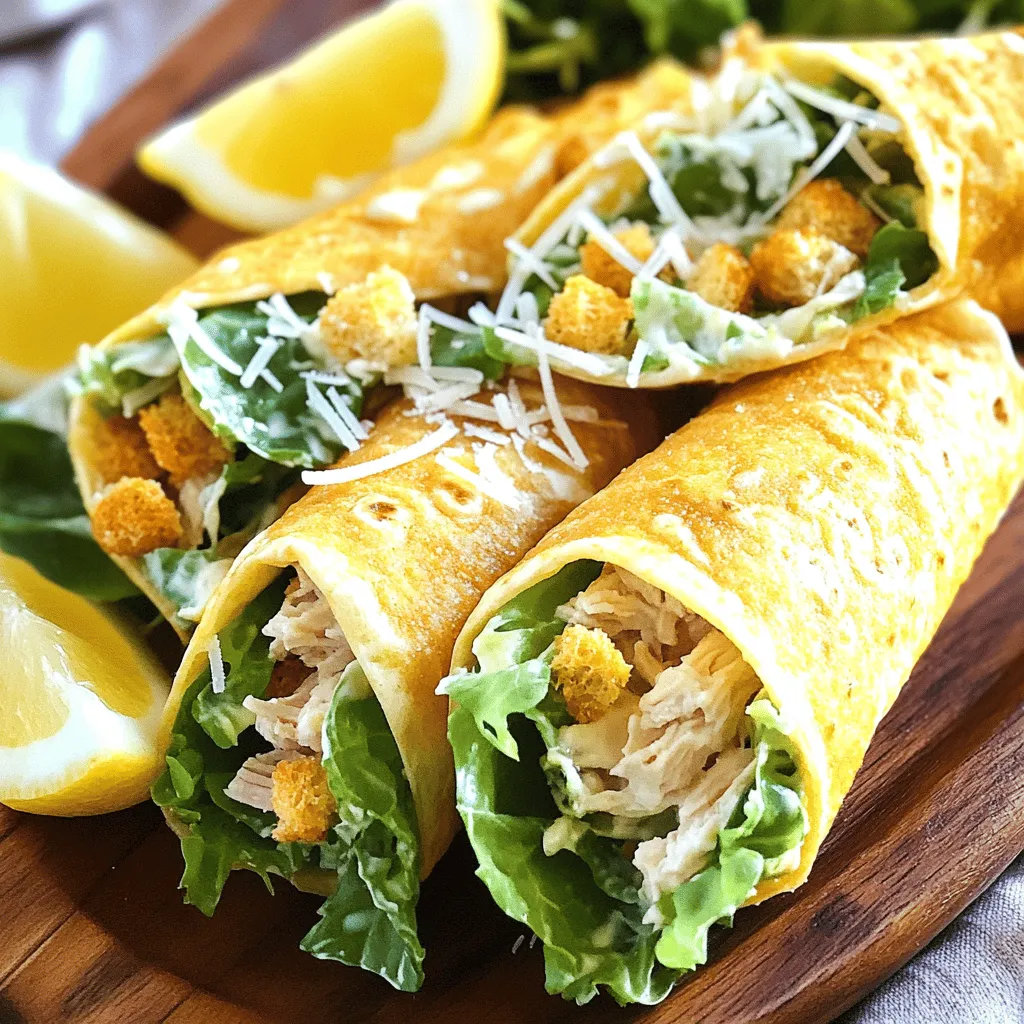 - 2 cups cooked chicken breast, shredded - 1 cup romaine lettuce, chopped - 1/2 cup Caesar dressing - 1/3 cup grated Parmesan cheese - 1/2 cup croutons, crushed - 4 large tortillas or wraps - 1/4 teaspoon garlic powder - Salt and pepper to taste - Lemon wedges (for garnish) You will need a large mixing bowl, a non-stick skillet, and a spatula. A knife and cutting board will help you chop the lettuce and cut the wraps later. Each wrap holds about 400 calories. It has 20 grams of protein, 25 grams of carbs, and 25 grams of fat. This meal is rich in calcium and fiber, thanks to the chicken and lettuce. Eating these wraps gives you a tasty way to enjoy a healthy meal. For the full recipe, check out the detailed instructions above. First, gather all your ingredients. In a large bowl, add 2 cups of shredded chicken. Next, chop 1 cup of romaine lettuce and toss it in. Pour in 1/2 cup of Caesar dressing. This gives the mixture a creamy base. Then, sprinkle in 1/4 teaspoon of garlic powder. Mix everything well. You want each piece of chicken and lettuce coated in dressing. After that, add 1/3 cup of grated Parmesan cheese. Toss gently to combine. Finally, crush 1/2 cup of croutons and fold them in. This adds crunch to your wraps. Now it’s time to build your wraps. Take a large tortilla and lay it flat on your surface. Spoon an even portion of the chicken Caesar mixture into the center. Be careful not to overfill. Fold in the sides of the tortilla to keep the filling secure. Next, roll it from the bottom to the top. This creates a neat wrap. Repeat this step for each tortilla. For extra crispiness, heat a non-stick skillet over medium heat. Place each wrap seam-side down in the skillet. Cook each wrap for about 3-4 minutes. Flip them to cook the other side until they turn golden brown. This gives your wraps a nice crunch. Once done, take the wraps out and let them rest for a couple of minutes. Cut each wrap diagonally for serving. Enjoy your crispy chicken Caesar wraps! For the full recipe, check the earlier section. To get that crunchy bite, use fresh tortillas. Heat your skillet to medium, not high. Cook each wrap seam-side down first. This helps seal in the filling. Flip them gently after 3-4 minutes. For extra crunch, cook a bit longer if needed. While Caesar dressing shines, you can mix it up. Try ranch or a yogurt-based dressing for a twist. You can add diced tomatoes or sliced olives for more flavor. Fresh herbs like basil or parsley also work well. They give a nice pop of color and taste. Serve your wraps on a big platter. Squeeze fresh lemon over the top for zing. Sprinkle extra Parmesan for a fancy touch. Pair with a salad or chips for a full meal. You can also cut the wraps in half for easy eating. Enjoy your crispy chicken Caesar wraps! {{image_2}} You can swap out chicken for other proteins. Grilled shrimp brings a sweet, smoky taste. It pairs well with the Caesar dressing. Tofu is a great choice for a plant-based option. Just marinate it in your favorite sauce. You can grill or pan-fry the tofu for extra flavor and texture. While Caesar dressing is classic, you can explore other dressings. Ranch dressing adds a creamy twist to your wrap. A yogurt-based dressing is lighter and tangy. These alternatives keep the meal fresh. Each dressing brings its own unique flavor profile. Don't be afraid to mix and match! Add more ingredients to make your wraps even better. Sliced avocado adds creaminess and healthy fats. Crispy bacon gives a nice crunch and salty kick. You can also toss in some cherry tomatoes for sweetness. These additions elevate the dish. They provide texture and flavor, making each bite exciting. For the full recipe, check out the section above. To keep your crispy chicken Caesar wraps fresh, place them in an airtight container. Make sure the wraps are cool before sealing. This helps prevent moisture buildup, which can make them soggy. If you have leftover filling, store it separately to maintain texture. Use the leftover wraps within three days for best taste. When reheating, you want to keep that crispy texture. Avoid the microwave, as it can make the wraps soft. Instead, use a skillet or an oven. Heat a skillet over medium heat and place the wraps seam-side down. Cook for about three minutes on each side until warm and crispy. If using an oven, preheat to 350°F (175°C) and bake for about 10 minutes. You can freeze these wraps if you want to save some for later. Wrap each one tightly in plastic wrap. Then, place them in a freezer bag, removing as much air as possible. They can last up to three months in the freezer. When you’re ready to eat, thaw in the fridge overnight and reheat as mentioned above for best results. Enjoy your crispy chicken Caesar wraps anytime! Yes, you can make these wraps ahead of time. Prepare the chicken mixture and store it in the fridge. Wrap each tortilla just before serving to keep them crisp. If you store the wraps whole, they might get soggy. Enjoy them fresh for the best taste. If you want a different flavor, you have many choices. You can use ranch dressing for a creamy taste. Yogurt-based dressings give a lighter option. Try a lemon vinaigrette for a zesty twist. Each option can give your wraps a new spin. Absolutely! You can swap the chicken with grilled veggies or chickpeas. Use roasted bell peppers, zucchini, or mushrooms for great flavor. Add more cheese or nuts for protein. These swaps keep the wraps tasty while making them vegetarian-friendly. This blog post covered how to create flavorful wraps using fresh ingredients. You learned about the key ingredients, necessary tools, and the nutrition they offer. We discussed step-by-step instructions for preparing the chicken or salad mixture, assembling the wraps, and achieving crispiness. You now have tips for perfecting texture, dressing ideas, and even variations for different proteins. Remember to follow the best storage tips to maintain freshness. Enjoy making these wraps your way, and share them with friends for a tasty meal everyone will love.
