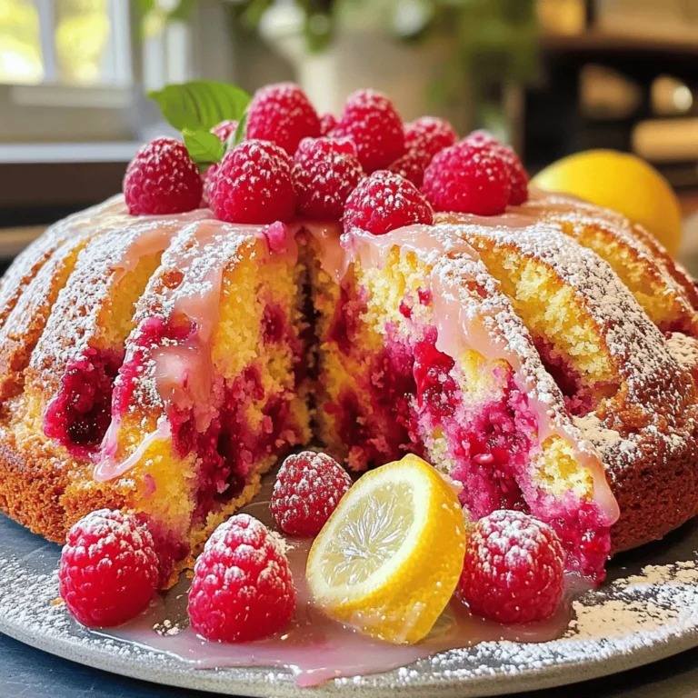 - 1 cup all-purpose flour - 1 cup almond flour - 1 teaspoon baking powder - 1/2 teaspoon baking soda - 1/4 teaspoon salt - 1/2 cup unsalted butter, softened - 3/4 cup granulated sugar - 2 large eggs - 1 teaspoon vanilla extract - 1/4 cup fresh lemon juice - Zest of 1 lemon - 1 cup fresh raspberries (plus extra for topping) - 1/2 cup powdered sugar (for glaze) - 1 tablespoon lemon juice (for glaze) To make the Raspberry Lemon Coffee Cake, gather all the ingredients. Using fresh raspberries really makes a difference in flavor. The lemon juice and zest add a bright touch. I love combining all-purpose flour with almond flour. This mix gives the cake a rich texture. When measuring flour, spoon it into the cup and level it off. This prevents too much flour, which can make the cake dense. Use softened unsalted butter for easy mixing. Room temperature butter blends well with sugar, creating a light and fluffy batter. Make sure you have the following tools: mixing bowls and a hand mixer or stand mixer. A cake pan is important too. I prefer an 8-inch round pan. Don't forget parchment paper; it helps with easy removal of the cake. With these ingredients and tools ready, you can start making this tasty cake. For the full recipe, check out the link. First, preheat your oven to 350°F (175°C). This step is key for even baking. Next, grease an 8-inch round cake pan with butter or cooking spray. For easy removal, line the bottom with parchment paper. This helps the cake slide out smoothly after baking. Now, grab a medium bowl. Combine 1 cup of all-purpose flour, 1 cup of almond flour, 1 teaspoon of baking powder, 1/2 teaspoon of baking soda, and 1/4 teaspoon of salt. Whisk these dry ingredients together until they blend well. This mix gives the cake its structure and lift. In a large mixing bowl, cream 1/2 cup of softened butter with 3/4 cup of granulated sugar. Use a hand mixer or stand mixer for about 3 to 4 minutes until it looks light and fluffy. Next, add 2 large eggs, one at a time, mixing well after each one. Then stir in 1 teaspoon of vanilla extract, 1/4 cup of fresh lemon juice, and the zest of 1 lemon. This mixture brings bright flavors to your cake. Now it's time to combine the dry and wet mixes. Gradually add the dry mixture to the wet one, starting with half. Mix gently until just combined. Be careful not to overmix, as this can make the cake dense. Finally, fold in 1 cup of fresh raspberries. Keep them whole for bursts of flavor in each slice. Pour the batter into your prepared cake pan. Spread it evenly across the pan. If you like, sprinkle a few extra raspberries on top for a pretty finish. Bake the cake for about 30 to 35 minutes. Check for doneness by inserting a toothpick into the center. It should come out clean when the cake is ready. While the cake bakes, you can prepare the glaze. In a small bowl, whisk together 1/2 cup of powdered sugar and 1 tablespoon of lemon juice until smooth. This glaze adds a sweet and tangy finish to your cake. To get a light and fluffy cake, avoid overmixing. Mix just until the dry and wet ingredients combine. This keeps air in the batter and helps it rise. If you stir too much, the cake can become dense. Remember, less is more when mixing! Fresh lemon zest and ripe raspberries make a big difference. The zest adds a bright kick that wakes up your taste buds. Use ripe raspberries for sweetness and juiciness. They should be firm but slightly soft to the touch. This will ensure your cake is full of flavor. For a lovely presentation, serve slices on a beautiful plate. Garnish with fresh raspberries and a dusting of powdered sugar. You can also drizzle some extra lemon glaze on top. Pairing it with coffee or tea adds to the experience. You can find the full recipe above for more details! {{image_2}} If you want a gluten-free cake, try using almond flour. Almond flour gives a nice nutty flavor and keeps the cake moist. Replace the all-purpose flour with 1 cup of almond flour. This swap works well in the recipe and keeps it light. You can switch up the fruit too! Blueberries or strawberries add a fun twist. For blueberries, just fold in 1 cup like you would with raspberries. If using strawberries, chop them into small pieces and use 1 cup. Both fruits blend well with the lemon flavor. If you prefer a vegan cake, there are easy swaps. Replace the eggs with 1/4 cup of applesauce for each egg. Use coconut oil instead of butter. This keeps the cake rich and moist. You can also use plant-based milk to replace the milk if you need it. Enjoy this delightful version! Check out the [Full Recipe] for details. To keep your Raspberry Lemon Coffee Cake fresh, always store it in an airtight container. This prevents air from drying it out. If you plan to eat it within a few days, keep it at room temperature. Just make sure it is away from direct sunlight. For longer storage, the fridge is a better choice. Wrap the cake in plastic wrap before placing it in the fridge. This helps maintain moisture and flavor. Freezing your cake is simple. First, let it cool completely. Then, slice the cake into pieces for easy thawing. Wrap each slice tightly in plastic wrap. After that, put the wrapped slices in a freezer-safe bag. Label the bag with the date. The cake can stay frozen for up to three months. When you're ready to enjoy it, just remove a slice or two from the freezer. To reheat your cake, use the oven for the best results. Preheat the oven to 350°F (175°C). Remove the cake from any wrapping and place it on a baking sheet. Cover it with aluminum foil to keep it moist. Heat for about 10-15 minutes. Check if it’s warm enough in the center. You can also use the microwave, but do so carefully. Heat each slice for about 15-20 seconds. Enjoy your warm cake with a nice cup of coffee! For the full recipe, click here. Raspberry Lemon Coffee Cake stays fresh for about 2 days at room temperature. Keep it covered to avoid drying out. If you store it in the fridge, it can last for about a week. Just remember to cover it tightly. This keeps the cake moist and tasty. Yes, you can use frozen raspberries! However, fresh raspberries give the best flavor. If you use frozen ones, do not thaw them. Just add them straight into the batter. This helps them hold their shape better. You may want to reduce the baking time by a couple of minutes. I love pairing this cake with coffee or tea. A nice cup of black coffee complements the flavors well. For tea, try a light herbal tea or a classic Earl Grey. Both drinks enhance the sweet and tart notes in the cake. Enjoy your cake with your favorite drink! You can find the full recipe [here](#). This blog post covered all you need to create a delicious Raspberry Lemon Coffee Cake. We discussed the key ingredients, the gear needed, and simple steps to bake it perfectly. I shared tips for the best texture and flavor, along with fun variations. You can store, freeze, and reheat your cake with ease. I hope you feel ready to bake this sweet treat. Enjoy each bite and share it with friends for a delightful experience!