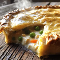 To make a great chicken pot pie, you need some key ingredients. Here’s what you’ll need: - 2 cups cooked chicken, shredded or diced - 1 cup frozen mixed vegetables (peas, carrots, corn, green beans) - 1 cup chicken broth - 1 cup milk - 1/3 cup butter - 1/3 cup all-purpose flour - 1 teaspoon garlic powder - 1 teaspoon onion powder - 1/2 teaspoon dried thyme - Salt and pepper to taste - 1 package refrigerated pie crust (2 crusts) - 1 egg, beaten (for egg wash) These ingredients come together to create a comforting blend of flavors and textures. While the essential ingredients work wonders, you can add some optional items to make it even better. Consider these: - Fresh herbs like parsley or rosemary for a fresh taste - A splash of white wine for depth - Potatoes for extra heartiness - Cooked bacon or ham for a smoky flavor Adding any of these can take your pot pie to the next level. If you find yourself missing an ingredient, don’t worry! You can easily swap some items. Here are a few ideas: - Use rotisserie chicken if you don't have time to cook your own. - Swap chicken broth with vegetable broth for a lighter taste. - Use almond milk or oat milk instead of regular milk for a dairy-free option. - For a gluten-free crust, try a store-bought gluten-free pie crust. These substitutions make it easy to adapt the recipe to fit your needs. You can find the full recipe in the article above, ensuring you have all the details to create this delightful dish! Start by preheating your oven to 425°F (220°C). This step ensures your pie cooks evenly. Next, gather all your ingredients. You will need cooked chicken, mixed veggies, chicken broth, milk, butter, flour, and spices. Having everything ready makes cooking smooth. In a medium saucepan, melt 1/3 cup of butter over medium heat. Once the butter melts, stir in 1/3 cup of all-purpose flour. Use a whisk to mix them well. Add 1 teaspoon of garlic powder, 1 teaspoon of onion powder, 1/2 teaspoon of dried thyme, and some salt and pepper. Cook this mixture for about 1 minute, stirring constantly. This forms your roux. Now, slowly add 1 cup of chicken broth and 1 cup of milk while whisking. Cook until the mixture thickens and bubbles, about 2-3 minutes. Remove it from heat. In a large bowl, combine 2 cups of shredded chicken and 1 cup of frozen mixed vegetables. Pour your sauce over the chicken and veggies. Mix until everything is coated in the sauce. Roll out one pie crust into a 9-inch pie dish. Fill it with your chicken mixture. Cover with the second pie crust, crimp the edges, and cut a few slits on top for steam. Brush the top with a beaten egg for a lovely golden color. Place the pot pie in the preheated oven and bake for 30-35 minutes. If the edges brown too fast, cover them with foil. Once golden, let it cool for 10 minutes before serving. Enjoy a slice of comfort with this easy chicken pot pie! For the full recipe, check out the details above. Start with cold ingredients. This keeps the crust flaky. Use a mix of butter and shortening for the best flavor. Roll your dough on a floured surface. Avoid using too much flour; it can dry out the crust. Make sure to chill the crust for 30 minutes before baking. This step helps keep the shape. To boost flavor, add fresh herbs like rosemary or parsley. You can mix in a splash of white wine for depth. Sauté the vegetables before adding them to the filling. This step brings out their sweetness. A little lemon juice brightens the dish. Try adding a dash of hot sauce for a kick. Don’t skip the egg wash; it adds a beautiful color. Avoid overcooking the filling before it goes in the crust. This can lead to a watery pie. Ensure you seal the edges well to prevent leakage. Cut slits in the top crust to let steam escape. If not, your pie may bubble over. For more details, check the Full Recipe. {{image_2}} You can easily make this dish gluten-free. Just swap the regular flour for a gluten-free blend. Check the label to ensure it works well for baking. Use a gluten-free pie crust or make your own with almond or coconut flour. This way, everyone can enjoy a warm, tasty pot pie. For a vegetarian twist, ditch the chicken. Use chickpeas or tofu as a protein. You can add more veggies like mushrooms, bell peppers, or spinach. This keeps the heartiness while adding fresh flavors. A creamy sauce made with vegetable broth and dairy-free milk can make it rich and satisfying. Feel free to get creative with your filling. Try adding different herbs like rosemary or sage for a new taste. You could also mix in cooked potatoes or sweet potatoes for a twist. For some heat, add chopped jalapeños or crushed red pepper flakes. The goal is to make it your own! For the full recipe, check out the Comforting Chicken Pot Pie section above. To keep leftovers fresh, let the chicken pot pie cool first. Then, cover it tightly with plastic wrap or aluminum foil. You can also use an airtight container. Store it in the fridge for up to three days. This way, your meal stays tasty and safe. Reheating is simple. Preheat your oven to 350°F (175°C). Place the pot pie on a baking sheet. Cover it loosely with foil to keep the crust from burning. Heat it for about 20-25 minutes, or until it's warm throughout. You can also microwave individual slices. Just heat them for 1-2 minutes, checking often to avoid overheating. Freezing is a great option for longer storage. After cooling, slice the pot pie into portions. Wrap each slice tightly in plastic wrap and then in foil. Place them in a freezer-safe bag. Label the bag with the date. Your chicken pot pie can last up to three months in the freezer. When you're ready to eat, thaw it in the fridge overnight before reheating. Enjoy the comfort of your homemade meal anytime! For the full recipe, check out the steps above. Yes, you can use store-bought rotisserie chicken. It saves time and adds flavor. Just shred or dice it before mixing it with the veggies. This shortcut makes meal prep easier and still tastes great. If you don’t have chicken broth, use vegetable broth or water with seasoning. This keeps the dish tasty. You can also use stock made from bones if you have it. Each option offers a unique flavor. Easy Chicken Pot Pie lasts about three to four days in the fridge. Make sure to cover it tightly to keep it fresh. Reheat individual slices in the microwave or bake it in the oven for best results. In this post, we explored making an easy chicken pot pie. I shared essential ingredients, optional flavor boosts, and substitutions for your needs. You learned step-by-step instructions, tips for a perfect crust, and common mistakes to avoid. We discussed variations, storage methods, and answered common questions. In the end, you now have all the tools to create this dish. Enjoy your cooking adventure and impress everyone with your tasty pie!
