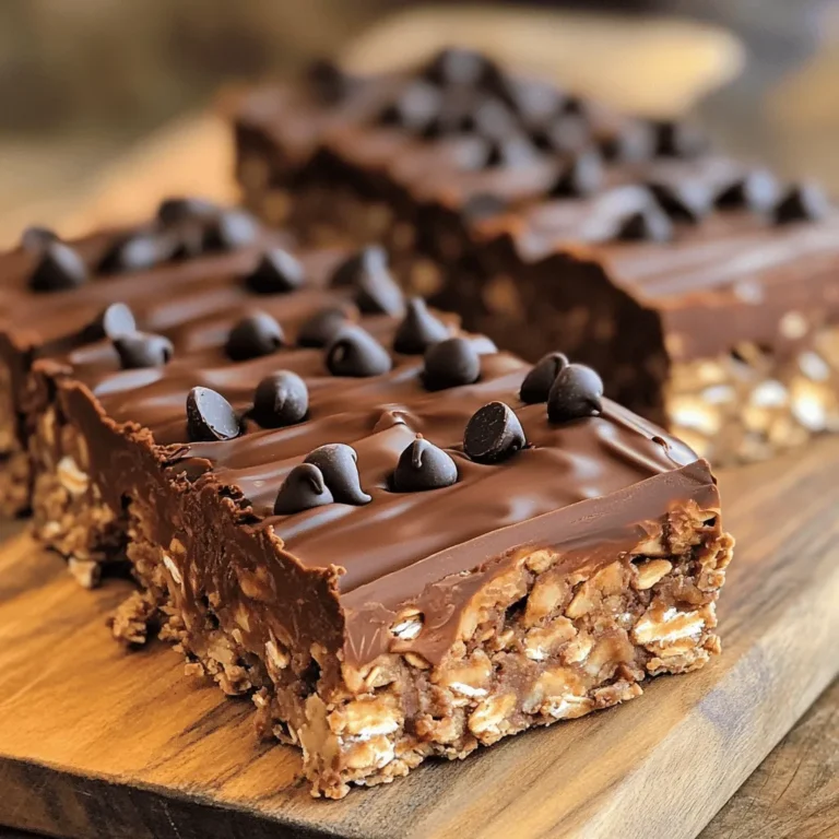 To make these tasty no-bake chocolate oat bars, you need a few key items: - 2 cups rolled oats - 1 cup almond butter (or any nut butter you like) - 1/2 cup honey or maple syrup These main ingredients form the heart of the bars. Rolled oats give them a chewy texture. Nut butter adds richness and helps bind everything together. Sweeteners bring the right amount of sweetness to each bite. You can customize your bars with fun add-ins: - 1/4 cup dark chocolate chips (plus more for topping) - Optional: 1/4 cup chopped nuts or dried fruit - Flavor enhancers like 1 teaspoon vanilla extract Adding chocolate chips gives a nice chocolatey burst. Chopped nuts or dried fruit adds crunch and flavor. Vanilla extract enhances the overall taste, making each bite more enjoyable. To make these bars, you'll need: - A large mixing bowl - An 8-inch square baking dish - Parchment paper A mixing bowl helps combine all the ingredients well. The baking dish shapes the bars, while parchment paper ensures easy removal and clean-up. Using the right equipment makes the process smooth and fun. For the [Full Recipe], follow the steps to create these delicious treats. To start, gather your ingredients. In a large mixing bowl, combine: - 2 cups rolled oats - 1 cup almond butter (or your favorite nut butter) - 1/2 cup honey or maple syrup - 1/2 cup unsweetened cocoa powder - 1/4 teaspoon sea salt - 1 teaspoon vanilla extract Stir the dry ingredients and nut butter together. Mix until it looks like thick dough. If you like, fold in: - 1/4 cup dark chocolate chips - Optional: 1/4 cup chopped nuts or dried fruit This adds texture and flavor. Next, line an 8-inch square baking dish with parchment paper. Leave some paper hanging over the sides. This helps with easy removal. Press the oat mixture into the bottom of the dish. Make it even and firm. Now, melt more chocolate chips. Use a microwave-safe bowl. Heat for about 30 seconds, then stir until smooth. Drizzle or spread this melted chocolate over the top layer of the oat mixture. Refrigerate the bars for at least 1 hour. This firms them up, making them easier to cut. Once set, lift the bars out using the parchment overhang. Cut them into squares or rectangles. Enjoy your tasty no-bake chocolate oat bars! For the full recipe, check the details above. You can easily change the nut butter in your bars. Almond butter works well, but peanut butter is a great choice too. If you want a nut-free option, try sun butter. You can also vary the sweetness. If you prefer less sugar, use less honey or maple syrup. For a sweeter taste, add a bit more. Just remember to keep the balance. Getting the right texture is key. The mixture should be thick and sticky but not too dry. If it feels crumbly, add a touch of nut butter or sweetener. When pressing the mix into the dish, make sure to pack it down firmly. This helps the bars hold together well. Use a spatula to smooth the top for even layering. These bars pair well with dips or toppings. Try serving them with yogurt or a drizzle of melted chocolate. You can also top the bars with chopped nuts or fresh fruit for added flavor. For a fun presentation, cut them into fun shapes. Use cookie cutters to make them look special for parties or snacks. {{image_2}} You can easily make these bars fit your diet. For a gluten-free option, use certified gluten-free rolled oats. This simple swap lets everyone enjoy these treats. If you need a vegan version, replace honey with maple syrup. This keeps the bars sweet without any animal products. Get creative with flavors! You can add spices like cinnamon or nutmeg for warmth. A dash of vanilla extract boosts the taste as well. Want to change the chocolate? Use milk chocolate for a sweeter taste or dark chocolate for a richer flavor. Each choice gives you a new twist on this classic treat. Seasonal fruits can brighten your bars. Try adding dried cranberries in fall or fresh strawberries in summer. You can also make holiday-themed bars by mixing in peppermint extract or festive sprinkles. These fun touches make your no-bake chocolate oat bars special for any occasion. For the full recipe, check the previous section. To keep your No-Bake Chocolate Oat Bars fresh, use an airtight container. This helps prevent moisture loss and keeps the bars from drying out. Glass or plastic containers work well. You can also wrap them in wax paper and place them in a zip-top bag for added protection. Store the bars in a cool, dry place out of direct sunlight. In the fridge, your No-Bake Chocolate Oat Bars can last for about one week. They stay fresh due to the moisture from the almond butter and sweeteners. If you want to keep them longer, consider freezing them. They can last up to three months in the freezer. Just make sure to wrap them well to avoid freezer burn. If you freeze the bars, let them thaw in the fridge overnight before eating. You can also serve them cold, which makes for a refreshing treat. If you prefer them warm, you can microwave a bar for about 10-15 seconds. This will melt the chocolate slightly and give a softer texture, enhancing the flavor. Enjoy them as a tasty snack anytime! To make No-Bake Chocolate Oat Bars, start by mixing the dry and wet ingredients. 1. In a bowl, combine rolled oats, almond butter, honey, cocoa powder, salt, and vanilla. 2. Stir until everything blends into a thick dough. 3. If you want, add dark chocolate chips and any nuts or dried fruit. 4. Line an 8-inch baking dish with parchment paper. 5. Press the mixture into the dish evenly. 6. Melt more chocolate chips and drizzle over the top. 7. Chill in the fridge for at least one hour. 8. Cut into bars once firm. You can find the full recipe in the article above. Yes, you can use other sweeteners. Maple syrup is a great option. It gives a nice flavor and works well. You can also try agave nectar or brown rice syrup. Each sweetener will change the taste a little. Just remember that some sweeteners are thinner than honey. You may need to adjust the amount of oats to keep the right texture. No-Bake Chocolate Oat Bars can last up to one week in the fridge. Store them in an airtight container for best results. If you want to keep them longer, you can freeze them. They will stay good for about three months in the freezer. Just wrap them well to prevent freezer burn. No-bake chocolate oat bars are easy and fun to make. We covered the main ingredients, like rolled oats and nut butter, and explored tasty add-ins. You learned the step-by-step process, along with tips for perfecting texture and storage. These bars are flexible, letting you adjust flavors and make them fit your diet. Whether enjoyed cold or warmed, they make a great snack. Now you can create endless variations to share or enjoy yourself. Get started, and let your creativity shine with these delicious treats!