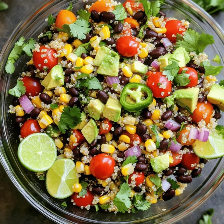 - 1 cup quinoa, rinsed - 2 cups vegetable broth or water - 1 can (15 oz) black beans, rinsed and drained - 1 cup corn (fresh, frozen, or canned) - 1 red bell pepper, diced - 1 jalapeño, deseeded and minced - 1/2 red onion, finely chopped - 1 cup cherry tomatoes, halved - 1 avocado, diced - 1/4 cup fresh cilantro, chopped - 1/4 cup lime juice - 2 tablespoons olive oil - 1 teaspoon cumin - Salt and pepper to taste To make a great Southwest Quinoa Salad, start with these fresh ingredients. Quinoa serves as the base. It is a superfood packed with protein and fiber. I love using vegetable broth instead of water. It gives the quinoa more flavor. The black beans add another layer of protein. Sweet corn brings a pop of color and taste. I use a red bell pepper for crunch and sweetness. For some heat, I add a jalapeño. Make sure to remove the seeds if you want less spice. The red onion adds sharpness, while cherry tomatoes offer juiciness. Don’t forget the creamy avocado; it makes the salad rich. Fresh cilantro adds a bright touch. The lime juice and olive oil blend together for a tasty dressing. Cumin gives a warm, earthy flavor, and salt and pepper round it all out. Using this full recipe, you can make a delightful dish that is both satisfying and healthy. Enjoy making this salad that is perfect for any meal! First, rinse 1 cup of quinoa under cold water. This helps remove the natural coating that can make it taste bitter. In a medium saucepan, add the rinsed quinoa and 2 cups of vegetable broth or water. Bring this mixture to a boil. Once boiling, reduce the heat to low, cover it, and let it simmer for about 15 minutes. After cooking, remove it from heat and let it cool. Fluff the quinoa with a fork to ensure it is light and airy. In a large mixing bowl, gather your fresh ingredients. Add 1 can of black beans, rinsed and drained. Then, toss in 1 cup of corn, whether fresh, frozen, or canned. Next, add 1 diced red bell pepper and a minced jalapeño. For added flavor, include 1/2 of a finely chopped red onion and 1 cup of halved cherry tomatoes. Finally, add 1 diced avocado for creaminess. Mix all these colorful ingredients together gently. In a separate small bowl, whisk together 1/4 cup of lime juice and 2 tablespoons of olive oil. Add 1 teaspoon of cumin for a warm spice flavor. Season the dressing with salt and pepper to taste. This dressing brings all the flavors together and adds a zesty kick. Once the quinoa is cool, add it to the bowl of mixed vegetables. Pour the dressing over everything. Gently toss to combine, making sure all ingredients are well-coated. Fold in 1/4 cup of chopped cilantro for freshness. Let the salad chill in the fridge for at least 30 minutes before serving. This allows the flavors to meld beautifully. For an eye-catching display, serve the salad in a large clear bowl, garnished with extra cilantro and lime wedges. Enjoy this healthy delight! For the full recipe, check out the details above. To fluff quinoa, let it cool after cooking. Use a fork to gently separate the grains. This method keeps quinoa light and fluffy. Avoid stirring too hard or it may become mushy. Rinsing quinoa before cooking helps remove its bitter coating. A good rinse makes a big difference in taste. Herbs and spices are key to making this salad pop. Fresh cilantro adds a bright flavor. Cumin gives a warm, earthy taste. You can also try adding a pinch of smoked paprika or chili powder for extra depth. Don’t be afraid to experiment! Just remember to start small and taste as you go. Presentation matters when serving this salad. Use a large clear bowl to show off the colors. Garnish with extra cilantro and lime wedges for a fresh look. Arrange the salad in layers for a pretty effect. A vibrant display makes the dish more inviting and fun. For the full recipe, check out the [Full Recipe]. {{image_2}} You can make your Southwest quinoa salad heartier by adding protein. Common choices include grilled chicken, shrimp, or tofu. Chicken adds a nice texture and flavor. If you prefer plant-based options, tofu is a great choice. - Grilled Chicken: Dice cooked chicken and mix it in. - Shrimp: Cook shrimp in a pan, season, and toss them in. - Tofu: Press and cube tofu, then sauté it until golden. For a vegetarian or vegan twist, keep it simple. You can swap out the honey or dairy-based dressings with plant-based versions. Use maple syrup or agave nectar for sweetness. - Cheese: Omit cheese for vegan, or use vegan cheese. - Dressings: Try tahini or a nut-based dressing instead. Using seasonal ingredients keeps your salad fresh and exciting. In spring, add peas or asparagus for a burst of color. Summer is perfect for juicy peaches or fresh cucumbers. - Spring: Add asparagus or peas for crunch. - Summer: Toss in fresh corn or ripe tomatoes. - Fall: Sweet potatoes or squash add warmth and flavor. These variations allow you to tailor the Southwest quinoa salad to your taste and the season. For the full recipe, check the earlier section. To keep your Southwest Quinoa Salad fresh, store it in an airtight container. Place it in the fridge right after serving. This helps maintain its taste and texture. Make sure to seal the container tightly to prevent any air from getting in. You can enjoy this salad cold or warm. If you prefer it warm, gently heat it in a pan over low heat. Stir it often to avoid burning. You can also microwave it, but do so in short bursts. Heat it just until warm, not hot. This salad lasts about three to five days in the fridge. If you want to freeze it, do not add the avocado or cilantro before freezing. These ingredients do not freeze well. Instead, add them fresh when you thaw and serve. For freezing, use a freezer-safe container. The salad can last up to three months in the freezer. You can keep Southwest Quinoa Salad in the fridge for up to five days. Make sure to store it in an airtight container. This keeps the salad fresh and tasty. Yes, you can make Southwest Quinoa Salad in advance. It tastes even better after the flavors mix. Just chill it in the fridge for at least 30 minutes before serving. I love serving this salad in a clear bowl. It shows off the bright colors. You can also add extra cilantro and lime wedges on the side. This makes the dish look even more inviting. Yes, Southwest Quinoa Salad is gluten-free. Quinoa is a great grain for those avoiding gluten. Always check your canned ingredients to ensure they are gluten-free as well. You can easily swap ingredients in this salad. Use different beans, like pinto or kidney beans. You can also change the veggies based on what you have. This keeps the salad fresh and fun. Check the Full Recipe for more ideas! This blog post covered a tasty Southwest Quinoa Salad. We listed all the ingredients you need and shared clear steps for making it. You learned how to prepare quinoa, mix flavors, and serve with style. Plus, I offered tips for storing and reheating leftovers. In closing, this salad is a colorful dish packed with flavor and nutrition. Feel free to tweak it to fit your taste or diet. Enjoy creating this simple yet satisfying meal!
