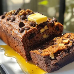 To make chocolate chip banana bread, you need simple ingredients. Here is the list: - Ripe bananas - Coconut oil - Brown sugar - Egg - Vanilla extract - Baking soda - Salt - All-purpose flour - Dark chocolate chips - Optional walnuts Using ripe bananas is key. They should have brown spots. This ripeness brings out the sweet flavor. Coconut oil adds moisture and a hint of coconut taste. Brown sugar adds depth and rich sweetness. Don't forget the egg! It helps bind everything together. Vanilla extract gives a nice aroma. Baking soda makes the bread rise. Salt enhances all the flavors. All-purpose flour is the base of our bread. Dark chocolate chips bring joy to every bite. If you like nuts, add walnuts for crunch. This is the full recipe for a delightful treat. 1. Preheat your oven to 350°F (175°C). Grease a 9x5 inch loaf pan with coconut oil or line it with parchment paper. 2. In a mixing bowl, take 3 ripe bananas and mash them until they are smooth. Then, add 1/3 cup of melted coconut oil and mix well. 3. Next, stir in 1/2 cup of brown sugar, 1 beaten egg, and 1 teaspoon of vanilla extract. Make sure everything is mixed together nicely. 4. Sprinkle 1 teaspoon of baking soda and a pinch of salt over the banana mixture. Gently mix it in. 5. Fold in 1 cup of all-purpose flour. Be careful not to overmix; it’s okay if there are a few lumps. 6. Now, gently mix in 1/2 cup of dark chocolate chips and 1/4 cup of chopped walnuts, if you want some crunch. 7. Pour the batter into the prepared loaf pan and smooth out the top with a spatula. 8. Bake for 50-60 minutes. Use a toothpick to check if it’s done; it should come out clean. 9. Once baked, let the bread cool in the pan for about 10 minutes. Then, move it to a wire rack to cool completely. You can find the full recipe [here]. To make great chocolate chip banana bread, start with ripe bananas. Look for bananas with brown spots. They are sweeter and softer. This ripeness gives your bread a rich flavor and moist texture. You can also freeze ripe bananas for later use. Just thaw them and mash when ready to bake. Do not overmix the batter. Mix until just combined. Overmixing makes the bread tough. A few lumps in the batter are okay. This keeps your bread soft and tender. I love serving this bread warm. Spread a little butter on top for a tasty treat. You can also drizzle honey over each slice. It adds a sweet touch that pairs well with chocolate. For a fun presentation, try garnishing with cocoa powder. A few extra chocolate chips on top look nice too. You can even add fresh fruit like sliced strawberries or bananas for color. One mistake I see often is adding too many chocolate chips. While chocolate is great, too many can overpower the bread. Stick to half a cup for the best balance. Another mistake is not allowing the bread to cool. Let it cool in the pan for about 10 minutes. Then, transfer it to a wire rack. This helps avoid a soggy bottom and keeps the texture perfect. {{image_2}} To make gluten-free chocolate chip banana bread, you can use alternative flours. Here are some great options: - Almond flour - Oat flour - Coconut flour - Gluten-free all-purpose flour When using these flours, keep these tips in mind: - Add a binder: Use xanthan gum or ground flaxseed to help bind the bread. - Adjust liquid: Some gluten-free flours absorb more liquid, so you may need to add a bit more wet ingredients. If you want a vegan version, replacing eggs is easy. Here are some egg replacement ideas: - 1/4 cup applesauce - 1/4 cup mashed banana (extra) - 1 tablespoon ground flaxseed mixed with 2.5 tablespoons water (let sit for 5 minutes) For vegan-friendly ingredients, use: - Plant-based butter or coconut oil - Dairy-free chocolate chips - Non-dairy milk like almond or soy You can change the taste of your chocolate chip banana bread with some fun mix-ins. Here are a few ideas: - Add spices: A teaspoon of cinnamon or nutmeg gives warmth and depth. - Incorporate nuts or seeds: Chopped walnuts, pecans, or sunflower seeds add crunch. You can find the full recipe for Choco-Banana Bliss Bread in the previous sections. Enjoy experimenting! To keep your chocolate chip banana bread fresh, store it in an airtight container. This protects it from air and moisture. You can also wrap it tightly in plastic wrap. Keep it at room temperature for up to three days. For longer storage, place it in the fridge. The cold air slows down spoilage. However, this can dry out the bread. If you notice it getting dry, warm it slightly before eating. Freezing your banana bread is a great way to keep it fresh for longer. To freeze, first let the bread cool completely. Then, wrap it tightly in plastic wrap. After that, place it in a freezer bag or container. Label it with the date. You can freeze the bread for up to three months. When you're ready to eat it, take it out and let it thaw at room temperature. For a quicker option, you can microwave individual slices for about 15-20 seconds. Enjoy your moist and tasty treat any time! For the full recipe, check out the steps above. To keep your chocolate chip banana bread moist, use ripe bananas. The riper the bananas, the more moisture they add. Also, don't overmix the batter when adding flour. Overmixing can make the bread tough. Another tip is to use melted coconut oil, which adds fat and moisture. You can also cover the bread with foil during baking after the first 30 minutes to prevent it from drying out. Yes, you can replace coconut oil with other oils. Common alternatives include vegetable oil, canola oil, or melted butter. Each oil has a different flavor, so choose one that fits your taste. Olive oil can work, but it may change the bread's flavor profile. Stick to neutral oils for the best results. The best bananas for banana bread are very ripe ones. Look for bananas with brown spots or even fully brown skins. These bananas will be sweeter and softer. Avoid green bananas, as they lack the needed sugar and moisture. You can also use frozen overripe bananas; just thaw and mash them before using in the recipe. Chocolate chip banana bread lasts about 3 to 4 days at room temperature. Store it in an airtight container to keep it fresh. If you want to keep it longer, freeze it. Properly wrapped, it can last for up to 3 months in the freezer. Just remember to thaw it at room temperature when you’re ready to enjoy it. To sum up, you can create a delicious chocolate chip banana bread with ripe bananas and simple ingredients. Follow the easy steps for mixing and baking. Remember to keep tips in mind for the best results. Explore variations if you want something new. Proper storage keeps it fresh longer. Enjoy warm slices or get creative with toppings. With practice, you'll master this tasty treat. Happy baking!