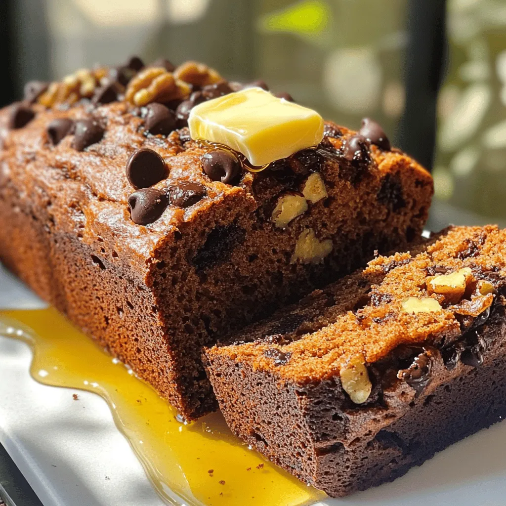 To make chocolate chip banana bread, you need simple ingredients. Here is the list: - Ripe bananas - Coconut oil - Brown sugar - Egg - Vanilla extract - Baking soda - Salt - All-purpose flour - Dark chocolate chips - Optional walnuts Using ripe bananas is key. They should have brown spots. This ripeness brings out the sweet flavor. Coconut oil adds moisture and a hint of coconut taste. Brown sugar adds depth and rich sweetness. Don't forget the egg! It helps bind everything together. Vanilla extract gives a nice aroma. Baking soda makes the bread rise. Salt enhances all the flavors. All-purpose flour is the base of our bread. Dark chocolate chips bring joy to every bite. If you like nuts, add walnuts for crunch. This is the full recipe for a delightful treat. 1. Preheat your oven to 350°F (175°C). Grease a 9x5 inch loaf pan with coconut oil or line it with parchment paper. 2. In a mixing bowl, take 3 ripe bananas and mash them until they are smooth. Then, add 1/3 cup of melted coconut oil and mix well. 3. Next, stir in 1/2 cup of brown sugar, 1 beaten egg, and 1 teaspoon of vanilla extract. Make sure everything is mixed together nicely. 4. Sprinkle 1 teaspoon of baking soda and a pinch of salt over the banana mixture. Gently mix it in. 5. Fold in 1 cup of all-purpose flour. Be careful not to overmix; it’s okay if there are a few lumps. 6. Now, gently mix in 1/2 cup of dark chocolate chips and 1/4 cup of chopped walnuts, if you want some crunch. 7. Pour the batter into the prepared loaf pan and smooth out the top with a spatula. 8. Bake for 50-60 minutes. Use a toothpick to check if it’s done; it should come out clean. 9. Once baked, let the bread cool in the pan for about 10 minutes. Then, move it to a wire rack to cool completely. You can find the full recipe [here]. To make great chocolate chip banana bread, start with ripe bananas. Look for bananas with brown spots. They are sweeter and softer. This ripeness gives your bread a rich flavor and moist texture. You can also freeze ripe bananas for later use. Just thaw them and mash when ready to bake. Do not overmix the batter. Mix until just combined. Overmixing makes the bread tough. A few lumps in the batter are okay. This keeps your bread soft and tender. I love serving this bread warm. Spread a little butter on top for a tasty treat. You can also drizzle honey over each slice. It adds a sweet touch that pairs well with chocolate. For a fun presentation, try garnishing with cocoa powder. A few extra chocolate chips on top look nice too. You can even add fresh fruit like sliced strawberries or bananas for color. One mistake I see often is adding too many chocolate chips. While chocolate is great, too many can overpower the bread. Stick to half a cup for the best balance. Another mistake is not allowing the bread to cool. Let it cool in the pan for about 10 minutes. Then, transfer it to a wire rack. This helps avoid a soggy bottom and keeps the texture perfect. {{image_2}} To make gluten-free chocolate chip banana bread, you can use alternative flours. Here are some great options: - Almond flour - Oat flour - Coconut flour - Gluten-free all-purpose flour When using these flours, keep these tips in mind: - Add a binder: Use xanthan gum or ground flaxseed to help bind the bread. - Adjust liquid: Some gluten-free flours absorb more liquid, so you may need to add a bit more wet ingredients. If you want a vegan version, replacing eggs is easy. Here are some egg replacement ideas: - 1/4 cup applesauce - 1/4 cup mashed banana (extra) - 1 tablespoon ground flaxseed mixed with 2.5 tablespoons water (let sit for 5 minutes) For vegan-friendly ingredients, use: - Plant-based butter or coconut oil - Dairy-free chocolate chips - Non-dairy milk like almond or soy You can change the taste of your chocolate chip banana bread with some fun mix-ins. Here are a few ideas: - Add spices: A teaspoon of cinnamon or nutmeg gives warmth and depth. - Incorporate nuts or seeds: Chopped walnuts, pecans, or sunflower seeds add crunch. You can find the full recipe for Choco-Banana Bliss Bread in the previous sections. Enjoy experimenting! To keep your chocolate chip banana bread fresh, store it in an airtight container. This protects it from air and moisture. You can also wrap it tightly in plastic wrap. Keep it at room temperature for up to three days. For longer storage, place it in the fridge. The cold air slows down spoilage. However, this can dry out the bread. If you notice it getting dry, warm it slightly before eating. Freezing your banana bread is a great way to keep it fresh for longer. To freeze, first let the bread cool completely. Then, wrap it tightly in plastic wrap. After that, place it in a freezer bag or container. Label it with the date. You can freeze the bread for up to three months. When you're ready to eat it, take it out and let it thaw at room temperature. For a quicker option, you can microwave individual slices for about 15-20 seconds. Enjoy your moist and tasty treat any time! For the full recipe, check out the steps above. To keep your chocolate chip banana bread moist, use ripe bananas. The riper the bananas, the more moisture they add. Also, don't overmix the batter when adding flour. Overmixing can make the bread tough. Another tip is to use melted coconut oil, which adds fat and moisture. You can also cover the bread with foil during baking after the first 30 minutes to prevent it from drying out. Yes, you can replace coconut oil with other oils. Common alternatives include vegetable oil, canola oil, or melted butter. Each oil has a different flavor, so choose one that fits your taste. Olive oil can work, but it may change the bread's flavor profile. Stick to neutral oils for the best results. The best bananas for banana bread are very ripe ones. Look for bananas with brown spots or even fully brown skins. These bananas will be sweeter and softer. Avoid green bananas, as they lack the needed sugar and moisture. You can also use frozen overripe bananas; just thaw and mash them before using in the recipe. Chocolate chip banana bread lasts about 3 to 4 days at room temperature. Store it in an airtight container to keep it fresh. If you want to keep it longer, freeze it. Properly wrapped, it can last for up to 3 months in the freezer. Just remember to thaw it at room temperature when you’re ready to enjoy it. To sum up, you can create a delicious chocolate chip banana bread with ripe bananas and simple ingredients. Follow the easy steps for mixing and baking. Remember to keep tips in mind for the best results. Explore variations if you want something new. Proper storage keeps it fresh longer. Enjoy warm slices or get creative with toppings. With practice, you'll master this tasty treat. Happy baking!