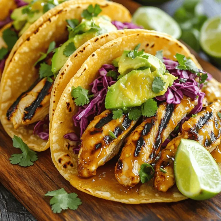 When making honey lime chicken tacos, you need fresh and simple ingredients. Each component adds flavor and texture to your meal. Here’s what you will need: - Boneless, skinless chicken breasts - Marinade components: honey, lime juice, olive oil - Spices and seasonings: garlic, cumin, chili powder, salt, and pepper - Tacos components: corn or flour tortillas, shredded red cabbage, avocado, fresh cilantro - Garnishing: lime wedges These ingredients come together for a tasty dish. The honey adds sweetness, while lime juice brings a zesty kick. The spices, like cumin and chili powder, enhance the chicken's flavor. Fresh toppings, like avocado and cilantro, create a nice crunch. You can find the full recipe here for easy preparation. Enjoy cooking! Start by whisking your marinade ingredients together. In a medium bowl, combine: - 1/4 cup honey - 1/4 cup fresh lime juice - 2 tablespoons olive oil - 2 cloves garlic, minced - 1 teaspoon cumin - 1 teaspoon chili powder - Salt and pepper to taste Mix them well until everything blends. The honey adds sweetness, while lime gives a nice tang. This balance makes the chicken taste great. Next, marinate the chicken. Place your 1 pound of boneless, skinless chicken breasts in a resealable plastic bag or a shallow dish. Pour the marinade over the chicken. Seal the bag or cover the dish tightly. Let it soak in the fridge for 30 minutes. This step makes the chicken juicy and flavorful. Now it’s time to cook the chicken. Preheat your grill or skillet to medium-high heat. When hot, remove the chicken from the marinade. Discard the marinade to keep it safe. Grill or cook the chicken for about 6-7 minutes on each side. Look for nice grill marks and ensure it is cooked through. To check for doneness, use a meat thermometer. The chicken should reach an internal temperature of 165°F. If you don’t have a thermometer, cut into the chicken. The meat should be white and juices should run clear. While the chicken rests, warm your tortillas. You can do this in a skillet or microwave until they are soft and pliable. This step makes them easier to fold. Now, it’s time to layer your tacos. Take a warm tortilla and place a few slices of grilled chicken in the center. Top it with: - Shredded red cabbage - Slices of ripe avocado - Fresh cilantro for garnish Finally, serve your tacos with lime wedges on the side. A squeeze of fresh lime adds a burst of flavor. Enjoy your Honey Lime Chicken Tacos! For the full recipe, check the details provided above. Marination Tips for Maximum Flavor Marinating your chicken is key to great taste. Use the marinade for at least 30 minutes. This time allows the honey and lime to soak in well. If you can, marinate it longer for deeper flavors. You can also add some zest from the lime for an extra kick. Spice Adjustments Adjust the spices to suit your taste. If you like heat, add more chili powder. For a smoky flavor, try adding smoked paprika. This small tweak can change the whole taste of your tacos. Grill vs. Skillet Cooking Both grilling and using a skillet work well. Grilling gives a nice char and flavor. A skillet allows easy cooking indoors. If you grill, keep the heat high for great grill marks. If you use a skillet, make sure to add a bit of oil to prevent sticking. Avoiding Overcooking Chicken To avoid dry chicken, check the cooking time. The chicken should cook for about 6-7 minutes per side. Use a meat thermometer to check for 165°F for safety. Let the chicken rest after cooking. This keeps the juices inside. Ideal Accompaniments Serve your tacos with fresh lime wedges. They add a zesty touch. You can also add a side of black beans or corn salad. These sides bring color and nutrition to your meal. Presentation Ideas Make your tacos look great on the plate. Arrange the tacos in a line with lime wedges around them. Add a sprinkle of cilantro on top. This adds freshness and looks appealing. You can also serve them on a colorful platter for a fun touch. For the complete recipe, check the [Full Recipe]. {{image_2}} You can switch the chicken for tofu or shrimp. Tofu absorbs flavors well. It makes a great vegetarian option. Use firm tofu and marinate it like chicken. For shrimp, use medium to large shrimp. Cook them until they turn pink, which takes only a few minutes. You might want to adjust the sweetness of the marinade. If you like it less sweet, reduce the honey. You can add a bit of extra lime juice. This change gives you a nice tangy taste. Want some heat? Add some diced jalapeños or a pinch of cayenne pepper to the marinade. You can also use hot sauce on top of the tacos. This brings a spicy kick that many people love. Adding fresh vegetables can level up your tacos. Try chopped tomatoes, diced onions, or corn for extra crunch. Fresh salsas, like mango or pico de gallo, also brighten up the dish. They add color and flavor. If you're gluten-free, use corn tortillas. They taste great and hold the filling well. Always check the label to ensure they are gluten-free. For vegan adaptations, swap chicken for plant-based proteins like jackfruit or tempeh. Use maple syrup instead of honey for sweetness. This keeps the taste delicious while being plant-based. To keep your Honey Lime Chicken Tacos fresh, store any leftovers in the fridge. First, place the chicken in an airtight container. This helps keep it moist. You can store the tortillas and toppings in separate containers. This way, they stay fresh and crisp. - Best Practices for Refrigeration: Cool the food before sealing it. Hot food can create steam, which leads to sogginess. Use containers that fit snugly to save space. - Freezing Chicken and Tacos: You can freeze the chicken for later use. Wrap it tightly in plastic wrap and then in foil. For tacos, freeze the chicken and tortillas separately. You can also freeze toppings like shredded cabbage. When you're ready to enjoy leftovers, you have two great options. - Microwave: Place the chicken on a microwave-safe plate. Cover it with a damp paper towel. Heat for about 1-2 minutes. Check if it's warm enough. - Oven Techniques: Preheat your oven to 350°F (175°C). Place the chicken on a baking sheet. Cover with foil and heat for about 10-15 minutes. This keeps the chicken juicy. For the best taste and safety, follow these guidelines: - Duration for Best Quality: Store the chicken in the fridge for up to 3 days. If frozen, it can last up to 3 months. The longer it sits, the more the flavor and texture may change. Enjoy your Honey Lime Chicken Tacos at their best! To check if your chicken is ready, use a meat thermometer. The internal temperature should reach 165°F (75°C). This temperature ensures your chicken is safe to eat. If you do not have a thermometer, cut into the thickest part of the chicken. The meat should be white, not pink. Yes! Making the marinade in advance is a smart move. It saves time and allows the flavors to deepen. Just store it in the fridge until you are ready to use it. This way, your chicken will soak up all that yummy honey-lime goodness. These tacos pair well with many side dishes. Consider serving them with: - Black beans - Corn salad - Mexican rice - Fresh pico de gallo For drinks, a light beer or a fresh lime soda works great. You can store leftover tacos in the fridge for up to 3 days. Keep them in an airtight container to maintain freshness. When you’re ready to eat, reheat them gently on the stove or in the microwave. Enjoy your tasty leftovers! In this post, we covered delicious Honey Lime Chicken Tacos. We explored key ingredients, from juicy chicken to fresh garnishes. I outlined simple steps for marinating, cooking, and assembling your tacos. Plus, I shared tips for flavor and cooking methods. Don't forget about variations to suit your taste or diet. Proper storage and reheating help you enjoy leftovers too. Cooking can be fun, and these tacos offer a tasty way to impress anyone at your table. Get cooking and enjoy every bite!