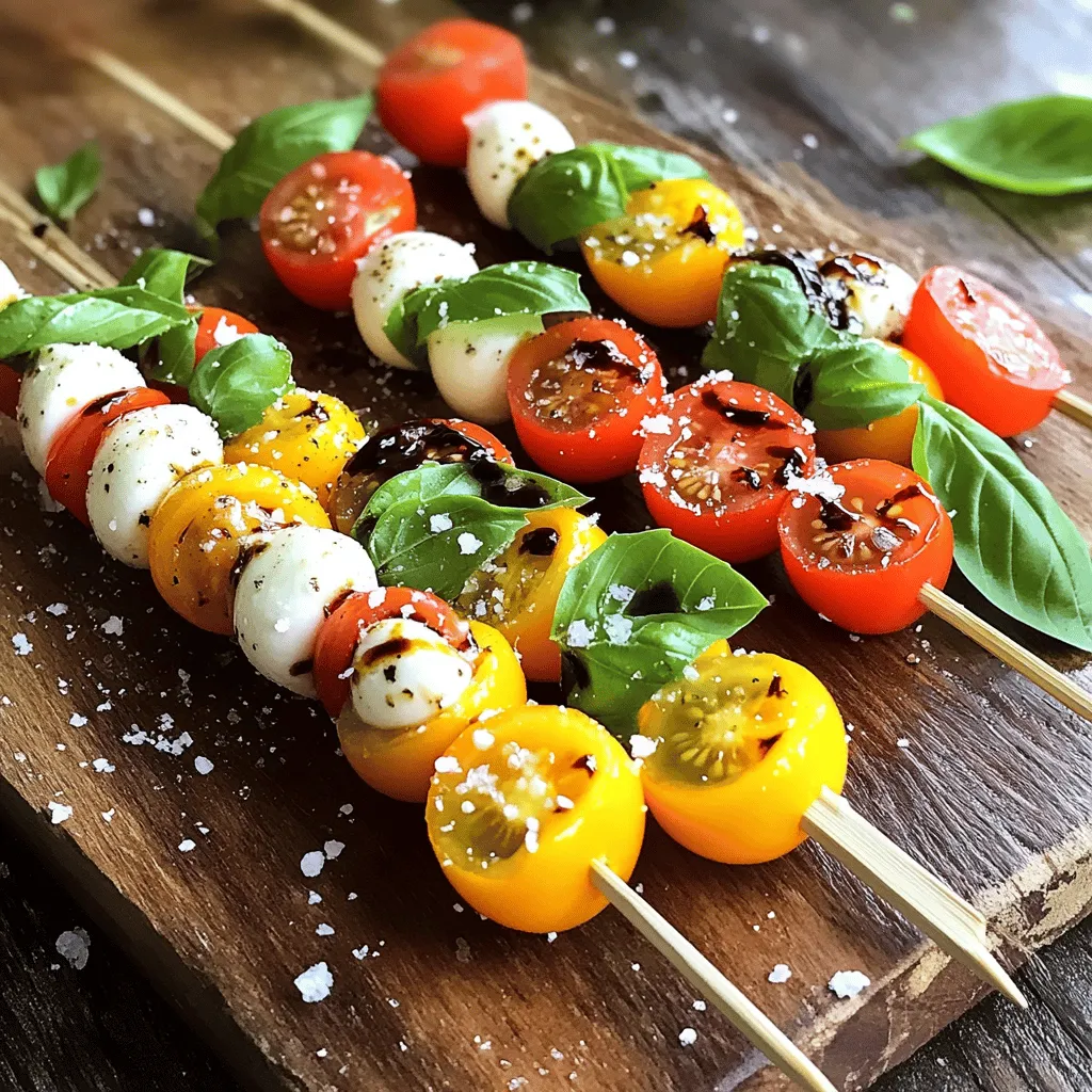 - 1 pint cherry tomatoes, halved - 8 oz fresh mozzarella balls (bocconcini) - 1 bunch fresh basil leaves - 2 tablespoons balsamic glaze - 1 tablespoon extra virgin olive oil - Salt and pepper to taste - Skewers (wooden or metal, about 6 inches long) When it comes to making Caprese salad skewers, the quality of your ingredients matters. You want the best flavors to shine through. Choosing ripe tomatoes Look for cherry tomatoes that are firm and bright in color. They should smell sweet. Ripe tomatoes taste better and add a pop of freshness. Picking quality mozzarella Fresh mozzarella balls should feel soft and moist. They should be slightly springy to the touch. Avoid dry mozzarella, as it lacks flavor and texture. Fresh vs. dried basil Use fresh basil for the best taste. It adds a fragrant aroma and vibrant flavor. Dried basil won’t give you the same fresh taste. Always choose fresh leaves when you can. By focusing on these tips, you ensure your Caprese salad skewers are a fresh and flavorful delight. For the complete recipe, check out the Full Recipe! - Soak wooden skewers in water for 30 minutes. This helps stop burning. - Gather your fresh ingredients. You will need cherry tomatoes, mozzarella, and basil. - Start with a skewer. Thread on a cherry tomato half, then a basil leaf, followed by a mozzarella ball. - Repeat these layers until the skewer is full, but leave space at the ends for holding. - Aim to make about 12 skewers with all the ingredients from the Full Recipe. - Drizzle extra virgin olive oil over the assembled skewers. This adds rich flavor. - Sprinkle them with salt and pepper to enhance taste. - Finish with a drizzle of balsamic glaze on top or serve it on the side for dipping. - For a nice touch, arrange the skewers on a platter. Add some whole basil leaves for color and freshness. You can easily make your Caprese skewers even better. Try adding prosciutto or olives for a salty kick. These ingredients mix well with the fresh flavors. You can also use other cheeses like goat cheese or feta. Each cheese adds a different taste. Don't be afraid to play around with flavors. When serving your skewers, pair them with dips or sauces. A nice pesto or hummus works well. They add extra flavor and excitement. As for drinks, try a light white wine or sparkling water. These drinks enhance the fresh taste of the skewers. To boost flavor, add fresh herbs or spices. Chopped mint or oregano can brighten your dish. Balancing acidity is also key. Use balsamic glaze for a sweet touch. A bit of sweetness can soften the tang. These tips will help you create the best Caprese Salad Skewers. For a detailed recipe, check out the Full Recipe. {{image_2}} Caprese salad skewers are fun to make and eat. You can change them up for any season or diet. Using seasonal produce keeps the flavors fresh. In summer, try ripe tomatoes and sweet peaches. For winter, use roasted peppers or even small squash. You can also add seasonal herbs like dill or mint. This makes the skewers bright and colorful. At summer BBQs, these skewers shine. They are easy to grab and eat. You can even grill them for extra flavor. In winter, serve them warm with a cozy dip. This way, they fit right into your gatherings. These skewers work for many diets. They are naturally vegetarian. To make them vegan, swap mozzarella with avocado or vegan cheese. This keeps the creamy texture while staying plant-based. If you need gluten-free options, these skewers are safe. Use gluten-free soy sauce in your dips. This way, everyone can enjoy them without worry. Make your skewers more exciting by adding international flair. For a Mediterranean twist, include olives and artichoke hearts. This adds depth and a touch of saltiness. You can also try Asian flavors. Use sesame oil instead of olive oil. Add some fresh ginger for a zing. This gives your skewers a unique taste profile. With these twists, each skewer tells a different story. For the full recipe, check out the Caprese Salad Skewers section above. To keep your Caprese salad skewers fresh, store them in the fridge. Use a clean, airtight container. This helps keep the skewers from drying out. Place a damp paper towel on top of the skewers. This adds moisture and keeps the basil from wilting. Skewers can last for up to two days when stored this way. For long-term storage, you can freeze the assembled skewers. Wrap them in plastic wrap or foil to prevent freezer burn. When ready to eat, thaw them in the fridge overnight. Avoid microwaving them directly. Instead, use a low heat oven to warm them back up. This keeps the flavors intact and the cheese creamy. Each ingredient in your skewers has its own shelf life. Cherry tomatoes last about a week in the fridge, while mozzarella lasts about five days. Fresh basil wilts quickly, so use it within two days for best results. To avoid spoilage, check your ingredients regularly. Remove any spoiled items to keep the rest fresh. For more details, refer to the Full Recipe for Caprese Salad Skewers. Yes, you can prepare Caprese Salad Skewers ahead of time. To do this, assemble the skewers as usual, but keep them in the fridge. If you cover them lightly, they will stay fresh. You can add the balsamic glaze just before serving. This way, the flavors remain bright and tasty. If you want to skip mozzarella, there are great options. Feta cheese is a tasty choice. It adds a nice salty kick. You can also use goat cheese for a creamy texture. Another fun idea is to use cubed cheddar or gouda. These cheeses will still work well with tomatoes and basil. Caprese Salad Skewers pair well with many sides. A fresh green salad complements them nicely. You can also serve garlic bread for a crunchy bite. For drinks, a light white wine or sparkling water works well. These options enhance the meal without overpowering the skewers. Caprese salad skewers are a fun and fresh dish. This blog covered key ingredients, tips for selecting them, and step-by-step instructions for easy assembly. You can customize the skewers with different flavors and ingredients. Plus, I shared storage tips and tasty variations to suit any occasion. Remember, balance is key for great taste. Enjoy making these skewers for your next gathering, and have fun experimenting with new ideas. Simple and delicious, these skewers are perfect for sharing!