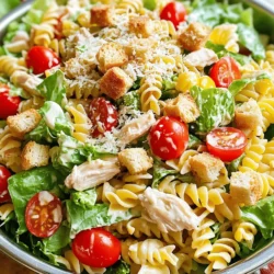 - 2 cups rotini pasta: This pasta shape holds sauce well, making each bite tasty. - 1 tablespoon olive oil: Use extra virgin for a rich flavor. - 2 cups cooked chicken breast, diced: Grilled or rotisserie chicken adds great taste. - 1 cup romaine lettuce, chopped: This gives a fresh crunch to the salad. - 1/2 cup cherry tomatoes, halved: These add sweetness and color. - 1/4 cup grated Parmesan cheese: Choose a high-quality brand for best flavor. - 1/4 cup Caesar dressing: Select a creamy dressing for a classic taste. - 1 teaspoon garlic powder: This boosts the flavor without overpowering. - 1/2 teaspoon black pepper: Freshly ground adds a nice kick. - 1/4 teaspoon salt: Use sea salt for a fine taste. - Optional: Croutons for garnish, adding crunch and texture. For high-quality brands, look for local markets that offer fresh ingredients. Specialty stores often have better olive oils and dressings. You can customize your salad by trying different proteins or adding more veggies based on what you like. To make a tasty Chicken Caesar Pasta Salad, follow these easy steps. 1. Cook the Pasta: Start by boiling 2 cups of rotini pasta. Follow the package directions for timing. Once done, drain the pasta. Rinse it with cold water. This helps stop the cooking. Set the pasta aside. 2. Mix Ingredients: In a large bowl, add your cooked pasta. Then, add 2 cups of diced chicken breast. Next, mix in 1 cup of chopped romaine lettuce and 1/2 cup of halved cherry tomatoes. 3. Dress the Salad: Drizzle 1 tablespoon of olive oil and 1/4 cup of Caesar dressing over the salad. This gives it a rich flavor. 4. Season Well: Sprinkle in 1 teaspoon of garlic powder, 1/2 teaspoon of black pepper, and 1/4 teaspoon of salt. Toss gently to mix everything well. 5. Add Cheese: Use 1/4 cup of grated Parmesan cheese. Add it to the bowl and toss lightly again. This adds creaminess and a savory taste. 6. Garnish: If you want extra crunch, feel free to add croutons on top. They make the salad more fun to eat. 7. Serve or Chill: You can serve the salad right away. Or, refrigerate it for 30 minutes. This lets the flavors blend together nicely. - Use a big pot with lots of water. This helps the pasta cook evenly. - Stir the pasta within the first few minutes. This stops it from sticking. - Taste a piece before draining. It should be "al dente," meaning firm but not hard. - Always wash your hands before cooking. - Rinse veggies like romaine lettuce and tomatoes under cold water. - Keep raw chicken separate from other foods to avoid cross-contamination. For a complete set of steps and measurements, check the Full Recipe. To make your Chicken Caesar Pasta Salad even better, think about adding herbs and spices. Fresh basil or parsley can brighten the dish. You can also try a pinch of red pepper flakes for a little heat. For dressings, store-bought Caesar is great, but homemade is best. Mix 1/2 cup of mayo, 1 tablespoon of lemon juice, 1 teaspoon of Dijon mustard, and 1 clove of minced garlic. This mix really boosts the flavor. Balancing textures is key. Your salad needs both crunch and softness. The romaine lettuce stays crispy, while the pasta is soft. Add croutons for extra crunch. They give a nice bite against the creamy dressing. Explore the Full Recipe for easy steps to create this tasty salad! {{image_2}} Customization is key to making any dish your own. Chicken Caesar Pasta Salad is no different. Here are some fun ideas to switch it up! - Dietary Restrictions: For gluten-free needs, use gluten-free pasta. Many brands make tasty options. For a vegetarian version, skip the chicken and add chickpeas or grilled veggies. They pack in protein and flavor! - Creative Ingredient Swaps: You can swap chicken for shrimp or turkey. Both choices add great taste. Try adding bell peppers or cucumbers for extra crunch. Fresh herbs like basil or parsley can also brighten the dish. - Seasonal Variations: In spring, toss in peas or asparagus. In summer, add corn or diced zucchini. Fall is great for roasted squash. Winter calls for hearty greens like kale. Each season brings new life to this dish! These options help you create a Chicken Caesar Pasta Salad that fits your taste and needs. Enjoy exploring all the different flavors! You can find the full recipe [here](#). To keep Chicken Caesar Pasta Salad fresh, store it in an airtight container. This helps to lock in flavor and moisture. Refrigerate it right away after serving. If you want to freeze the salad, separate the dressing. Freeze only the pasta and chicken without the veggies. This keeps the salad from getting soggy. When ready to eat, thaw it in the fridge overnight. To prevent sogginess, add the lettuce and tomatoes fresh, right before serving. Keep them in a separate container until you are ready to eat. When reheating, use a microwave. Heat it gently to warm it up. Avoid overheating, as it can make the pasta mushy. If you want a cold salad, enjoy it straight from the fridge. For the full recipe, check out the Ultimate Chicken Caesar Pasta Salad. Can I make Chicken Caesar Pasta Salad ahead of time? Yes, you can make this salad ahead of time. Just mix the pasta and other ingredients. Keep the dressing separate until serving. This keeps everything fresh and crisp. You can store it in the fridge for up to 24 hours. What can I substitute for Caesar dressing? If you need a substitute, try ranch or Greek yogurt dressing. Both add flavor and creaminess. You can also mix olive oil, lemon juice, and Parmesan cheese. This gives a nice taste without the Caesar dressing. How long does Chicken Caesar Pasta Salad last in the fridge? This salad lasts about 3 days in the fridge. After that, the ingredients may get soggy. Always check for freshness before eating. If it smells off or looks strange, throw it away. Can I use canned chicken for this recipe? Yes, you can use canned chicken. It saves time and is convenient. Make sure to drain and rinse it well. This helps remove excess sodium and improves the taste. For the best flavor, I recommend using shredded canned chicken. For more details on making this dish, check the Full Recipe. This blog post covered all you need to make a tasty Chicken Caesar Pasta Salad. You learned about key ingredients, step-by-step instructions, and helpful tips to boost flavor. You saw how to customize the dish for various diets and how to store leftovers. Remember, cooking is about creativity. Feel free to experiment with ingredients and flavors. With this guide, you're ready to whip up your own Chicken Caesar Pasta Salad easily. Enjoy making this dish and sharing it with friends or family. Happy cooking!