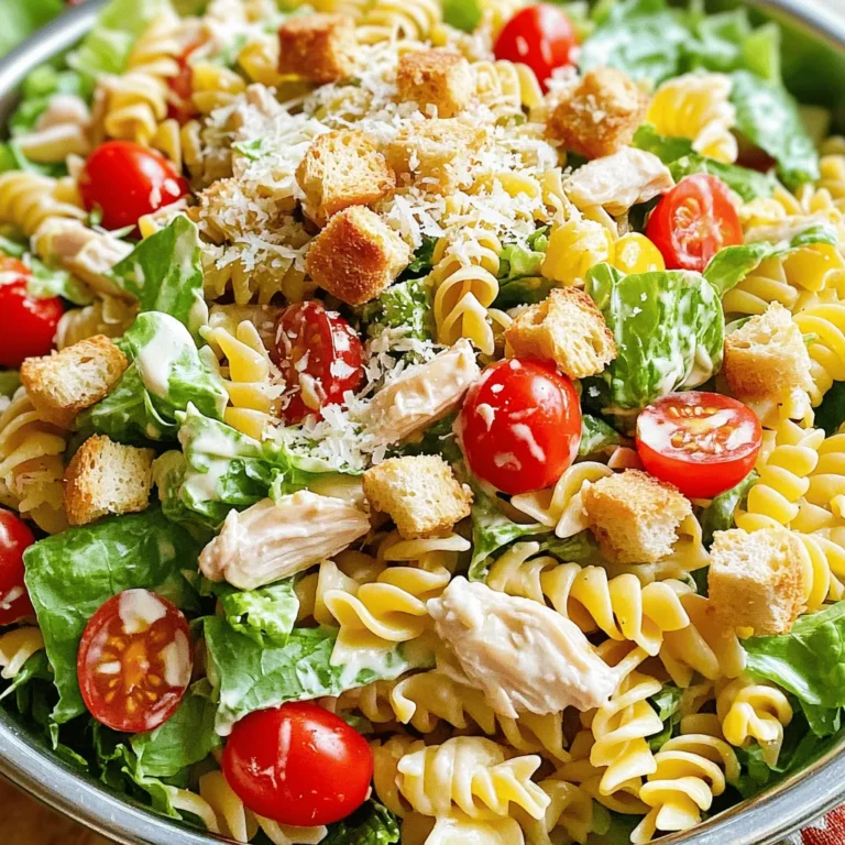 - 2 cups rotini pasta: This pasta shape holds sauce well, making each bite tasty. - 1 tablespoon olive oil: Use extra virgin for a rich flavor. - 2 cups cooked chicken breast, diced: Grilled or rotisserie chicken adds great taste. - 1 cup romaine lettuce, chopped: This gives a fresh crunch to the salad. - 1/2 cup cherry tomatoes, halved: These add sweetness and color. - 1/4 cup grated Parmesan cheese: Choose a high-quality brand for best flavor. - 1/4 cup Caesar dressing: Select a creamy dressing for a classic taste. - 1 teaspoon garlic powder: This boosts the flavor without overpowering. - 1/2 teaspoon black pepper: Freshly ground adds a nice kick. - 1/4 teaspoon salt: Use sea salt for a fine taste. - Optional: Croutons for garnish, adding crunch and texture. For high-quality brands, look for local markets that offer fresh ingredients. Specialty stores often have better olive oils and dressings. You can customize your salad by trying different proteins or adding more veggies based on what you like. To make a tasty Chicken Caesar Pasta Salad, follow these easy steps. 1. Cook the Pasta: Start by boiling 2 cups of rotini pasta. Follow the package directions for timing. Once done, drain the pasta. Rinse it with cold water. This helps stop the cooking. Set the pasta aside. 2. Mix Ingredients: In a large bowl, add your cooked pasta. Then, add 2 cups of diced chicken breast. Next, mix in 1 cup of chopped romaine lettuce and 1/2 cup of halved cherry tomatoes. 3. Dress the Salad: Drizzle 1 tablespoon of olive oil and 1/4 cup of Caesar dressing over the salad. This gives it a rich flavor. 4. Season Well: Sprinkle in 1 teaspoon of garlic powder, 1/2 teaspoon of black pepper, and 1/4 teaspoon of salt. Toss gently to mix everything well. 5. Add Cheese: Use 1/4 cup of grated Parmesan cheese. Add it to the bowl and toss lightly again. This adds creaminess and a savory taste. 6. Garnish: If you want extra crunch, feel free to add croutons on top. They make the salad more fun to eat. 7. Serve or Chill: You can serve the salad right away. Or, refrigerate it for 30 minutes. This lets the flavors blend together nicely. - Use a big pot with lots of water. This helps the pasta cook evenly. - Stir the pasta within the first few minutes. This stops it from sticking. - Taste a piece before draining. It should be "al dente," meaning firm but not hard. - Always wash your hands before cooking. - Rinse veggies like romaine lettuce and tomatoes under cold water. - Keep raw chicken separate from other foods to avoid cross-contamination. For a complete set of steps and measurements, check the Full Recipe. To make your Chicken Caesar Pasta Salad even better, think about adding herbs and spices. Fresh basil or parsley can brighten the dish. You can also try a pinch of red pepper flakes for a little heat. For dressings, store-bought Caesar is great, but homemade is best. Mix 1/2 cup of mayo, 1 tablespoon of lemon juice, 1 teaspoon of Dijon mustard, and 1 clove of minced garlic. This mix really boosts the flavor. Balancing textures is key. Your salad needs both crunch and softness. The romaine lettuce stays crispy, while the pasta is soft. Add croutons for extra crunch. They give a nice bite against the creamy dressing. Explore the Full Recipe for easy steps to create this tasty salad! {{image_2}} Customization is key to making any dish your own. Chicken Caesar Pasta Salad is no different. Here are some fun ideas to switch it up! - Dietary Restrictions: For gluten-free needs, use gluten-free pasta. Many brands make tasty options. For a vegetarian version, skip the chicken and add chickpeas or grilled veggies. They pack in protein and flavor! - Creative Ingredient Swaps: You can swap chicken for shrimp or turkey. Both choices add great taste. Try adding bell peppers or cucumbers for extra crunch. Fresh herbs like basil or parsley can also brighten the dish. - Seasonal Variations: In spring, toss in peas or asparagus. In summer, add corn or diced zucchini. Fall is great for roasted squash. Winter calls for hearty greens like kale. Each season brings new life to this dish! These options help you create a Chicken Caesar Pasta Salad that fits your taste and needs. Enjoy exploring all the different flavors! You can find the full recipe [here](#). To keep Chicken Caesar Pasta Salad fresh, store it in an airtight container. This helps to lock in flavor and moisture. Refrigerate it right away after serving. If you want to freeze the salad, separate the dressing. Freeze only the pasta and chicken without the veggies. This keeps the salad from getting soggy. When ready to eat, thaw it in the fridge overnight. To prevent sogginess, add the lettuce and tomatoes fresh, right before serving. Keep them in a separate container until you are ready to eat. When reheating, use a microwave. Heat it gently to warm it up. Avoid overheating, as it can make the pasta mushy. If you want a cold salad, enjoy it straight from the fridge. For the full recipe, check out the Ultimate Chicken Caesar Pasta Salad. Can I make Chicken Caesar Pasta Salad ahead of time? Yes, you can make this salad ahead of time. Just mix the pasta and other ingredients. Keep the dressing separate until serving. This keeps everything fresh and crisp. You can store it in the fridge for up to 24 hours. What can I substitute for Caesar dressing? If you need a substitute, try ranch or Greek yogurt dressing. Both add flavor and creaminess. You can also mix olive oil, lemon juice, and Parmesan cheese. This gives a nice taste without the Caesar dressing. How long does Chicken Caesar Pasta Salad last in the fridge? This salad lasts about 3 days in the fridge. After that, the ingredients may get soggy. Always check for freshness before eating. If it smells off or looks strange, throw it away. Can I use canned chicken for this recipe? Yes, you can use canned chicken. It saves time and is convenient. Make sure to drain and rinse it well. This helps remove excess sodium and improves the taste. For the best flavor, I recommend using shredded canned chicken. For more details on making this dish, check the Full Recipe. This blog post covered all you need to make a tasty Chicken Caesar Pasta Salad. You learned about key ingredients, step-by-step instructions, and helpful tips to boost flavor. You saw how to customize the dish for various diets and how to store leftovers. Remember, cooking is about creativity. Feel free to experiment with ingredients and flavors. With this guide, you're ready to whip up your own Chicken Caesar Pasta Salad easily. Enjoy making this dish and sharing it with friends or family. Happy cooking!