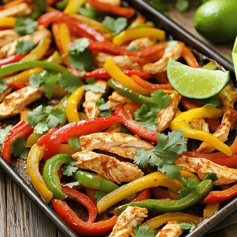 To make sheet pan chicken fajitas, gather these fresh ingredients: - 1 lb (450g) boneless, skinless chicken breasts, sliced into thin strips - 1 red bell pepper, sliced - 1 yellow bell pepper, sliced - 1 green bell pepper, sliced - 1 medium red onion, sliced - 3 tablespoons olive oil - 2 teaspoons chili powder - 1 teaspoon cumin - 1 teaspoon smoked paprika - 1/2 teaspoon garlic powder - 1/2 teaspoon onion powder - Salt and pepper to taste - Fresh cilantro, chopped (for garnish) - Lime wedges (for serving) - Flour or corn tortillas (for serving) Each ingredient brings a unique taste and health benefit. The chicken provides lean protein, which is great for muscle health. Bell peppers add vibrant colors and are rich in vitamins A and C. Red onion enhances flavor and offers antioxidants. Olive oil is a healthy fat that can help lower heart disease risk. The blend of spices, like chili powder and cumin, adds warmth and depth to the dish, making it truly flavorful. You can swap ingredients easily based on what you have. If you want a leaner option, use turkey instead of chicken. For a vegetarian option, try using mushrooms or tofu. Any color of bell pepper works, so feel free to mix it up. If you don’t have fresh herbs, dried cilantro will do. No tortillas? Serve the mixture over rice or in a salad for a tasty twist. First, preheat your oven to 425°F (220°C). This high heat helps cook the chicken and veggies quickly. Line a large baking sheet with parchment paper. This makes cleanup easy. Next, take a large bowl. Add the sliced chicken, red bell pepper, yellow bell pepper, and red onion. This mix of colors looks great and tastes even better. In another bowl, whisk together the olive oil, chili powder, cumin, smoked paprika, garlic powder, onion powder, salt, and pepper. This spice mix adds a lot of flavor. Pour it over the chicken and vegetables. Toss everything well so all the pieces are coated. Now, spread the chicken and veggie mix evenly on your baking sheet. Make sure they are in a single layer. This helps everything cook evenly. Bake for 20 to 25 minutes. Stir halfway through to ensure even cooking. The chicken should be cooked through, and the veggies should be tender. When done, take it out of the oven and let it rest for a few minutes. This helps the juices settle. Use a spatula to transfer the fajita mix to a serving platter. Garnish with fresh cilantro. Serve with lime wedges and warm tortillas. For the full recipe, check back to the top. To make sure your chicken turns out juicy, consider these tips: - Cut your chicken into thin strips. Thin pieces cook faster and stay tender. - Use fresh vegetables. They add better flavor and texture. - Don’t overcrowd the baking sheet. Space allows for even roasting. For the vegetables, keep an eye on your bake time. If they start to burn, remove them early. You want them tender, not mushy. Oven temperature is key. Always use a reliable oven thermometer. If your oven runs cool, your food may not cook right. Keep an eye on the chicken and vegetables while they bake. If you have thicker chicken pieces, they may need extra time. Use a meat thermometer to check. The chicken should reach 165°F (75°C). This ensures it's safe to eat. If you notice the vegetables browning too fast, cover them with aluminum foil. This keeps them from burning while the chicken finishes cooking. To make sheet pan chicken fajitas, you need a few key items. First, a large baking sheet is a must. It allows all the chicken and veggies to roast evenly. A cutting board and sharp knife help you slice the chicken and vegetables easily. You will also need mixing bowls for combining the ingredients. Lastly, a whisk is great for mixing the spices and oil. To boost flavor, use fresh spices. Fresh herbs like cilantro add brightness. A squeeze of lime before serving gives a nice zing. For extra crunch, try adding sliced jalapeños or diced tomatoes. If you want a smoky flavor, consider using smoked salt. Roasting on high heat caramelizes the veggies, making them sweet and tender. Avoid overcrowding the baking sheet. If you pile on too much food, it steams instead of roasts. This means less flavor and texture. Another mistake is not preheating the oven. A hot oven helps the chicken cook evenly. Be careful with the seasoning; it’s easy to add too much salt. Start with less and adjust before cooking. Use the full recipe for great results every time. {{image_2}} You can adjust the heat of your fajitas. For spicy fajitas, add more chili powder. You can also include jalapeños or chipotle peppers for extra kick. If you prefer mild flavors, reduce the chili powder. Use sweet peppers instead of spicy ones. This way, everyone can enjoy the meal. If you want a meat-free option, swap chicken for tofu or tempeh. Both are great protein sources. You can also use black beans or lentils for more texture. For a vegan twist, stick with the veggies. Use zucchini, mushrooms, or eggplant for a hearty dish. They roast well and soak up all the flavors. Get creative with your spices! Try adding taco seasoning or even curry powder for a twist. You can also mix in some fruit, like pineapple or mango. They add sweetness and a fun flavor contrast. Experimenting with flavors makes cooking exciting and keeps your meals fresh. Don't be afraid to try new things! For the full recipe, check out the [Full Recipe]. To keep your sheet pan chicken fajitas fresh, store them in an air-tight container. Make sure they cool down before sealing. You can keep them in the fridge for up to three days. If you want to enjoy them longer, consider freezing. Just remember to separate the chicken from the tortillas and toppings. When you're ready to eat the leftovers, reheat them in the oven. Preheat it to 350°F (175°C). Spread the chicken and veggies on a baking sheet. Heat for about 10-15 minutes until warm. This method helps keep the texture nice. You can also use a microwave, but this may make them a bit soggy. For meal prep, freeze your cooked fajitas in a freezer-safe bag. Remove as much air as you can to avoid freezer burn. They can last up to three months. To enjoy, thaw them in the fridge overnight. Then, reheat as mentioned above for a delicious meal anytime. You should cook sheet pan chicken fajitas for 20 to 25 minutes. Set your oven to 425°F (220°C). This high heat helps the chicken cook quickly and keeps the veggies crisp. Always check that the chicken is fully cooked, reaching an internal temperature of 165°F (74°C). Yes, you can use frozen chicken breast. However, it will take longer to cook. I suggest thawing the chicken first for even cooking. If you use frozen chicken, check it often. You want it to be juicy and tender, not dry. You can serve chicken fajitas with many tasty sides. Here are some ideas: - Rice or quinoa - Refried beans or black beans - Fresh guacamole - Salsa or pico de gallo - Sour cream or Greek yogurt - A side salad with fresh greens These sides will add more flavor and texture to your meal, making it even more fun! Yes, you can prep chicken fajitas ahead. Slice the chicken and veggies a day before. Store them in the fridge until you are ready to cook. This saves time and makes dinner easy. Just mix the spices when you're ready to bake. Absolutely! You can use steak, shrimp, or even pork. Just adjust the cooking time. Each meat has a different cook time, so be sure to check for doneness. This way, you can enjoy your favorite flavors. Yes, it is perfect for meal prep! Just make extra and store leftovers in the fridge. They last for about 3 to 4 days. You can reheat them quickly for a fast meal during the week. For the full recipe, check the details above. Enjoy your cooking! In this post, we explored delicious sheet pan chicken fajitas, from ingredients to cooking tips. We discussed the complete ingredient list, their benefits, and easy substitutes. I shared step-by-step instructions that ensure perfect chicken and veggies. You learned about tools and common mistakes to avoid. I also highlighted fun variations like spicy, vegetarian, and unique flavor combos. Lastly, we covered how to store and reheat leftovers effectively. Now, you can make tasty fajitas that suit your taste. Enjoy your cooking adventure and share your results!