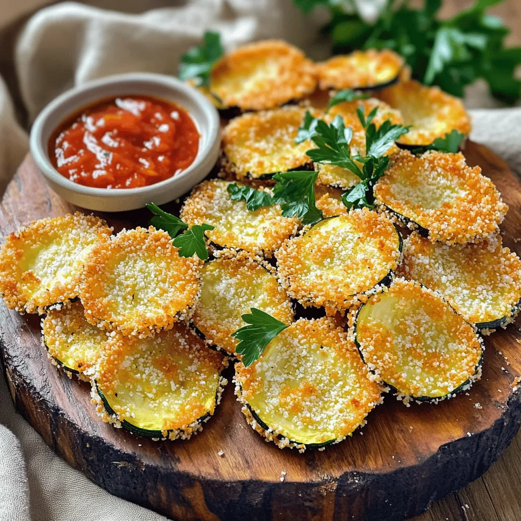 To make Baked Zucchini Parmesan Chips, you need: - 2 medium zucchinis - 1 cup grated Parmesan cheese - 1 cup breadcrumbs (preferably whole wheat) - 1 teaspoon garlic powder - 1 teaspoon onion powder - 1 teaspoon dried oregano - 1/2 teaspoon black pepper - 1/2 teaspoon salt - 2 large eggs - Olive oil spray These ingredients work together to create a crunchy, tasty snack that satisfies. Zucchini is low in calories and high in nutrients. It has a lot of water, so it helps keep you hydrated. Eating zucchini can improve your digestion because it has fiber. The fiber helps your tummy feel good. Zucchini also gives you vitamins A and C. These vitamins help keep your skin healthy and boost your immune system. If you want to switch things up, you can try different ingredients. For example, use nutritional yeast instead of Parmesan for a vegan option. You can swap breadcrumbs with crushed nuts for extra crunch. If you don’t have garlic powder, fresh garlic works well too. Just chop it finely. Use any herbs you like if you want to change the flavor. This way, you can make the recipe fit your taste! For the full recipe, refer back to the beginning. To start, wash the zucchinis well. Then, slice them into thin rounds. Aim for about 1/4 inch thick. This size helps them cook evenly. Place the slices on a clean kitchen towel. Pat them dry to remove excess moisture. This step makes your chips crispier. Next, grab two bowls. In one bowl, beat the eggs until mixed well. In the second bowl, combine the grated Parmesan cheese, breadcrumbs, garlic powder, onion powder, dried oregano, black pepper, and salt. Mix these ingredients together. Now, take a zucchini slice. Dip it in the egg mixture, letting any extra drip off. After that, coat it in the breadcrumb mix. Press gently to help it stick. Repeat this for all the zucchini slices. Now, preheat your oven to 225°F (110°C). Line two baking sheets with parchment paper. Place the coated zucchini chips in a single layer on the sheets. Lightly spray them with olive oil to help them crisp up. Bake the chips for about 1.5 hours. Flip them halfway through for even cooking. Keep an eye on them to avoid burning. Once they turn golden and crispy, take them out. Let them cool for a few minutes before serving. For more details, check out the full recipe. To make your zucchini chips extra crispy, slice them thin. Aim for about 1/4 inch thickness. Thinner slices will cook faster and crisp up better. After slicing, sprinkle some salt on the zucchini rounds. Let them sit for about 10 minutes. This helps draw out moisture. Pat them dry with paper towels before coating. Finally, spray them lightly with olive oil. This will help them crisp up in the oven. If you have leftover zucchini chips, store them in an airtight container. Let them cool completely before sealing to avoid moisture buildup. Keep them at room temperature for the best texture. They will stay fresh for about 2 days. For longer storage, consider freezing them. Place chips in a single layer on a baking sheet and freeze. Once frozen, transfer them to a freezer bag. Serve your baked zucchini chips warm for the best taste. I love to pair them with marinara sauce for dipping. You can also try ranch dressing or a garlic aioli for added flavor. For a fun twist, sprinkle some fresh herbs on top before serving. You can also mix in different spices into the breadcrumb coating for unique flavors. Check out the Full Recipe for more ideas! {{image_2}} You can change up the cheese in this recipe. Try cheddar or mozzarella for a new taste. You can also add spices like paprika or cayenne for some heat. Mixing in some Italian seasoning can give it a nice herb flavor too. Each change can make the chips taste unique and fun. You can easily make these chips vegan. Instead of eggs, use a flaxseed meal. Mix one tablespoon of flaxseed meal with three tablespoons of water. Let it sit for five minutes until it thickens. For cheese, try nutritional yeast or vegan cheese. These swaps keep the great flavor while being plant-based. Pair your zucchini chips with tasty dips. Marinara sauce adds a classic touch. You can also serve them with hummus or guacamole for a fun twist. If you like a kick, try a spicy ranch dressing. These dips make your snack more exciting and tasty. For the full recipe of Baked Zucchini Parmesan Chips, check out the main article. After you make these tasty zucchini chips, let them cool completely. Store them in an airtight container. I like to use a glass jar or a plastic food container. This keeps them fresh and crispy. Avoid stacking the chips; they might break. You can also place parchment paper between layers to protect them. If stored properly, baked zucchini chips last about 3 to 5 days in the fridge. They may lose some crunch after a couple of days, so enjoy them fresh! Before eating, check for any signs of dampness or off-smells. If they seem stale, you can reheat them in the oven for a few minutes to regain some crispiness. You can freeze baked zucchini chips for longer storage. First, make sure they are fully cooled. Place them in a single layer on a baking sheet. Freeze them for about an hour. Once frozen, transfer them to a freezer bag. They can last up to 2 months in the freezer. When you’re ready to eat, bake them straight from the freezer. Enjoy the crispy goodness anytime! For the full recipe, check out the earlier section. Yes, you can air fry these chips. Air frying gives them a nice crunch. Set your air fryer to 375°F (190°C). Cook the zucchini chips for 10-15 minutes. Flip them halfway for even cooking. Keep an eye on them to avoid burning. If you want extra crunch, spray them lightly with olive oil. The best temperature to bake zucchini chips is 225°F (110°C). This low heat helps the chips dry out. It takes longer but makes them crispy. Bake for about 1.5 hours. Always flip them halfway through cooking. This ensures they cook evenly and get that perfect crunch. To add some heat, use spices like cayenne pepper or chili powder. Mix these spices into your breadcrumb mixture. You can also add crushed red pepper flakes. Adjust the amount based on your taste. Try adding hot sauce to the egg mixture for an extra kick. Enjoy your spicy twist on these delicious chips! For the full recipe, check out the details above. Baked zucchini parmesan chips are a tasty, healthy snack. We covered the key ingredients and their health benefits, along with easy steps to prepare them. I shared tips for extra crispiness and creative variations, including vegan options. Proper storage methods ensure you enjoy leftovers longer. If you're ready to whip up this delicious dish, go for it! You'll love how easy it is to make and enjoy. Your healthy snack game just got a boost with these baked zucchini chips.