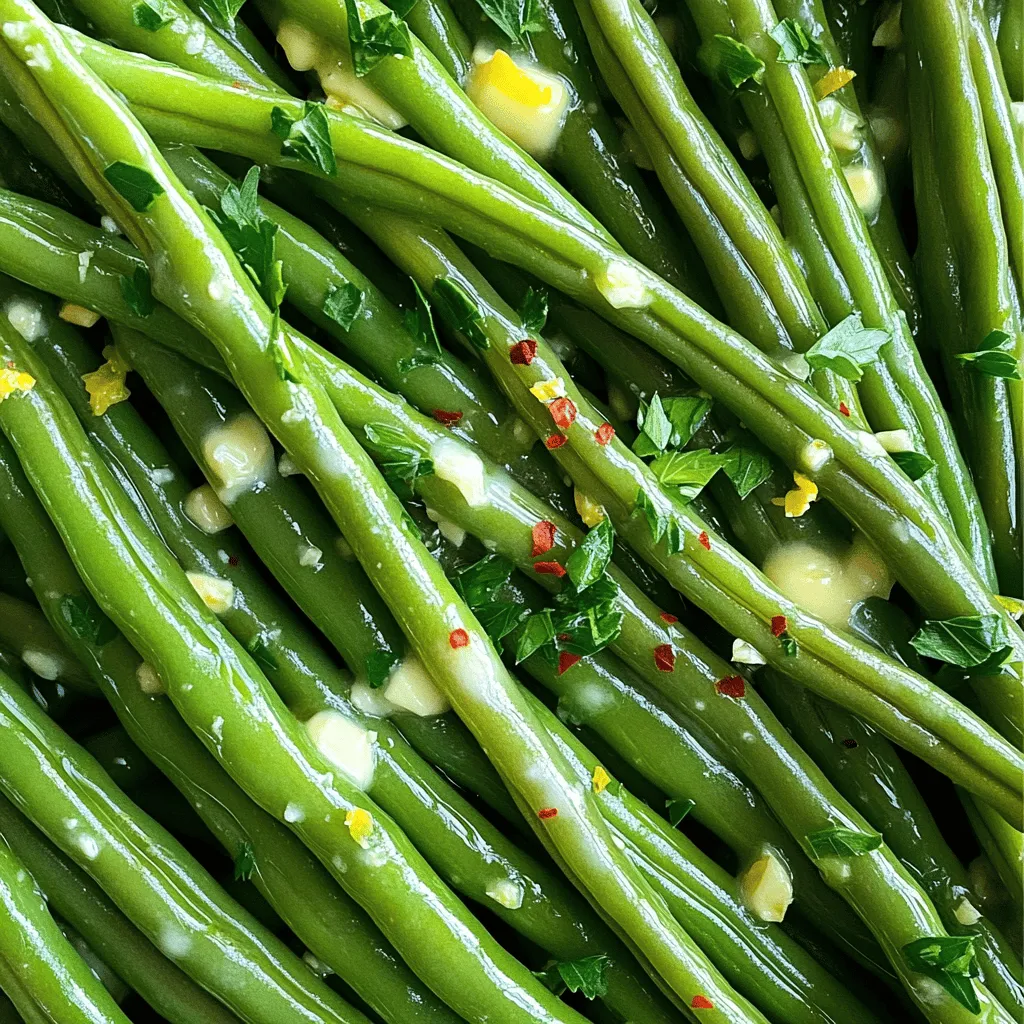 - 1 pound fresh green beans, trimmed - 3 tablespoons unsalted butter - 4 cloves garlic, minced - 1 teaspoon lemon zest - 1 tablespoon lemon juice - Salt and pepper to taste - 1/4 teaspoon red pepper flakes (optional) - Fresh parsley, chopped for garnish To make garlic butter green beans, you need fresh green beans. They give a crisp texture and a bright color. I choose unsalted butter for cooking. It melts well and blends nicely with the garlic. You will need minced garlic, which adds rich flavor. Fresh garlic works best. Lemon zest and juice bring brightness. They help cut through the richness of the butter. Season your dish with salt and pepper. If you like heat, add red pepper flakes. Finally, fresh parsley adds a touch of color and flavor as a garnish. I like to keep my ingredients simple and fresh. You can find all these ingredients at your local store. For the full recipe, check out the detailed instructions. First, fill a medium pot with salted water and bring it to a boil. This salt helps bring out the flavor of the green beans. Once boiling, add 1 pound of fresh green beans. Boil them for 3-4 minutes. You want them bright green and tender-crisp. Next, prepare an ice bath. Fill a large bowl with ice and cold water. After the green beans finish cooking, quickly transfer them to the ice bath. This stops the cooking and keeps the beans crunchy. Let them sit for about 5 minutes, then drain well. Now, it’s time to make the garlic butter. In a large skillet, add 3 tablespoons of unsalted butter. Heat the skillet over medium heat until the butter melts. Once melted, add 4 cloves of minced garlic. Sauté the garlic for 1-2 minutes. You want it fragrant but not browned. This step adds a rich flavor to the dish. Now, add the blanched green beans to the skillet. Stir them gently to coat with the garlic butter. Drizzle in 1 tablespoon of lemon juice and add 1 teaspoon of lemon zest. These add brightness and balance to the dish. Stir well to combine. Next, season the beans with salt, pepper, and 1/4 teaspoon of red pepper flakes if you like some heat. Sauté everything for an additional 2-3 minutes. This ensures the beans heat through and absorb the flavors. Now you have a delicious side dish ready to serve! For the full recipe, check out the earlier section. - Overcooking the green beans: This can make them mushy. Cook them just until bright green and tender. - Not using enough seasoning: Garlic and butter need a good balance of salt. Taste as you cook. - Fresh vs. dried garlic: Fresh garlic gives a strong taste. Dried garlic can be convenient but lacks freshness. Always choose fresh when you can. - Importance of butter quality: Use high-quality unsalted butter. It enhances flavor and allows you to control the salt level. - How to garnish effectively: Fresh parsley adds color and freshness. Sprinkle it on right before serving for best effect. - Serving suggestions on various dishes: Garlic butter green beans pair well with grilled meats, pasta, or rice. They add a pop of color and flavor to any plate. For the complete cooking process, check the Full Recipe. {{image_2}} You can easily change the flavor of garlic butter green beans. Adding nuts, like almonds or walnuts, gives a nice crunch. Nuts add protein and healthy fats too. They make the dish feel more special. You can also add cheese. Parmesan or feta brings a creamy texture that pairs well with the beans. Cheese adds saltiness and depth to the dish. If you want a lighter option, try olive oil instead of butter. Olive oil keeps the flavor but cuts down on saturated fat. It works well in this recipe and adds a nice taste. You can also add other vegetables. Carrots or bell peppers mix well with green beans. They add color and nutrients, making the dish even better. You can cook green beans in different ways. Cooking in the oven gives them a roasted flavor. Just toss them with garlic butter and bake until tender. The stovetop method is quick and easy. It lets you watch the beans closely. Grilling green beans adds a smoky taste that is hard to beat. The high heat gives them a char that enhances the flavor. You can try any of these methods to switch things up. For the full recipe, check out the Garlic Butter Green Beans section. To keep your garlic butter green beans fresh, store them in the fridge. Use an airtight container to prevent moisture loss. These beans stay good for about 3 to 4 days. After that, they may lose flavor and texture. When reheating, aim to keep the beans crisp. The best way is to use a skillet over medium heat. Add a splash of water or a little butter to help steam them. This method helps avoid sogginess and keeps the beans tasty. If you have extra green beans, freezing is a great option. First, let them cool completely. Place them in freezer-safe bags, and remove as much air as possible. They can last up to 3 months in the freezer. To thaw, move them to the fridge overnight. Reheat them in a skillet to bring back their texture. Enjoy your garlic butter green beans even after a long time! To keep green beans crunchy, cook them for 3-4 minutes. This time allows them to be bright green and tender but still crisp. After cooking, quickly move them to an ice bath. This stops the cooking and preserves their crunch. For a firmer bite, reduce the cooking time by one minute. Yes, you can prepare garlic butter green beans ahead of time. Cook the beans and garlic butter as directed. Let them cool, then store in an airtight container. You can keep them in the fridge for up to three days. Reheat them in a skillet over low heat to maintain their taste and texture. Many spices enhance garlic butter green beans. Consider trying: - Thyme for an earthy flavor - Basil for a fresh note - Onion powder for extra depth - Paprika for a smoky taste Feel free to mix and match to find what you love best. Absolutely! This recipe is vegetarian-friendly. It uses butter and fresh vegetables. Always check your butter brand to ensure it suits your dietary needs. You can also swap butter with olive oil for a vegan option. Enjoy this dish with confidence, knowing it fits many diets. Garlic butter green beans combine simple ingredients for a tasty dish. We covered the main steps: preparing the beans, making garlic butter, and combining them well. I shared tips to avoid mistakes, enhance flavor, and serve nicely. If you want to change things up, we explored variations too. Remember that storing and reheating correctly keeps your dish fresh. Enjoy these green beans as a side or healthy snack!