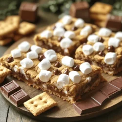 To make S’mores cookie bars, gather these ingredients: - 1 cup unsalted butter, softened - 1 cup brown sugar, packed - ½ cup granulated sugar - 2 large eggs - 1 teaspoon vanilla extract - 2 ½ cups all-purpose flour - 1 teaspoon baking soda - ½ teaspoon salt - 1 cup semi-sweet chocolate chips - 1 cup mini marshmallows - 1 cup graham cracker crumbs These ingredients create a deliciously gooey and sweet treat. The butter adds richness, and the sugars bring sweetness. Eggs bind everything together. Vanilla gives a lovely flavor. Flour provides structure, while baking soda helps them rise. Salt enhances all the flavors. Chocolate chips and marshmallows add that famous S’mores taste. Finally, graham cracker crumbs give a crunchy base. If you need to make swaps, here are some options: - For a dairy-free version, use coconut oil or vegan butter instead of regular butter. Both options work well and keep the bars moist. - If you need gluten-free flour, use almond flour or a gluten-free all-purpose blend. This will change the texture a bit, but they will still taste great. Feel free to experiment with these swaps to fit your diet. Get creative, and enjoy a tasty treat! For the full recipe, check out the provided link. Start by preheating your oven to 350°F (175°C). This step ensures your bars bake evenly. Next, grease a 9x13 inch baking pan. You can also line it with parchment paper. This makes it easy to lift out the bars later. Using parchment paper is key. It helps prevent sticking. You want your S’mores Cookie Bars to come out in one piece, right? Plus, it makes cleanup a breeze. In a large bowl, cream together 1 cup of softened butter, 1 cup of brown sugar, and ½ cup of granulated sugar. Mix until the mixture is light and fluffy. This step adds air, which helps the bars rise. Add 2 large eggs, one at a time. Mix well after each egg. Then stir in 1 teaspoon of vanilla extract. This gives the bars a lovely flavor that pairs perfectly with chocolate and marshmallows. In another bowl, whisk together 2 ½ cups of all-purpose flour, 1 teaspoon of baking soda, and ½ teaspoon of salt. Mixing these dry ingredients separately helps everything blend better later. Now, gradually add the dry mix to the wet mix. Stir until just combined. Be careful not to overmix! Once combined, fold in 1 cup of semi-sweet chocolate chips, 1 cup of mini marshmallows, and 1 cup of graham cracker crumbs. This is where the magic happens. You want these ingredients evenly spread throughout the dough. Now it’s time to bake! Press the dough firmly into your prepared baking pan. Reserve some mini marshmallows and chocolate chips for topping. Sprinkle them on top and press them lightly into the mixture. Bake in the preheated oven for 25-30 minutes. Look for golden edges and a set center. The bars are done when they pull away from the sides of the pan. Let them cool for at least 10 minutes before lifting them out. This cooling time helps them hold their shape when you cut them into bars. For a fun twist, you can use a kitchen torch to lightly toast the tops just before serving. This adds a campfire touch to your S’mores Cookie Bars. Enjoy your sweet treat delight! To make the best S’mores Cookie Bars, aim for the perfect texture. You want them chewy, not cake-like. Use room temperature butter for easy mixing. Cream it well with the sugars until it's light and fluffy. This step adds air, giving your bars a nice lift. Prevent overmixing by mixing just until the flour disappears. Stirring too much can lead to tough bars. When you fold in the chocolate chips and graham cracker crumbs, be gentle. This keeps the dough tender and delicious. Presentation matters! Serve your cookie bars on a wooden platter. Add mini chocolate squares and graham crackers on the side. This gives a fun, campfire feel. Pair these bars with vanilla ice cream for a sweet contrast. A hot cup of coffee also works well. It balances the sweetness and makes the treat even more enjoyable. If your bars are undercooked, simply return them to the oven. Bake for an extra 5-10 minutes. Check for a golden edge and a set center. To avoid overly crumbly or dry bars, do not overbake. Pay close attention to the baking time. When they cool, they will firm up but still stay soft inside. That’s the goal! {{image_2}} You can easily change the taste of S’mores cookie bars. One fun option is to add peanut butter or Nutella to the dough. This twist adds a rich, nutty flavor that pairs well with chocolate. Just mix in about ½ cup for a sweet surprise in every bite. Another way to switch things up is by using different types of chocolate. You can try white chocolate, dark chocolate, or even milk chocolate. Each type gives a unique taste and feel to your bars. For a fun mix, combine all three types of chocolate chips. The blend will surprise your taste buds. You can make S’mores cookie bars fit any holiday or season. For Halloween, add festive sprinkles or use pumpkin spice in the dough. In winter, consider adding peppermint extract for a fresh twist. These small changes can make your treats feel special and festive. Incorporating spices like cinnamon in the fall is another great choice. It adds warmth and depth to the flavor. Just mix in about 1 teaspoon of ground cinnamon to your dough. It gives a cozy vibe perfect for chilly nights with friends. For those with dietary restrictions, there are many options. If you want a vegan version, swap the butter for coconut oil or vegan butter. Instead of eggs, you can use flax eggs made from ground flaxseed and water. This keeps the bars delicious while meeting plant-based diets. If you are looking for a low-sugar option, use sugar substitutes like stevia or monk fruit. These alternatives can help you enjoy sweet treats while watching your sugar intake. Plus, you can play around with the amounts, making the recipe fit your taste. S’mores cookie bars are versatile. You can adapt them to fit your cravings or needs. With these variations, you can enjoy this sweet treat in many fun ways. For the complete recipe, check the Full Recipe above. To keep S’mores Cookie Bars fresh, use an airtight container. A glass or plastic container works best. This keeps the bars soft and moist. If you want to stack them, place parchment paper between layers. You can store cookie bars at room temperature or in the fridge. Room temperature storage is great for up to five days. Just make sure they stay cool and dry. If you prefer a firmer texture, the fridge is a good choice. They can last up to a week in the fridge. S’mores Cookie Bars can last for about five days at room temperature. In the fridge, they can stay fresh for up to a week. Look for signs of spoilage. If the bars smell off or change color, it’s best to toss them. Mold is a clear sign that they’re no longer good. Freezing S’mores Cookie Bars is easy. First, let them cool completely. Then, wrap individual bars in plastic wrap. Place the wrapped bars in a freezer-safe bag. They can last for up to three months in the freezer. When you’re ready to enjoy them, take a bar out. Let it thaw at room temperature for about an hour. Alternatively, you can warm them in the microwave for a few seconds. This brings back that gooey, melty goodness. For more tips, check the Full Recipe for guidance! To cut S’mores Cookie Bars neatly, wait until they cool. Use a sharp knife for clean cuts. You can also run the knife under hot water. This helps it glide through the bars. For best results, cut them into even squares or rectangles. If you want to serve them warm, simply warm each piece in the microwave for a few seconds. This makes the chocolate melt a bit, adding to the gooey goodness. Yes, you can make S’mores Cookie Bars ahead of time. Once they cool, store them in an airtight container. They last about 3-5 days at room temperature. If you want to keep them longer, store them in the fridge. To reheat, place the bars in the microwave for about 10-15 seconds. This will make them soft and tasty again. If you don’t have graham crackers, don’t worry! You can use crushed vanilla wafers or digestive biscuits instead. They give a similar sweet flavor and crumbly texture. Another option is to use crushed pretzels for a salty twist. You can also make a simple cookie crust with flour, butter, and sugar. This gives a different taste but still works well in the recipe. You learned how to make S’mores Cookie Bars from scratch. We covered key ingredients, step-by-step steps, and helpful tips. You can adapt the recipe to suit your taste and needs. Try new flavors or adjust for diet restrictions. Proper storage keeps your bars fresh and delicious. Now, get ready to impress friends and family with your tasty treats. Enjoy the fun of baking these bars and share them with others. You’ll create sweet memories, one bite at a time.