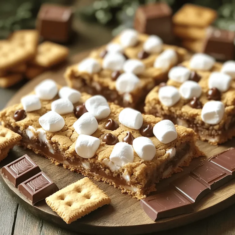 To make S’mores cookie bars, gather these ingredients: - 1 cup unsalted butter, softened - 1 cup brown sugar, packed - ½ cup granulated sugar - 2 large eggs - 1 teaspoon vanilla extract - 2 ½ cups all-purpose flour - 1 teaspoon baking soda - ½ teaspoon salt - 1 cup semi-sweet chocolate chips - 1 cup mini marshmallows - 1 cup graham cracker crumbs These ingredients create a deliciously gooey and sweet treat. The butter adds richness, and the sugars bring sweetness. Eggs bind everything together. Vanilla gives a lovely flavor. Flour provides structure, while baking soda helps them rise. Salt enhances all the flavors. Chocolate chips and marshmallows add that famous S’mores taste. Finally, graham cracker crumbs give a crunchy base. If you need to make swaps, here are some options: - For a dairy-free version, use coconut oil or vegan butter instead of regular butter. Both options work well and keep the bars moist. - If you need gluten-free flour, use almond flour or a gluten-free all-purpose blend. This will change the texture a bit, but they will still taste great. Feel free to experiment with these swaps to fit your diet. Get creative, and enjoy a tasty treat! For the full recipe, check out the provided link. Start by preheating your oven to 350°F (175°C). This step ensures your bars bake evenly. Next, grease a 9x13 inch baking pan. You can also line it with parchment paper. This makes it easy to lift out the bars later. Using parchment paper is key. It helps prevent sticking. You want your S’mores Cookie Bars to come out in one piece, right? Plus, it makes cleanup a breeze. In a large bowl, cream together 1 cup of softened butter, 1 cup of brown sugar, and ½ cup of granulated sugar. Mix until the mixture is light and fluffy. This step adds air, which helps the bars rise. Add 2 large eggs, one at a time. Mix well after each egg. Then stir in 1 teaspoon of vanilla extract. This gives the bars a lovely flavor that pairs perfectly with chocolate and marshmallows. In another bowl, whisk together 2 ½ cups of all-purpose flour, 1 teaspoon of baking soda, and ½ teaspoon of salt. Mixing these dry ingredients separately helps everything blend better later. Now, gradually add the dry mix to the wet mix. Stir until just combined. Be careful not to overmix! Once combined, fold in 1 cup of semi-sweet chocolate chips, 1 cup of mini marshmallows, and 1 cup of graham cracker crumbs. This is where the magic happens. You want these ingredients evenly spread throughout the dough. Now it’s time to bake! Press the dough firmly into your prepared baking pan. Reserve some mini marshmallows and chocolate chips for topping. Sprinkle them on top and press them lightly into the mixture. Bake in the preheated oven for 25-30 minutes. Look for golden edges and a set center. The bars are done when they pull away from the sides of the pan. Let them cool for at least 10 minutes before lifting them out. This cooling time helps them hold their shape when you cut them into bars. For a fun twist, you can use a kitchen torch to lightly toast the tops just before serving. This adds a campfire touch to your S’mores Cookie Bars. Enjoy your sweet treat delight! To make the best S’mores Cookie Bars, aim for the perfect texture. You want them chewy, not cake-like. Use room temperature butter for easy mixing. Cream it well with the sugars until it's light and fluffy. This step adds air, giving your bars a nice lift. Prevent overmixing by mixing just until the flour disappears. Stirring too much can lead to tough bars. When you fold in the chocolate chips and graham cracker crumbs, be gentle. This keeps the dough tender and delicious. Presentation matters! Serve your cookie bars on a wooden platter. Add mini chocolate squares and graham crackers on the side. This gives a fun, campfire feel. Pair these bars with vanilla ice cream for a sweet contrast. A hot cup of coffee also works well. It balances the sweetness and makes the treat even more enjoyable. If your bars are undercooked, simply return them to the oven. Bake for an extra 5-10 minutes. Check for a golden edge and a set center. To avoid overly crumbly or dry bars, do not overbake. Pay close attention to the baking time. When they cool, they will firm up but still stay soft inside. That’s the goal! {{image_2}} You can easily change the taste of S’mores cookie bars. One fun option is to add peanut butter or Nutella to the dough. This twist adds a rich, nutty flavor that pairs well with chocolate. Just mix in about ½ cup for a sweet surprise in every bite. Another way to switch things up is by using different types of chocolate. You can try white chocolate, dark chocolate, or even milk chocolate. Each type gives a unique taste and feel to your bars. For a fun mix, combine all three types of chocolate chips. The blend will surprise your taste buds. You can make S’mores cookie bars fit any holiday or season. For Halloween, add festive sprinkles or use pumpkin spice in the dough. In winter, consider adding peppermint extract for a fresh twist. These small changes can make your treats feel special and festive. Incorporating spices like cinnamon in the fall is another great choice. It adds warmth and depth to the flavor. Just mix in about 1 teaspoon of ground cinnamon to your dough. It gives a cozy vibe perfect for chilly nights with friends. For those with dietary restrictions, there are many options. If you want a vegan version, swap the butter for coconut oil or vegan butter. Instead of eggs, you can use flax eggs made from ground flaxseed and water. This keeps the bars delicious while meeting plant-based diets. If you are looking for a low-sugar option, use sugar substitutes like stevia or monk fruit. These alternatives can help you enjoy sweet treats while watching your sugar intake. Plus, you can play around with the amounts, making the recipe fit your taste. S’mores cookie bars are versatile. You can adapt them to fit your cravings or needs. With these variations, you can enjoy this sweet treat in many fun ways. For the complete recipe, check the Full Recipe above. To keep S’mores Cookie Bars fresh, use an airtight container. A glass or plastic container works best. This keeps the bars soft and moist. If you want to stack them, place parchment paper between layers. You can store cookie bars at room temperature or in the fridge. Room temperature storage is great for up to five days. Just make sure they stay cool and dry. If you prefer a firmer texture, the fridge is a good choice. They can last up to a week in the fridge. S’mores Cookie Bars can last for about five days at room temperature. In the fridge, they can stay fresh for up to a week. Look for signs of spoilage. If the bars smell off or change color, it’s best to toss them. Mold is a clear sign that they’re no longer good. Freezing S’mores Cookie Bars is easy. First, let them cool completely. Then, wrap individual bars in plastic wrap. Place the wrapped bars in a freezer-safe bag. They can last for up to three months in the freezer. When you’re ready to enjoy them, take a bar out. Let it thaw at room temperature for about an hour. Alternatively, you can warm them in the microwave for a few seconds. This brings back that gooey, melty goodness. For more tips, check the Full Recipe for guidance! To cut S’mores Cookie Bars neatly, wait until they cool. Use a sharp knife for clean cuts. You can also run the knife under hot water. This helps it glide through the bars. For best results, cut them into even squares or rectangles. If you want to serve them warm, simply warm each piece in the microwave for a few seconds. This makes the chocolate melt a bit, adding to the gooey goodness. Yes, you can make S’mores Cookie Bars ahead of time. Once they cool, store them in an airtight container. They last about 3-5 days at room temperature. If you want to keep them longer, store them in the fridge. To reheat, place the bars in the microwave for about 10-15 seconds. This will make them soft and tasty again. If you don’t have graham crackers, don’t worry! You can use crushed vanilla wafers or digestive biscuits instead. They give a similar sweet flavor and crumbly texture. Another option is to use crushed pretzels for a salty twist. You can also make a simple cookie crust with flour, butter, and sugar. This gives a different taste but still works well in the recipe. You learned how to make S’mores Cookie Bars from scratch. We covered key ingredients, step-by-step steps, and helpful tips. You can adapt the recipe to suit your taste and needs. Try new flavors or adjust for diet restrictions. Proper storage keeps your bars fresh and delicious. Now, get ready to impress friends and family with your tasty treats. Enjoy the fun of baking these bars and share them with others. You’ll create sweet memories, one bite at a time.