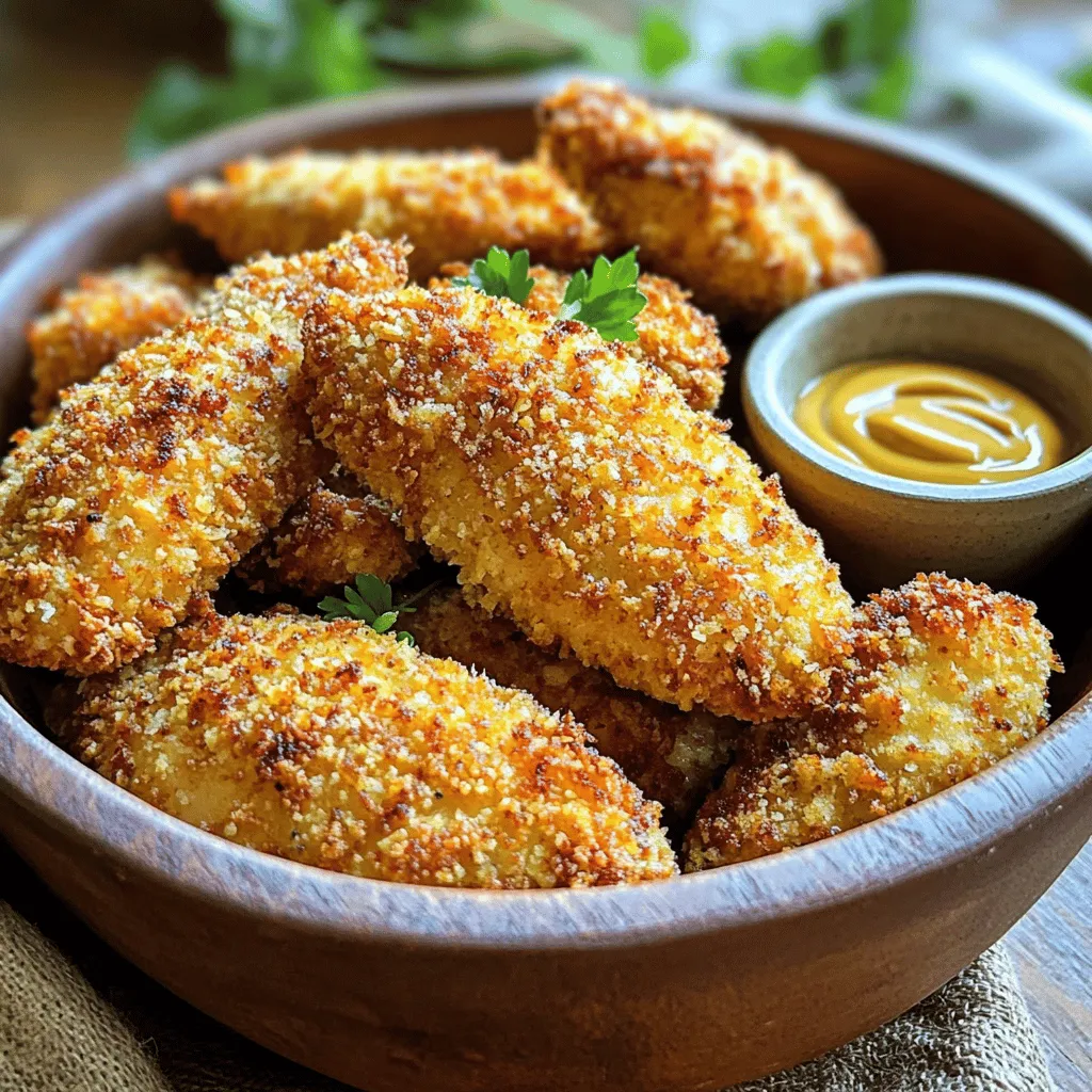 - 1 pound boneless, skinless chicken breasts - 1 cup buttermilk or substitute - 1 cup breadcrumbs (panko recommended) - 1 teaspoon garlic powder - 1 teaspoon onion powder - 1 teaspoon smoked paprika - 1 teaspoon salt - 1/2 teaspoon black pepper - 1/2 cup all-purpose flour - 2 large eggs, beaten - Olive oil spray For this recipe, you will need just a few simple items. The main star is the chicken. I recommend using boneless, skinless chicken breasts. They are easy to work with and tender after cooking. The buttermilk adds a nice tang and helps keep the chicken moist. If you don't have buttermilk, mix regular milk with a little lemon juice. Next, we have breadcrumbs. I love using panko because it makes the tenders extra crispy. You can also use regular breadcrumbs, but panko gives the best crunch. Now, let’s talk about the seasonings. Garlic powder, onion powder, smoked paprika, salt, and black pepper work together to make the chicken flavorful. These spices will give the tenders that delicious taste you crave. To coat the chicken, you will need all-purpose flour and eggs. The flour helps the breadcrumbs stick better. The eggs give a nice binding layer. Finally, a light spray of olive oil helps everything crisp up in the air fryer. This combination creates the perfect crispy air fryer chicken tenders. For the full recipe, check out the detailed instructions. - Combine chicken and buttermilk in a bowl. - Add garlic powder, onion powder, smoked paprika, salt, and black pepper. Mix it well. - Refrigerate the mixture for at least 30 minutes. This helps the meat soak up all the flavors. - Set up three shallow bowls. One for flour, one for eggs, and one for breadcrumbs. - Organize your workspace for easy access. This saves time and keeps things neat. - Take the marinated chicken from the fridge. Let excess liquid drip off. - Dredge each strip in flour first, then dip into the beaten eggs. - Coat it with breadcrumbs. Press them down to ensure they stick well. - Preheat your air fryer to 400°F (200°C). This takes about 5 minutes. - Place the breaded chicken in a single layer in the basket. - Cook for 10-12 minutes, flipping halfway through. Aim for a golden-brown color. To make the crispiest chicken tenders, I have a couple of tricks. First, use panko breadcrumbs instead of regular ones. Panko gives a great crunch. Second, lightly spray the tenders with olive oil before cooking. This helps them brown nicely in the air fryer. Always check if your chicken is done. Use a meat thermometer for this task. It should read 165°F (75°C) inside. This way, you ensure the chicken is safe to eat. No one wants to serve undercooked chicken! When it comes to serving, dipping sauces can make a big difference. I recommend honey mustard, ranch, or barbecue sauce. Pair these with some crunchy veggies or crispy fries for a complete meal. You can also add a fresh salad on the side for a nice touch. For the full recipe, check out the Crispy Air Fryer Chicken Tenders section. {{image_2}} You can change up the flavor of your chicken tenders. For a spicy kick, add cayenne pepper to your seasoning mix. Just a teaspoon adds heat without overpowering the dish. If you prefer herbs, try Italian seasoning. This blend gives a fresh taste and works well with the crispy texture. If you need a gluten-free option, you can still enjoy these tenders. Use gluten-free breadcrumbs and gluten-free flour in place of regular ones. They will still turn out crispy and delicious. Many brands offer great alternatives, so check your local store. While the air fryer gives you crispy chicken tenders quickly, you can also bake them. Preheat your oven to 425°F (220°C). Place the breaded chicken on a baking sheet lined with parchment paper. Bake for 15-20 minutes, flipping halfway for even cooking. This method is still tasty and easy, especially if you’re cooking for a crowd. For the full recipe, check out the main article. After enjoying your crispy air fryer chicken tenders, store any leftovers in an airtight container. This keeps them fresh and tasty. You should refrigerate them within two hours of cooking. The chicken tenders will stay good for about three to four days in the fridge. Make sure to check for any signs of spoilage before eating. If you want to save some chicken tenders for later, freezing them is a great option. First, let the cooked chicken tenders cool completely. Then, place them in a freezer-safe bag or container. Be sure to remove as much air as possible to prevent freezer burn. They can last up to three months in the freezer. When you’re ready to eat, reheat them in the air fryer at 375°F (190°C) for about 5 to 7 minutes. This method keeps them crispy and delicious. You can also use the oven if you prefer, but the air fryer works best for that perfect crunch. For the full recipe, check out the details above. Crispy air fryer chicken tenders last about 3 to 4 days in the fridge. To keep them fresh, store them in an airtight container. Make sure they cool before sealing. This helps retain their flavor and texture. If you want to keep them longer, consider freezing them. Yes, you can substitute buttermilk. A mix of regular milk and lemon juice works well. Simply add 1 tablespoon of lemon juice to 1 cup of milk. Let it sit for a few minutes. This trick gives you a similar tangy flavor. To reheat chicken tenders, use the air fryer. Preheat it to 350°F (175°C). Place the tenders in the basket. Heat for about 5 to 7 minutes. This method keeps them crispy and warm. Avoid microwaving, as it can make them soggy. Many sauces go great with chicken tenders. Some popular choices are honey mustard, ranch, and barbecue sauce. You can also try spicy buffalo sauce or a tangy aioli. Mixing and matching sauces can add fun flavors to your meal. Yes, you can use frozen chicken. Just make sure to thaw it first. It’s best to marinate the chicken after thawing. This process ensures that the flavors absorb well. After marinating, follow the same breading and cooking steps. The best air fryer temperature for chicken tenders is 400°F (200°C). This temperature gives you crispy outsides and juicy insides. Make sure to preheat the air fryer for even cooking. It helps achieve that golden brown color you want. For the full recipe, check out the Crispy Air Fryer Chicken Tenders! This blog showed you how to make crispy air fryer chicken tenders. We covered key ingredients, marinating, breading, and cooking steps. I also shared tips for extra crispiness and tasty serving ideas. You can tweak the seasonings for a unique flavor. In summary, this easy recipe will impress everyone. Enjoy your delicious chicken tenders with your favorite sauces. Happy cooking!
