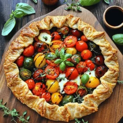 To make a delicious Rustic Tomato Galette, gather these ingredients: - 2 cups all-purpose flour - 1/2 teaspoon sea salt - 1/4 cup cold unsalted butter, cubed - 1/4 cup cold water - 4 medium tomatoes, sliced (mix of heirloom and cherry) - 1 cup shredded mozzarella cheese - 2 tablespoons Dijon mustard - 1 tablespoon fresh basil, chopped - 1 tablespoon fresh thyme, chopped - 1/2 teaspoon garlic powder - Salt and pepper to taste - 1 egg (for egg wash) Using fresh ingredients makes a big difference. Choose ripe tomatoes for the best flavor. Look for tomatoes that feel heavy for their size and have a rich color. Fresh herbs, like basil and thyme, add bright notes to your galette. Always check for crispness and aroma when picking herbs. Fresh mozzarella provides a creamy texture that contrasts well with the tomatoes. You can customize this recipe easily. If you don’t have all-purpose flour, try whole wheat flour for a nuttier taste. For a dairy-free option, use plant-based butter and cheese. If you want a zesty kick, replace Dijon mustard with pesto. You can also swap tomatoes for other seasonal veggies, like zucchini or bell peppers. Enjoy experimenting to find your favorite mix! Start by mixing the flour and sea salt in a large bowl. Next, add the cold butter. Use a pastry cutter or your fingers to mix until it looks like coarse crumbs. This step is key for a flaky crust. Then, slowly add cold water, one tablespoon at a time. Mix until the dough comes together, but do not overwork it. Shape the dough into a disk, wrap it in plastic wrap, and chill it in the fridge for at least 30 minutes. While the dough chills, prepare the filling. In a medium bowl, combine the sliced tomatoes, mozzarella cheese, and Dijon mustard. Then, add fresh basil, thyme, garlic powder, salt, and pepper. Mix well to blend all the flavors. Letting it sit for a bit helps enhance the taste. Once the dough is chilled, preheat your oven to 400°F (200°C). On a floured surface, roll out the dough into a rough circle about 12 inches wide. Place it on a baking sheet lined with parchment paper. Spread the tomato mixture in the center, leaving a 2-inch border. Fold the edges over the filling, creating pleats for a rustic look. Beat the egg and brush it over the edges for a lovely golden finish. Then, bake for 30-35 minutes, until the crust is golden and the tomatoes soften. Let it cool for about 10 minutes before slicing. Serve warm or at room temperature. For extra flair, serve it on a wooden board with fresh basil and balsamic glaze. For the full recipe, check out the recipe section above. To get that charming rustic look, you want to keep it simple. Roll out your dough into a rough circle, not a perfect one. The edges should be uneven, giving it a hand-made feel. When you fold the edges over the filling, let them overlap. This creates height and texture, which is key to the rustic vibe. One common mistake is overworking the dough. You want it to be flaky, not tough. Mix just until the flour and butter combine, then add the water. Another mistake is using too much filling. Keep the filling within the 2-inch border. If you fill it too much, the galette may leak while baking. For this recipe, you need a few basic tools: - Large mixing bowl - Pastry cutter (or your fingers) - Rolling pin - Parchment paper - Baking sheet - Sharp knife for slicing tomatoes - Egg wash brush These tools will help you create a beautiful Rustic Tomato Galette. For the best results, make sure your ingredients are cold, especially the butter. This helps create a flaky crust. If you follow these tips, your galette will look and taste amazing. For a complete guide, check the Full Recipe. {{image_2}} You can switch up the cheese in your galette for a new taste. Mozzarella gives a nice stretch, but you can try others too. Goat cheese adds a tangy punch. Feta cheese brings a salty element that works well with tomatoes. For a richer flavor, consider using aged cheddar. Each cheese brings its own unique twist to the dish. Feel free to add seasonal veggies to your galette. Zucchini works well in summer. Bell peppers add sweetness and color. Spinach or kale can boost nutrition. Just chop them into small pieces and mix them with the tomatoes. This adds texture and flavor. You can make this dish your own by using what’s fresh. If you need a gluten-free option, substitute the all-purpose flour with a gluten-free blend. Look for blends that include xanthan gum for better texture. For a vegan galette, swap the butter for coconut oil or vegan butter. Use a plant-based cheese to keep the galette creamy. This way, everyone can enjoy this savory delight. To keep your Rustic Tomato Galette fresh, store it in an airtight container. This helps trap moisture and keeps the crust crisp. If you have leftover slices, place parchment paper between them. This keeps the crust from getting soggy. Store the container in the fridge and enjoy it within three days. When it's time to eat the galette again, I recommend using the oven for reheating. Preheat your oven to 350°F (175°C). Place the galette on a baking sheet. Heat it for about 10-15 minutes. This method warms the galette evenly while keeping the crust crispy. You can also reheat slices in a toaster oven for a quick snack. If you want to save your galette for later, freezing is a great option. First, let it cool completely. Once cooled, wrap the galette tightly in plastic wrap. Then, place it in a freezer bag, removing as much air as you can. You can freeze it for up to three months. When you're ready to eat, thaw it in the fridge overnight and reheat as mentioned above. Enjoy the tasty flavors again! For the full recipe, check out the Rustic Tomato Galette details above. A rustic tomato galette is a freeform pie. It has a flaky crust filled with fresh tomatoes and cheese. The dish showcases seasonal flavors and is easy to make. You can enjoy it warm or at room temperature. The beauty of a galette lies in its charm. It looks homemade and has a deliciously messy feel. You can use any mix of tomatoes for variety. Heirloom, cherry, or even grape tomatoes work well. This dish is perfect for any meal. Serve it for lunch, dinner, or as a snack. You can make a rustic tomato galette ahead of time. To do this, prepare the dough and filling. Store the dough in the fridge for up to two days. You can also assemble the galette and chill it. Just cover it with plastic wrap. Bake it when you're ready to serve. If you want to freeze it, do so before baking. Wrap it tightly in plastic wrap and foil. When you are ready to bake, no need to thaw. Just add a few extra minutes to the baking time. Yes, you can use different herbs in the recipe. If you prefer, try oregano or rosemary. These herbs add a distinct flavor to the galette. You can mix and match based on your taste. Fresh herbs work best, but dried herbs can also be used. Just remember, dried herbs are stronger, so use less. The key is to find a blend you love. Don’t be afraid to experiment and have fun with it! You now know how to make a delicious rustic tomato galette. We discussed key ingredients, tips for that rustic look, and how to bake it perfectly. I shared storage tips and how you can adjust the recipe to fit your needs. Remember, there’s room for creativity with different cheeses or seasonal veggies. Enjoy making and sharing this delightful dish with friends and family. Your culinary skills will shine with this easy yet tasty recipe!