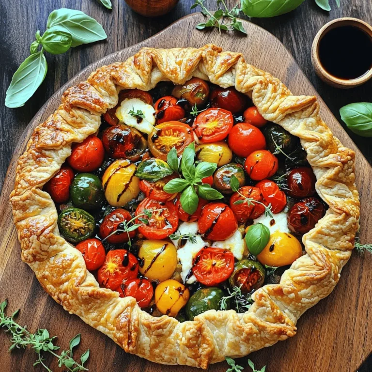 To make a delicious Rustic Tomato Galette, gather these ingredients: - 2 cups all-purpose flour - 1/2 teaspoon sea salt - 1/4 cup cold unsalted butter, cubed - 1/4 cup cold water - 4 medium tomatoes, sliced (mix of heirloom and cherry) - 1 cup shredded mozzarella cheese - 2 tablespoons Dijon mustard - 1 tablespoon fresh basil, chopped - 1 tablespoon fresh thyme, chopped - 1/2 teaspoon garlic powder - Salt and pepper to taste - 1 egg (for egg wash) Using fresh ingredients makes a big difference. Choose ripe tomatoes for the best flavor. Look for tomatoes that feel heavy for their size and have a rich color. Fresh herbs, like basil and thyme, add bright notes to your galette. Always check for crispness and aroma when picking herbs. Fresh mozzarella provides a creamy texture that contrasts well with the tomatoes. You can customize this recipe easily. If you don’t have all-purpose flour, try whole wheat flour for a nuttier taste. For a dairy-free option, use plant-based butter and cheese. If you want a zesty kick, replace Dijon mustard with pesto. You can also swap tomatoes for other seasonal veggies, like zucchini or bell peppers. Enjoy experimenting to find your favorite mix! Start by mixing the flour and sea salt in a large bowl. Next, add the cold butter. Use a pastry cutter or your fingers to mix until it looks like coarse crumbs. This step is key for a flaky crust. Then, slowly add cold water, one tablespoon at a time. Mix until the dough comes together, but do not overwork it. Shape the dough into a disk, wrap it in plastic wrap, and chill it in the fridge for at least 30 minutes. While the dough chills, prepare the filling. In a medium bowl, combine the sliced tomatoes, mozzarella cheese, and Dijon mustard. Then, add fresh basil, thyme, garlic powder, salt, and pepper. Mix well to blend all the flavors. Letting it sit for a bit helps enhance the taste. Once the dough is chilled, preheat your oven to 400°F (200°C). On a floured surface, roll out the dough into a rough circle about 12 inches wide. Place it on a baking sheet lined with parchment paper. Spread the tomato mixture in the center, leaving a 2-inch border. Fold the edges over the filling, creating pleats for a rustic look. Beat the egg and brush it over the edges for a lovely golden finish. Then, bake for 30-35 minutes, until the crust is golden and the tomatoes soften. Let it cool for about 10 minutes before slicing. Serve warm or at room temperature. For extra flair, serve it on a wooden board with fresh basil and balsamic glaze. For the full recipe, check out the recipe section above. To get that charming rustic look, you want to keep it simple. Roll out your dough into a rough circle, not a perfect one. The edges should be uneven, giving it a hand-made feel. When you fold the edges over the filling, let them overlap. This creates height and texture, which is key to the rustic vibe. One common mistake is overworking the dough. You want it to be flaky, not tough. Mix just until the flour and butter combine, then add the water. Another mistake is using too much filling. Keep the filling within the 2-inch border. If you fill it too much, the galette may leak while baking. For this recipe, you need a few basic tools: - Large mixing bowl - Pastry cutter (or your fingers) - Rolling pin - Parchment paper - Baking sheet - Sharp knife for slicing tomatoes - Egg wash brush These tools will help you create a beautiful Rustic Tomato Galette. For the best results, make sure your ingredients are cold, especially the butter. This helps create a flaky crust. If you follow these tips, your galette will look and taste amazing. For a complete guide, check the Full Recipe. {{image_2}} You can switch up the cheese in your galette for a new taste. Mozzarella gives a nice stretch, but you can try others too. Goat cheese adds a tangy punch. Feta cheese brings a salty element that works well with tomatoes. For a richer flavor, consider using aged cheddar. Each cheese brings its own unique twist to the dish. Feel free to add seasonal veggies to your galette. Zucchini works well in summer. Bell peppers add sweetness and color. Spinach or kale can boost nutrition. Just chop them into small pieces and mix them with the tomatoes. This adds texture and flavor. You can make this dish your own by using what’s fresh. If you need a gluten-free option, substitute the all-purpose flour with a gluten-free blend. Look for blends that include xanthan gum for better texture. For a vegan galette, swap the butter for coconut oil or vegan butter. Use a plant-based cheese to keep the galette creamy. This way, everyone can enjoy this savory delight. To keep your Rustic Tomato Galette fresh, store it in an airtight container. This helps trap moisture and keeps the crust crisp. If you have leftover slices, place parchment paper between them. This keeps the crust from getting soggy. Store the container in the fridge and enjoy it within three days. When it's time to eat the galette again, I recommend using the oven for reheating. Preheat your oven to 350°F (175°C). Place the galette on a baking sheet. Heat it for about 10-15 minutes. This method warms the galette evenly while keeping the crust crispy. You can also reheat slices in a toaster oven for a quick snack. If you want to save your galette for later, freezing is a great option. First, let it cool completely. Once cooled, wrap the galette tightly in plastic wrap. Then, place it in a freezer bag, removing as much air as you can. You can freeze it for up to three months. When you're ready to eat, thaw it in the fridge overnight and reheat as mentioned above. Enjoy the tasty flavors again! For the full recipe, check out the Rustic Tomato Galette details above. A rustic tomato galette is a freeform pie. It has a flaky crust filled with fresh tomatoes and cheese. The dish showcases seasonal flavors and is easy to make. You can enjoy it warm or at room temperature. The beauty of a galette lies in its charm. It looks homemade and has a deliciously messy feel. You can use any mix of tomatoes for variety. Heirloom, cherry, or even grape tomatoes work well. This dish is perfect for any meal. Serve it for lunch, dinner, or as a snack. You can make a rustic tomato galette ahead of time. To do this, prepare the dough and filling. Store the dough in the fridge for up to two days. You can also assemble the galette and chill it. Just cover it with plastic wrap. Bake it when you're ready to serve. If you want to freeze it, do so before baking. Wrap it tightly in plastic wrap and foil. When you are ready to bake, no need to thaw. Just add a few extra minutes to the baking time. Yes, you can use different herbs in the recipe. If you prefer, try oregano or rosemary. These herbs add a distinct flavor to the galette. You can mix and match based on your taste. Fresh herbs work best, but dried herbs can also be used. Just remember, dried herbs are stronger, so use less. The key is to find a blend you love. Don’t be afraid to experiment and have fun with it! You now know how to make a delicious rustic tomato galette. We discussed key ingredients, tips for that rustic look, and how to bake it perfectly. I shared storage tips and how you can adjust the recipe to fit your needs. Remember, there’s room for creativity with different cheeses or seasonal veggies. Enjoy making and sharing this delightful dish with friends and family. Your culinary skills will shine with this easy yet tasty recipe!
