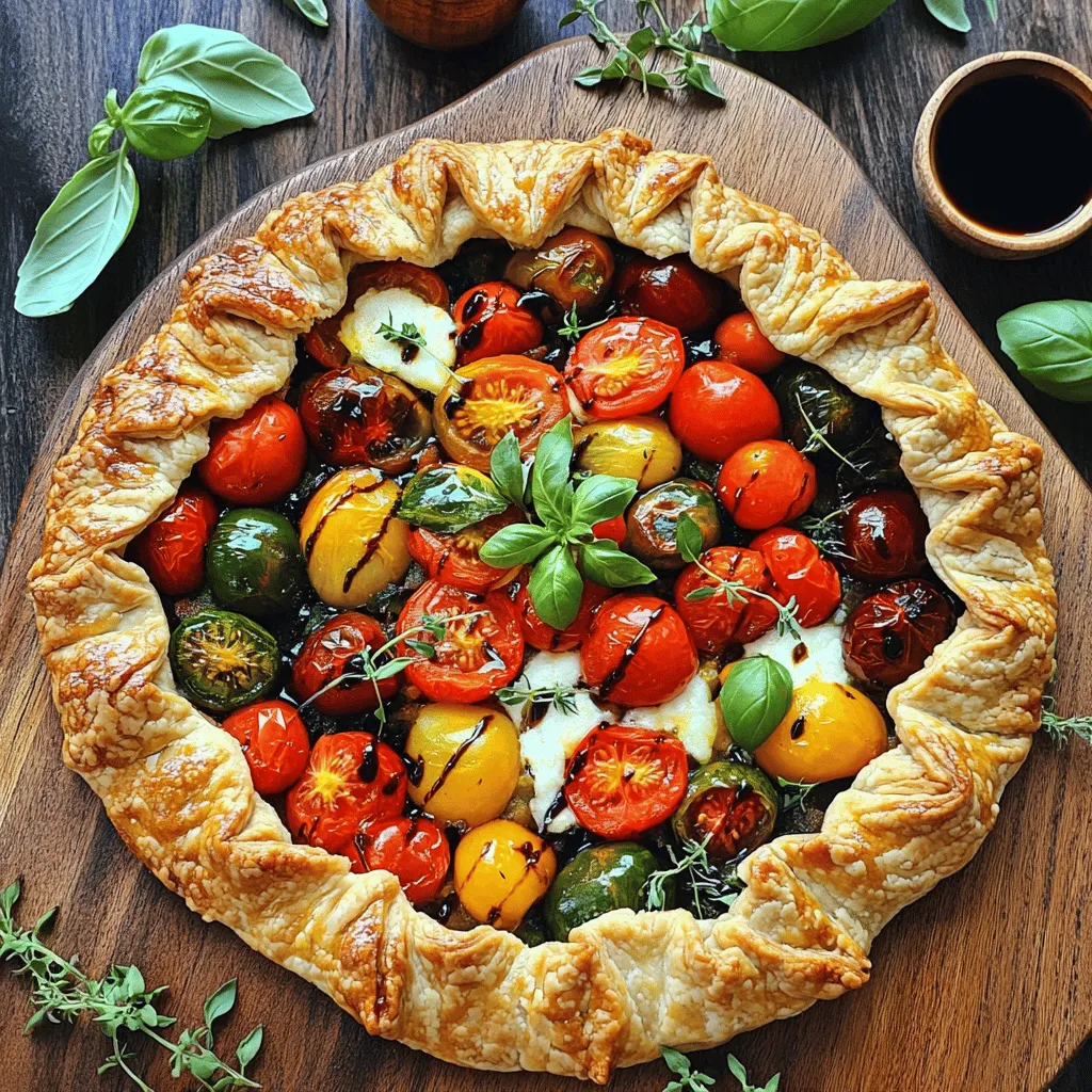 To make a delicious Rustic Tomato Galette, gather these ingredients: - 2 cups all-purpose flour - 1/2 teaspoon sea salt - 1/4 cup cold unsalted butter, cubed - 1/4 cup cold water - 4 medium tomatoes, sliced (mix of heirloom and cherry) - 1 cup shredded mozzarella cheese - 2 tablespoons Dijon mustard - 1 tablespoon fresh basil, chopped - 1 tablespoon fresh thyme, chopped - 1/2 teaspoon garlic powder - Salt and pepper to taste - 1 egg (for egg wash) Using fresh ingredients makes a big difference. Choose ripe tomatoes for the best flavor. Look for tomatoes that feel heavy for their size and have a rich color. Fresh herbs, like basil and thyme, add bright notes to your galette. Always check for crispness and aroma when picking herbs. Fresh mozzarella provides a creamy texture that contrasts well with the tomatoes. You can customize this recipe easily. If you don’t have all-purpose flour, try whole wheat flour for a nuttier taste. For a dairy-free option, use plant-based butter and cheese. If you want a zesty kick, replace Dijon mustard with pesto. You can also swap tomatoes for other seasonal veggies, like zucchini or bell peppers. Enjoy experimenting to find your favorite mix! Start by mixing the flour and sea salt in a large bowl. Next, add the cold butter. Use a pastry cutter or your fingers to mix until it looks like coarse crumbs. This step is key for a flaky crust. Then, slowly add cold water, one tablespoon at a time. Mix until the dough comes together, but do not overwork it. Shape the dough into a disk, wrap it in plastic wrap, and chill it in the fridge for at least 30 minutes. While the dough chills, prepare the filling. In a medium bowl, combine the sliced tomatoes, mozzarella cheese, and Dijon mustard. Then, add fresh basil, thyme, garlic powder, salt, and pepper. Mix well to blend all the flavors. Letting it sit for a bit helps enhance the taste. Once the dough is chilled, preheat your oven to 400°F (200°C). On a floured surface, roll out the dough into a rough circle about 12 inches wide. Place it on a baking sheet lined with parchment paper. Spread the tomato mixture in the center, leaving a 2-inch border. Fold the edges over the filling, creating pleats for a rustic look. Beat the egg and brush it over the edges for a lovely golden finish. Then, bake for 30-35 minutes, until the crust is golden and the tomatoes soften. Let it cool for about 10 minutes before slicing. Serve warm or at room temperature. For extra flair, serve it on a wooden board with fresh basil and balsamic glaze. For the full recipe, check out the recipe section above. To get that charming rustic look, you want to keep it simple. Roll out your dough into a rough circle, not a perfect one. The edges should be uneven, giving it a hand-made feel. When you fold the edges over the filling, let them overlap. This creates height and texture, which is key to the rustic vibe. One common mistake is overworking the dough. You want it to be flaky, not tough. Mix just until the flour and butter combine, then add the water. Another mistake is using too much filling. Keep the filling within the 2-inch border. If you fill it too much, the galette may leak while baking. For this recipe, you need a few basic tools: - Large mixing bowl - Pastry cutter (or your fingers) - Rolling pin - Parchment paper - Baking sheet - Sharp knife for slicing tomatoes - Egg wash brush These tools will help you create a beautiful Rustic Tomato Galette. For the best results, make sure your ingredients are cold, especially the butter. This helps create a flaky crust. If you follow these tips, your galette will look and taste amazing. For a complete guide, check the Full Recipe. {{image_2}} You can switch up the cheese in your galette for a new taste. Mozzarella gives a nice stretch, but you can try others too. Goat cheese adds a tangy punch. Feta cheese brings a salty element that works well with tomatoes. For a richer flavor, consider using aged cheddar. Each cheese brings its own unique twist to the dish. Feel free to add seasonal veggies to your galette. Zucchini works well in summer. Bell peppers add sweetness and color. Spinach or kale can boost nutrition. Just chop them into small pieces and mix them with the tomatoes. This adds texture and flavor. You can make this dish your own by using what’s fresh. If you need a gluten-free option, substitute the all-purpose flour with a gluten-free blend. Look for blends that include xanthan gum for better texture. For a vegan galette, swap the butter for coconut oil or vegan butter. Use a plant-based cheese to keep the galette creamy. This way, everyone can enjoy this savory delight. To keep your Rustic Tomato Galette fresh, store it in an airtight container. This helps trap moisture and keeps the crust crisp. If you have leftover slices, place parchment paper between them. This keeps the crust from getting soggy. Store the container in the fridge and enjoy it within three days. When it's time to eat the galette again, I recommend using the oven for reheating. Preheat your oven to 350°F (175°C). Place the galette on a baking sheet. Heat it for about 10-15 minutes. This method warms the galette evenly while keeping the crust crispy. You can also reheat slices in a toaster oven for a quick snack. If you want to save your galette for later, freezing is a great option. First, let it cool completely. Once cooled, wrap the galette tightly in plastic wrap. Then, place it in a freezer bag, removing as much air as you can. You can freeze it for up to three months. When you're ready to eat, thaw it in the fridge overnight and reheat as mentioned above. Enjoy the tasty flavors again! For the full recipe, check out the Rustic Tomato Galette details above. A rustic tomato galette is a freeform pie. It has a flaky crust filled with fresh tomatoes and cheese. The dish showcases seasonal flavors and is easy to make. You can enjoy it warm or at room temperature. The beauty of a galette lies in its charm. It looks homemade and has a deliciously messy feel. You can use any mix of tomatoes for variety. Heirloom, cherry, or even grape tomatoes work well. This dish is perfect for any meal. Serve it for lunch, dinner, or as a snack. You can make a rustic tomato galette ahead of time. To do this, prepare the dough and filling. Store the dough in the fridge for up to two days. You can also assemble the galette and chill it. Just cover it with plastic wrap. Bake it when you're ready to serve. If you want to freeze it, do so before baking. Wrap it tightly in plastic wrap and foil. When you are ready to bake, no need to thaw. Just add a few extra minutes to the baking time. Yes, you can use different herbs in the recipe. If you prefer, try oregano or rosemary. These herbs add a distinct flavor to the galette. You can mix and match based on your taste. Fresh herbs work best, but dried herbs can also be used. Just remember, dried herbs are stronger, so use less. The key is to find a blend you love. Don’t be afraid to experiment and have fun with it! You now know how to make a delicious rustic tomato galette. We discussed key ingredients, tips for that rustic look, and how to bake it perfectly. I shared storage tips and how you can adjust the recipe to fit your needs. Remember, there’s room for creativity with different cheeses or seasonal veggies. Enjoy making and sharing this delightful dish with friends and family. Your culinary skills will shine with this easy yet tasty recipe!