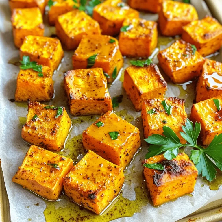 To make tasty oven roasted sweet potatoes, you need a few key ingredients. Here’s what you should gather: - 4 medium sweet potatoes, peeled and cubed - 3 tablespoons olive oil - 1 teaspoon smoked paprika - 1 teaspoon garlic powder - ½ teaspoon cayenne pepper (adjust to taste) - Salt and black pepper to taste These ingredients create a solid base. The sweet potatoes bring natural sweetness. The oil helps them roast perfectly. To take your sweet potatoes to the next level, consider these seasonings: - 2 tablespoons maple syrup (optional for sweetness) - Fresh parsley, chopped (for garnish) Maple syrup adds a lovely hint of sweetness. Fresh parsley gives a bright touch and looks great on your plate. Feel free to get creative with extra flavors. Try these options: - Cinnamon for warmth - Thyme or rosemary for an herbaceous note - Chopped nuts for a crunchy texture These optional ingredients can enhance your dish. Each addition changes the taste, making it fun to experiment. For the full recipe, check out the instructions above! Start by peeling the sweet potatoes. Use a sharp knife to remove the skin. After peeling, cut them into even cubes. Aim for about one-inch pieces. This size helps them cook evenly. Place the cubed sweet potatoes into a large bowl. Next, it's time to add flavor. Pour in the olive oil. Add smoked paprika for a warm, smoky taste. Then, sprinkle in garlic powder and cayenne pepper. Adjust the cayenne to your spice level. Don't forget to add salt and black pepper. If you want a sweeter touch, drizzle in maple syrup. Toss everything together until all cubes are coated well. Preheat your oven to 425°F (220°C). While it heats, line a baking sheet with parchment paper. Spread the sweet potato cubes in a single layer on the sheet. Make sure they don’t touch each other. This space helps them roast, not steam. Bake in the oven for 25-30 minutes. Flip them halfway through to ensure even cooking. Look for a golden brown color and tenderness. Once done, let them cool slightly. Garnish with fresh parsley for a pop of color. Try the Full Recipe for more details! To get the best texture and flavor from your sweet potatoes, start with even cubes. Aim for about 1-inch pieces. This size helps them cook evenly. Toss your sweet potatoes in olive oil and spices well. A good mix coats all sides and enhances flavor. Use smoked paprika for a rich taste. If you want heat, add cayenne pepper. Roast at 425°F (220°C) for 25-30 minutes. Flip them halfway through to get a golden color on all sides. This method brings out their natural sweetness and creates a crispy edge. For added sweetness, drizzle maple syrup before roasting. This step is optional, but it adds a nice touch. A common mistake is overcrowding the baking sheet. If you place too many sweet potatoes together, they steam instead of roast. This can lead to soft and mushy pieces. Make sure they lie in a single layer. Another mistake is not preheating the oven. Always preheat your oven before roasting. This step helps achieve that perfect crispy texture. Finally, remember to check for doneness. Use a fork to test if they are tender. To make this dish, you need a few tools. First, grab a large mixing bowl for tossing ingredients. A good quality baking sheet is essential too. Line it with parchment paper for easy cleanup. A sharp knife and cutting board help with chopping the sweet potatoes. An oven mitt or pot holder is also a must when handling hot trays. Finally, a spatula will help flip the potatoes during cooking. With these tools, you can make the best oven roasted sweet potatoes. For the full recipe, refer to the top of this article. {{image_2}} You can add fresh herbs to your roasted sweet potatoes. Rosemary and thyme work well. Chop them finely and mix them in with your sweet potatoes before roasting. These herbs add a lovely aroma and taste. You can also use dried herbs if fresh ones are not available. Just remember to use less dried herbs than fresh ones. For those who like heat, try adding chili powder or cayenne pepper. These spices give your sweet potatoes a nice kick. You can also mix in onion powder or cumin for a savory twist. Adding a splash of lime juice after roasting can brighten the flavors. This mix makes a fun side dish or a tasty snack. If you enjoy sweet flavors, go for maple syrup and cinnamon. Drizzle maple syrup over your sweet potatoes before roasting. Just a little will make them sweet and sticky. Add a sprinkle of cinnamon for warmth. This combo is perfect for breakfast or dessert. You can even top them with crushed nuts for extra crunch. For all these variations, you can find the full recipe above to guide you! To store leftover sweet potatoes, let them cool first. Place them in an airtight container. Keep them in the fridge for up to five days. Make sure they are sealed well to avoid drying out. Reheat sweet potatoes in the oven for best results. Preheat your oven to 350°F (175°C). Spread the sweet potatoes on a baking sheet. Heat for about 10 to 15 minutes, until they are warm. You can also use a microwave for quick reheating. Just cover them with a damp paper towel and heat for 1-2 minutes. Freezing sweet potatoes is a great way to save time. Cook and cool the sweet potatoes first. Then, place them in freezer bags or containers. Squeeze out as much air as possible. They can last up to three months in the freezer. When ready to use, thaw them overnight in the fridge. Reheat as needed. For a full recipe, check out the Oven Roasted Sweet Potatoes Delight. Roast sweet potatoes at 425°F for 25 to 30 minutes. Check for doneness by piercing them with a fork. They should feel soft inside and have a nice golden color outside. You can flip them halfway for even cooking. This time gives them a crispy edge and a tender center, perfect for a tasty bite. Yes, you can cook sweet potatoes ahead of time. Roast them, then let them cool. Store them in an airtight container in the fridge for up to four days. When you're ready to eat, simply reheat them in the oven or microwave. They taste great even after being stored! Sweet potatoes pair well with many dips and sauces. Here are some great options: - Greek yogurt: Add herbs for a fresh touch. - Avocado: Mash or slice it for creaminess. - Hummus: A tasty, healthy dip that adds flavor. - Maple syrup: Drizzle some for extra sweetness. - Hot sauce: For a spicy kick, add your favorite hot sauce. Try these options to enhance your oven roasted sweet potatoes! For the full recipe, check out the earlier sections. Oven roasted sweet potatoes are easy and fun to make. We covered essential ingredients, step-by-step instructions, and helpful tips. I shared different flavor variations to keep things interesting. You now know how to store leftovers and reheat them well. Enjoy your delicious sweet potatoes, and feel free to experiment with flavors. Happy cooking!