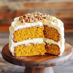 For the Pumpkin Spice Layer Cake, you need key dry ingredients. Start with: - 2 cups all-purpose flour - 1 ½ teaspoons baking powder - 1 teaspoon baking soda - 1 teaspoon ground cinnamon - ½ teaspoon ground nutmeg - ½ teaspoon ground ginger - ½ teaspoon salt - 1 cup granulated sugar - ½ cup brown sugar, packed These dry ingredients give the cake its structure and flavor. The baking powder and soda help the cake rise, while the spices add warmth. Next, gather the wet ingredients that make the cake moist and rich. You will need: - 1 cup vegetable oil - 4 large eggs - 1 cup canned pumpkin puree - 1 teaspoon vanilla extract The oil makes the cake soft, and the pumpkin adds flavor and moisture. Eggs bind everything together while vanilla gives a lovely aroma. Now, let’s talk about the frosting that will crown your cake. For the cream cheese frosting, get: - 8 oz cream cheese, softened - ½ cup unsalted butter, softened - 4 cups powdered sugar - 1 teaspoon vanilla extract - A pinch of salt This frosting is creamy and rich. The cream cheese provides a tangy flavor, while butter adds smoothness. The powdered sugar sweetens it just right. For detailed steps on how to make this delightful cake, check the Full Recipe. 1. Preheating the oven: Set your oven to 350°F (175°C) to get it ready. This helps the cake bake evenly. 2. Greasing and flouring the cake pans: Take two 9-inch round cake pans. Use butter or oil to grease them well. Then, sprinkle flour inside the pans. This step ensures your cakes will come out easily. 1. Combining dry and wet ingredients: In a medium bowl, whisk together the flour, baking powder, baking soda, cinnamon, nutmeg, ginger, and salt. This blend gives your cake that warm fall flavor. In a large bowl, mix the granulated sugar, brown sugar, and vegetable oil until smooth. Add the eggs, pumpkin puree, and vanilla extract one at a time, mixing well after each. This makes your batter rich and tasty. 2. Baking the cakes: Gradually add the dry mixture into the wet mixture. Mix until just combined. Divide the batter between the prepared pans. Bake for 25-30 minutes. Check with a toothpick; it should come out clean. 1. Preparing the cream cheese frosting: In a new bowl, beat the softened cream cheese and butter together until smooth. Slowly add the powdered sugar, vanilla extract, and a pinch of salt. Keep mixing until it's creamy and fluffy. This frosting will be the perfect sweet topping. 2. Assembling and frosting the cake: Once the cakes are cool, place one layer on a plate. Spread a generous layer of frosting on top. Add the second layer and cover the whole cake with the remaining frosting. For a fun touch, sprinkle cinnamon or crushed pecans on top. This process creates a stunning Pumpkin Spice Layer Cake that is perfect for fall gatherings. For the full recipe, check the detailed instructions above. Using room temperature ingredients is key. This helps your batter mix well. Cold eggs or butter can make your cake dense. To ensure even mixing, let your ingredients sit out for about an hour before you start. Checking for doneness is simple. You can use a toothpick. Insert it in the center of your cake. If it comes out clean, your cake is done. If it has batter on it, bake for a few more minutes. For even frosting, start with a thin layer. This layer catches crumbs and makes the final coat smooth. Once the first layer is set, apply your frosting generously on top and sides. To achieve a smooth finish, use a spatula or a bench scraper. Dip it in warm water and dry it before smoothing the frosting. This helps the frosting glide nicely. For decorative toppings, you can use crushed pecans, sprinkles, or a dusting of cinnamon. These add color and texture to your cake. When serving, consider using decorative plates. A sprinkle of pumpkin spice or a dollop of whipped cream adds a festive touch. You want your cake to look as good as it tastes. For more details, check out the Full Recipe for Pumpkin Spice Layer Cake. {{image_2}} You can make this cake even more fun with some flavor twists. Here are two ideas: - Adding chocolate or caramel: You can mix in chocolate chips for a sweet surprise. Drizzle some caramel sauce between the layers for added richness. - Alternative spices: Want to switch it up? Try adding allspice or cloves. These spices bring a unique taste that pairs well with pumpkin. You can easily adapt this recipe for different diets. Here are a few options: - Gluten-free options: Use a gluten-free flour blend instead of all-purpose flour. Ensure all other ingredients are gluten-free too. - Vegan alternatives: Replace the eggs with flaxseed meal or applesauce. Use a plant-based oil and a dairy-free butter for the frosting. Serving this cake can be just as creative as making it. Here are some ideas: - Different layer additions: Add a layer of cream or a fruit jam between the cake layers for extra flavor. This can make each slice even more delightful. - Individual servings vs. whole cake: For a fun twist, bake mini cakes in muffin tins. This way, everyone can have their own little treat! For the full recipe, check out the recipe section above. Store your pumpkin spice layer cake in a cool place. You can leave it at room temperature for up to two days. Make sure to wrap it well in plastic wrap. This will keep it moist and fresh. If you want to keep it longer, place it in the fridge. Use an airtight container for the best protection. Freezing is a great way to save leftover cake. Start by slicing the cake into layers. Wrap each layer tightly in plastic wrap. Then, place the wrapped layers in a freezer bag. This helps prevent freezer burn. When you're ready to enjoy, take out the layers and let them thaw in the fridge overnight. This keeps the cake fresh and tasty. For the best quality, eat the cake within five days. After that, it might start to lose flavor. Look for signs of spoilage such as mold or an off smell. If you notice these, it's best to toss the cake. Enjoy your well-stored pumpkin spice layer cake! For the full recipe, check the earlier section. To check if your cake is done, use the toothpick test. Insert a toothpick into the center of the cake. If it comes out clean or with a few crumbs, the cake is ready. If it has wet batter on it, bake for a few more minutes. Keep an eye on the time, but also trust the toothpick test. This method gives a clear sign of doneness. Yes, you can use fresh pumpkin! Start by selecting a sugar pumpkin, as they are sweeter and smoother. Cut the pumpkin in half and remove the seeds and stringy bits. Bake the pumpkin halves at 350°F (175°C) for about an hour or until soft. Let them cool, then scoop out the flesh. Puree it in a blender or food processor until smooth. Use this fresh puree in your recipe just like canned pumpkin. If you need a cream cheese substitute for frosting, try mascarpone cheese. It has a similar texture and taste. You can also use Greek yogurt for a lighter option. For a dairy-free choice, use coconut cream. Just whip it up until fluffy and sweeten to taste. Each option will give your frosting a unique twist while keeping it tasty. For the full recipe, check out the complete guide above. This blog post walks you through creating a delicious pumpkin spice layer cake. We covered the key ingredients, step-by-step instructions, and helpful tips for baking and decorating. You also learned about flavor variations, storage options, and answers to common questions. Baking this cake can be fun and rewarding. Enjoy your delicious creation and share it with friends!