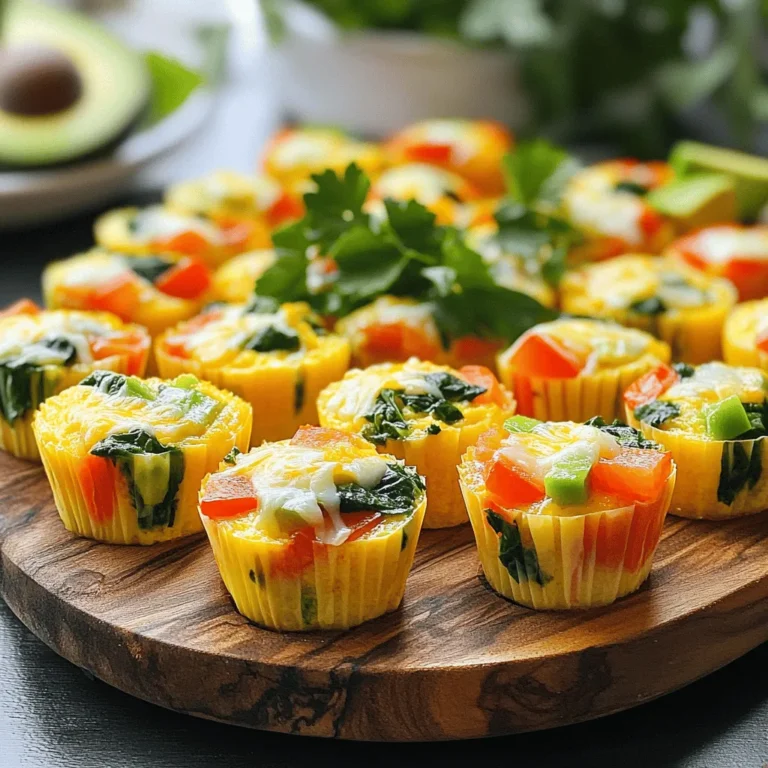 To make these tasty Keto Egg Muffin Cups, you need fresh, simple ingredients. Here’s the list: - 6 large eggs - 1 cup spinach, chopped - 1/2 cup bell pepper, diced - 1/2 cup diced tomatoes - 1/4 cup shredded cheese (cheddar or mozzarella) - 1/4 cup heavy cream - 2 tablespoons olive oil - 1/2 teaspoon garlic powder - 1/2 teaspoon onion powder - Salt and pepper to taste These ingredients work together to create a fluffy, flavorful breakfast. The eggs serve as the base, while spinach, bell pepper, and tomatoes add color and nutrition. Cheese adds creaminess and flavor. Heavy cream makes the muffins rich and satisfying. The spices round out the taste to make every bite enjoyable. For the full recipe, check out Keto Egg Muffin Cups. - Preheat your oven to 350°F (175°C). This step gets your oven ready. - In a large bowl, whisk the eggs. Add heavy cream, garlic powder, onion powder, salt, and pepper. Mix well until it looks smooth. - In another bowl, mix the chopped spinach, diced bell pepper, and diced tomatoes together. This makes a fresh veggie mix. - Grease your muffin tin with olive oil. This helps the cups come out easily. You can also use silicone muffin cups. - Fill each muffin cup halfway with the vegetable mix. This gives them a good base. - Pour the egg mixture over the veggies until each cup is three-quarters full. Don’t overfill! - Sprinkle shredded cheese on top of each muffin cup. This adds a tasty finish. - Bake the muffin cups for 20-25 minutes. They are done when the egg is set and tops are golden. - Let them cool for a few minutes in the tin. This makes them easier to handle. Remove the muffin cups gently. For the full recipe, check the section above. Enjoy your delicious Keto Egg Muffin Cups as a perfect breakfast treat! - Best practices for whisking eggs: Use a large bowl and a whisk. Start slow, then build speed. This helps create a fluffy texture. Make sure to mix until the yolks and whites combine well. - How to prevent sticking: Grease your muffin tin well with olive oil. You can also use silicone muffin cups. They help with easy release and cleanup. - Presentation tips for serving: Serve the muffin cups warm on a nice platter. Garnish with fresh herbs like parsley or chives. This adds color and freshness. - Pairing ideas: Enjoy these cups with sliced avocado for creaminess. You can also serve with salsa for a spicy kick. Both options enhance the meal. - Best methods for storing leftovers: Let the muffin cups cool completely. Store them in an airtight container in the fridge. They should last about 3-4 days. - Reheating instructions: Reheat in the microwave for 30-60 seconds. You can also warm them in the oven at 350°F for 10-15 minutes. Enjoy them warm for the best taste. {{image_2}} You can add many veggies to your keto egg muffin cups. Try mushrooms for a nice texture. Zucchini adds moisture and flavor. You can even use broccoli or kale if you like. Fresh herbs like parsley and basil give a great taste boost. Spices like paprika or cumin can change the flavor too. Just chop and mix, then add them to your egg mix. Cheese can change the whole dish! Feta adds a tangy kick. Gouda brings a creamy richness. If you want dairy-free options, try nutritional yeast for a cheesy flavor. You can also use vegan cheese that melts well. Just sprinkle your choice on top before baking. Want more protein? Add meats like crisp bacon or diced ham. They bring extra flavor and make your muffin cups heartier. If you prefer a vegan version, you can use tofu or chickpea flour as an egg substitute. Just mix it with water for a batter-like texture. This way, everyone can enjoy keto egg muffin cups! For the complete recipe, check out the Full Recipe. Each serving of Keto Egg Muffin Cups offers a great balance of nutrients. Here is the breakdown: - Calories: About 180 - Fat: Roughly 14g - Protein: Approximately 10g - Carbohydrates: Around 3g These counts may vary slightly based on ingredient choices. The eggs and cheese add protein and fat, while the veggies keep carbs low. The ingredients in these muffin cups provide many health benefits: - Eggs: Packed with protein and healthy fats. They support muscle health and keep you full. - Spinach: Full of vitamins A, C, and K. Spinach is also rich in iron and calcium. - Bell Peppers: They add vitamin C and antioxidants, which boost your immune system. - Tomatoes: Great for hydration and are rich in lycopene, which may reduce heart disease risk. - Cheese: Offers protein and calcium, helping to build strong bones. These ingredients create a tasty and nutrient-rich breakfast. Keto Egg Muffin Cups fit perfectly into a low-carb diet. Here’s why: - Low Carbs: Each muffin cup has only about 3g of carbs. This low count helps you stay in ketosis. - High Fat: The heavy cream and cheese provide healthy fats that fuel your body. - Protein-Rich: The eggs and cheese deliver the protein your body needs while on keto. This recipe helps you enjoy a satisfying breakfast while sticking to your keto goals. For the full recipe, check above! Keto Egg Muffin Cups can last about 5 days in the fridge. Store them in an airtight container. This keeps them fresh and tasty for your busy mornings. Yes, you can freeze these muffin cups. Place them in a freezer-safe bag or container. They stay good for about 2 months. This is a great way to save time for future meals. The best way to reheat them is in the oven or microwave. For the oven, set it to 350°F (175°C) and warm for about 10 minutes. In the microwave, heat for 30-60 seconds until warm. This keeps them moist and delicious. Absolutely! You can prepare these muffin cups ahead of time. Make a batch on the weekend and enjoy them all week. Just store them in the fridge or freeze some for later. Yes, Keto Egg Muffin Cups are perfect for meal prep. They are easy to make, store, and reheat. They provide a quick, healthy breakfast option for busy days. Enjoy them throughout the week without any hassle! For the full recipe, check out the details above. You learned about the key ingredients and steps to make delicious Keto Egg Muffin Cups. We covered tips for cooking, baking, and serving these tasty meals. Plus, I shared fun variations and stored options to keep them fresh. These muffin cups are simple, useful, and great for meal prep. They fit many diets and are flavorful. Ready to try making them? Enjoy the ease and taste they bring to your table!