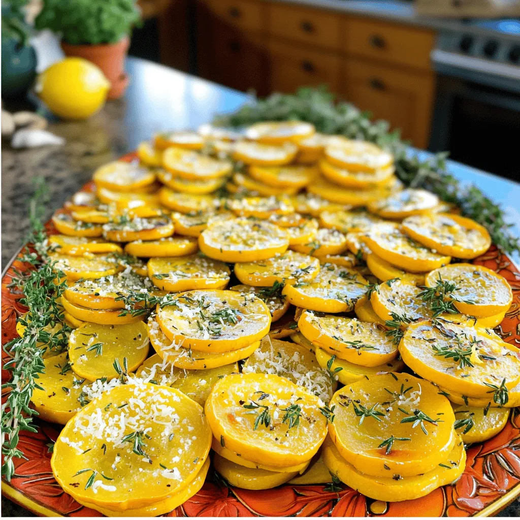 To make herb roasted yellow squash, you need these simple items: - 4 medium yellow squash, sliced into half-moons - 3 tablespoons olive oil - 2 teaspoons fresh thyme, chopped - 2 teaspoons fresh rosemary, chopped - 1 teaspoon garlic powder - 1 teaspoon onion powder - Salt and pepper to taste - Zest of 1 lemon - 2 tablespoons grated Parmesan cheese (optional) If you don't have fresh herbs, you can use dried ones. Use one-third of the amount needed for fresh herbs. For thyme and rosemary, use 1 teaspoon of dried herbs. This gives you great flavor without needing fresh herbs. Want to spice it up? You can add some extra seasonings! Try: - Smoked paprika for a smoky taste - Cumin for a warm flavor - Chili flakes for some heat Mix these into your squash for more depth in flavor. You can adjust based on your taste. Enjoy experimenting! First, gather your ingredients. You need four medium yellow squash, sliced into half-moons. In a large mixing bowl, pour in three tablespoons of olive oil. Next, add the sliced squash. Make sure the squash is well-coated with the olive oil. Then, chop two teaspoons each of fresh thyme and rosemary. Add them to the bowl along with one teaspoon of garlic powder and one teaspoon of onion powder. Don’t forget to sprinkle in salt and pepper to taste. Finally, add the zest of one lemon for a fresh kick. Toss everything together until the squash is evenly coated. Now, preheat your oven to 425°F (220°C). Spread the seasoned squash on a baking sheet lined with parchment paper. This makes for easy cleanup later. Roast the squash in the oven for 20 to 25 minutes. Halfway through, flip the pieces for even cooking. You want the squash to be tender and golden brown. To check if the squash is done, poke a piece with a fork. It should slide in easily. If it’s still firm, roast for a few more minutes. If you like cheese, sprinkle two tablespoons of grated Parmesan over the squash during the last five minutes of roasting. This adds a nice flavor. Once out of the oven, let the squash cool for a few minutes before serving warm. You can find the full recipe for this dish to enjoy at home! Use fresh herbs for the best flavor. I like thyme and rosemary the most. They pair well with yellow squash. You can also try basil or oregano. Each herb adds its own taste. Mix and match to find your favorite combo. To roast squash perfectly, use high heat. Preheat your oven to 425°F. Spread the squash in a single layer on the pan. This helps it cook evenly. Flip the pieces halfway to brown them well. Roast until tender and golden brown, about 20-25 minutes. Serve the roasted squash on a bright platter. Garnish it with fresh herbs for color. A drizzle of olive oil adds shine. You can also top it with Parmesan for a savory kick. Pair it with grilled chicken or fish for a full meal. Check out the Full Recipe for more ideas! {{image_2}} You can mix in other veggies with your yellow squash. Consider adding bell peppers, zucchini, or carrots. These add color and crunch. Chop them into similar sizes for even cooking. Toss them in the same herb mix. This creates a tasty and colorful dish. To make this dish vegan, skip the Parmesan cheese. You can also use nutritional yeast for a cheesy flavor. It adds a nice umami taste without dairy. Use the same herbs and spices to keep it flavorful. If you want cheese but not Parmesan, try feta or goat cheese. Both add a tangy flavor. You can crumble them over the squash before roasting. Or, mix them in right after roasting. This gives a creamy touch to your dish. Explore these variations to make your herb roasted yellow squash even better! For more details, check the Full Recipe. After enjoying your herb roasted yellow squash, let it cool to room temperature. Place the leftovers in an airtight container. This helps keep the squash fresh. Store the container in the fridge. The squash will stay good for about 3 to 5 days. To reheat, use an oven or a microwave. If you choose the oven, preheat it to 350°F (175°C). Spread the squash on a baking sheet. Bake for about 10 minutes or until warm. In the microwave, heat in 30-second bursts. Stir in between to heat evenly. You can freeze herb roasted yellow squash! First, cool it completely. Then, place it in a freezer-safe bag. Squeeze out all the air before sealing. This helps prevent freezer burn. The squash can stay in the freezer for up to 3 months. When ready to eat, thaw it in the fridge overnight. Reheat as mentioned above for the best taste. For the full recipe, check out the instructions earlier in the article! Yes, you can use yellow zucchini instead of yellow squash. Both have a similar taste and texture. They both roast well, too. The main difference is in their shape. Yellow squash has a more curved shape, while zucchini is more cylindrical. Feel free to swap them in your recipe. Herb roasted yellow squash pairs well with many dishes. You can serve it with grilled chicken or fish for a complete meal. It also works great as a side for pasta. If you want a vegetarian option, serve it with quinoa or a fresh salad. The flavors of the squash enhance any dish you choose. You can keep leftovers in the fridge for about 3 to 5 days. Store them in an airtight container for best results. If you want to enjoy them later, consider freezing them. Just make sure they are completely cool before you freeze them. You can reheat them in the oven or microwave when you're ready to eat. Check out the Full Recipe for more details. This blog post covers how to prepare herb roasted yellow squash. We explored the best ingredients, including seasoning and substitutes. I shared step-by-step instructions and tips for perfect roasting. You learned about variations to make the dish your own, including vegan options. We also discussed storage, reheating, and answers to your common questions. Remember, cooking is about creativity. Use these tips to make the dish yours. Enjoy your culinary journey!