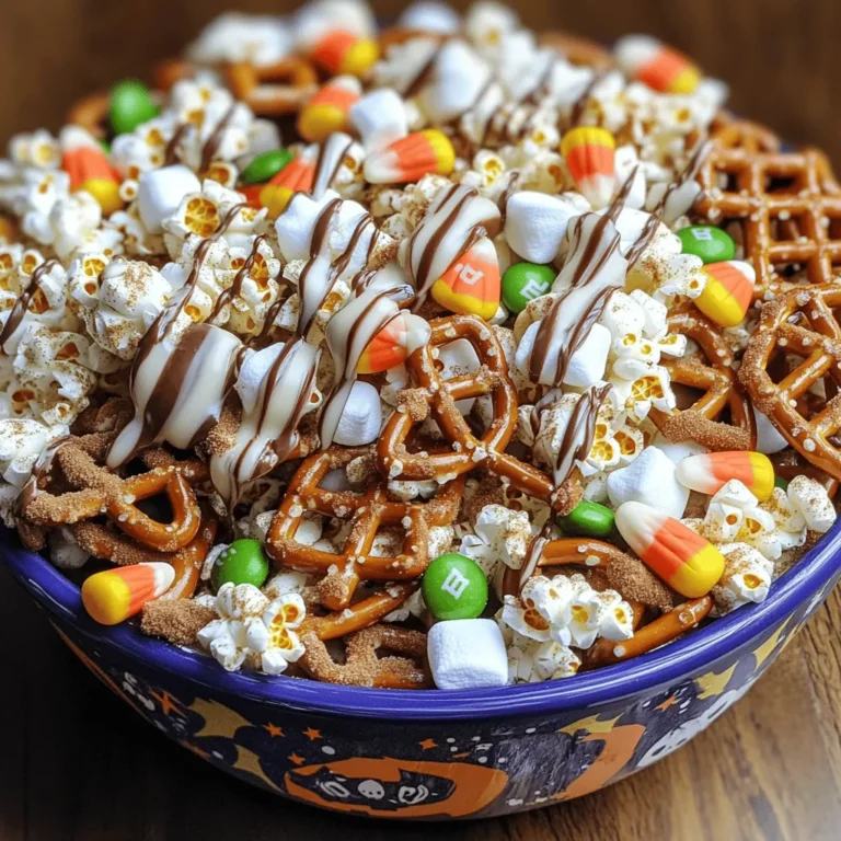 To make a spooky sweet and salty Halloween snack mix, you'll need the following: - 3 cups popcorn (air-popped or lightly salted) - 1 cup pretzel sticks - 1 cup candy corn - 1 cup chocolate-covered pretzels - 1 cup mini marshmallows - 1/2 cup pumpkin seeds (pepitas) - 1/2 cup M&M's (Halloween-themed colors) - 1/4 cup melted white chocolate - 1 teaspoon cinnamon - Pinch of sea salt Each ingredient adds something special to the mix. The popcorn gives a nice crunch. Pretzel sticks add saltiness. Candy corn brings sweetness and color. Chocolate-covered pretzels mix sweet and salty flavors. Mini marshmallows add a fluffy texture. Pumpkin seeds give a healthy crunch. M&M's add bright colors. White chocolate binds it all together. Cinnamon adds warmth, while sea salt enhances all the flavors. If you have dietary needs, here are some swaps: - Use gluten-free pretzels for a gluten-free mix. - Replace candy corn with dried fruit for a natural sweet. - Use dairy-free chocolate for a vegan option. - Swap pumpkin seeds with sunflower seeds if needed. For seasonal swaps, consider adding crushed candy canes in winter or dried cranberries in fall. These can keep the mix festive throughout the year. To make the snack mix, you’ll need a few simple tools: - A large mixing bowl for combining your ingredients. - A microwave-safe bowl for melting the white chocolate. - A baking sheet lined with parchment paper for cooling the mix. For serving, use a festive Halloween-themed bowl or individual bags tied with bright ribbons. This makes your snack mix look fun and inviting for any party! Start by grabbing a large mixing bowl. Add 3 cups of popcorn and 1 cup of pretzel sticks. The popcorn adds a nice crunch, while the pretzel sticks give a salty bite. Next, toss in 1 cup of candy corn and 1 cup of chocolate-covered pretzels. These sweet treats bring fun colors and flavors. Don’t forget to add 1 cup of mini marshmallows for extra fluffiness. Now, mix in 1/2 cup of pumpkin seeds and 1/2 cup of Halloween-themed M&M's to finish your base. Stir everything well until it’s evenly mixed. For the white chocolate, use a microwave-safe bowl. Place 1/4 cup of white chocolate in the bowl. Heat it in the microwave for 30 seconds. Take it out and stir. Repeat this until the chocolate is smooth. This method helps avoid burning the chocolate. If you want a shiny finish, make sure to stir well. Now, drizzle the melted white chocolate over your snack mix. Try to cover as much as you can. Then, sprinkle 1 teaspoon of cinnamon and a pinch of sea salt over the mix. This adds flavor that makes it even better. Gently toss everything together to coat it well. Spread the mix on a baking sheet lined with parchment paper. Let it cool for about 10 to 15 minutes. This helps the chocolate set and hold everything together. Once it’s ready, break apart any large clumps. Finally, transfer the spooky snack mix to a large serving bowl. Enjoy your delicious Halloween Snack Mix! For the full recipe, check out the detailed instructions provided. You can change flavors to make your snack mix unique. Try adding nuts for crunch. You could use chocolate chips instead of candy corn. Mix in dried fruits for a chewy texture. For a fun twist, go for a savory theme. Use cheese crackers and spices to create a tasty snack for game day. Serving matters! Use a Halloween-themed bowl for your mix. Clear bags tied with orange ribbons look great, too. You can even make spooky labels for each bag. A little creativity goes a long way. Scatter some fake spider webs on the table to set a fun mood. Want to make your mix even better? Add some roasted nuts for extra crunch. You can also sprinkle in chocolate chips for a sweet touch. Balance is key, so mix salty and sweet elements. A pinch of sea salt can enhance the sweet flavors. Try adding more cinnamon for a warm touch. {{image_2}} For a lighter version, use air-popped popcorn instead of buttered. Air-popped popcorn has less fat and calories. It still tastes great! You can also add dried fruits like raisins or cranberries. Nuts like almonds or walnuts add crunch and healthy fats. These swaps keep the fun while making it healthier. To make a kid-friendly mix, consider removing allergens. Omit nuts if allergies are a concern. You can replace them with sunflower seeds or pumpkin seeds. For added fun, include extra candies like gummy worms or chocolate eyeballs. Kids love bright colors and fun shapes in their snacks! If you want something savory, try different spices. Add garlic powder, onion powder, or paprika for flavor. You can also mix in cheese-flavored crackers or popcorn for a cheesy twist. This gives the snack mix a savory edge that balances the sweetness well. Mix these ideas into your Halloween Snack Mix for a fun twist! Check the Full Recipe to get started on your spooky creation. To keep your Halloween snack mix fresh, store it in an airtight container. This helps keep out moisture and air. You can also use resealable bags, but they may not keep the mix as fresh. If you use bags, squeeze out as much air as you can before sealing. Your mix will stay fresh for about one week at room temperature. If you want it to last longer, try freezing it. Just make sure to use freezer-safe containers or bags. You can make this snack mix a day or two in advance. Just follow the full recipe and let it cool completely before storing. To keep it fresh, avoid adding any wet ingredients until you’re ready to serve. If you want to add chocolate, melt it right before serving. This keeps it from clumping together. If you have leftover snack mix, get creative! You can use it to top off ice cream or yogurt. It also makes a great addition to trail mix for hikes. Another fun idea is to sprinkle it on cupcakes for a spooky touch. This mix can fit into many gatherings, from Halloween parties to movie nights. Enjoying it in different ways keeps it fun! Halloween Snack Mix can last up to two weeks if stored right. Keep it in an airtight container to keep it fresh. Avoid opening the container too often, as this lets air in. Signs of spoilage include a stale taste or odd smells. If it feels soft, it’s best to toss it out. Yes, you can make this mix vegan! Substitute regular chocolate-covered pretzels with vegan ones. Use vegan white chocolate for melting. Check candy corn, as some brands may have animal products. Always read the labels to ensure no animal products are used. You can add many fun mix-ins! Try using nuts like almonds or cashews for crunch. Dried fruits like cranberries or raisins add sweetness. Seasonal extras like pumpkin spice candies or Halloween-themed gummies can make your mix more festive. Be creative and mix flavors you love! In this post, we explored how to create a fun and tasty Halloween Snack Mix. From choosing key ingredients to using special tools, I shared tips to make your treat a hit. You can customize flavors and adjust for dietary needs, ensuring everyone enjoys. Remember, proper storage keeps your mix fresh. Try these easy ideas at your next gathering and impress your friends. Happy snacking!