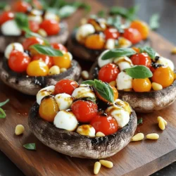 To make Caprese stuffed Portobello mushrooms, gather these key ingredients: - 4 large Portobello mushrooms, stems removed - 2 cups cherry tomatoes, halved - 1 cup fresh mozzarella balls, halved - 1/2 cup fresh basil leaves, chopped - 3 tablespoons balsamic glaze - 2 tablespoons olive oil - 1 teaspoon garlic powder - Salt and pepper to taste These ingredients create a fresh and tasty dish that bursts with flavor. The Portobello mushrooms serve as a perfect base. Their meaty texture adds heartiness to the meal. You can add more to your dish with these optional ingredients: - 1/4 cup pine nuts (for extra crunch) Pine nuts bring a delightful crunch that contrasts nicely with the soft cheese and juicy tomatoes. Feel free to mix in other ingredients you love. This dish serves four and has great nutrition. Each serving contains: - Calories: Approximately 250 - Protein: 10g - Carbohydrates: 15g - Fat: 18g These stuffed mushrooms are rich in protein and healthy fats. They make a satisfying meal or side dish. For the full recipe, check out the section titled Full Recipe. First, gather all your ingredients. You need Portobello mushrooms, cherry tomatoes, mozzarella, basil, and more. Preheat your oven to 375°F (190°C). Line a baking sheet with parchment paper. Next, remove the stems from the mushrooms. This creates a nice space for the filling. In a bowl, mix the cherry tomatoes, mozzarella, and basil. Add olive oil, balsamic glaze, garlic powder, salt, and pepper. Toss until everything is well coated. Place the mushrooms, cap side up, on the prepared baking sheet. Drizzle olive oil inside each mushroom. Sprinkle with salt and pepper. Fill each mushroom with the Caprese mixture, pressing down gently to pack it in. If you want a crunch, sprinkle pine nuts on top. Bake in the oven for 20 to 25 minutes. The mushrooms should be tender, and the cheese should melt and brown slightly. Once baked, remove the mushrooms from the oven. Drizzle with more balsamic glaze for extra flavor. To make your dish pretty, serve the stuffed mushrooms on a rustic wooden board. Garnish with extra basil leaves for color. This makes your meal look as good as it tastes! Want to see the full recipe? Check the Full Recipe section for all details. One big mistake is not cleaning the mushrooms well. Dirt can spoil the taste. Always wipe them with a damp cloth. Another issue is overfilling. If you pack too much, the mushrooms can burst. Use just enough filling to sit level. Also, don’t skip the salt. It enhances the flavors. Lastly, avoid using cold ingredients. Room temperature items blend better for taste. Seasoning is key for great flavor. Use salt and pepper to taste. A pinch of garlic powder adds depth. Balsamic glaze brings sweetness and tang. Drizzle some on top before serving. Taste the filling before you stuff the mushrooms. Adjust flavors if needed. If you want more zest, add a squeeze of lemon juice. This brightens the dish a lot. Serve your Caprese stuffed Portobello mushrooms warm. They look nice on a rustic wooden board. Add fresh basil leaves for color. A drizzle of balsamic glaze makes a great touch. Pair with a light salad or crusty bread. This adds a nice balance to the meal. You can also serve them as appetizers. They are perfect for parties or gatherings. Check out the Full Recipe for more ideas! {{image_2}} You can switch up the cheese in this recipe. Try goat cheese for a tangy taste. Feta cheese adds a salty kick that pairs well. You can also use ricotta for a creamy texture. Each cheese gives the dish its own twist. Mixing cheeses can create new flavors. Experiment to find your favorite! Want to make this dish heartier? Add grilled chicken or tofu. Shredded chicken boosts protein and makes it filling. For a plant-based option, use firm tofu. Just cube it and marinate for flavor. Both options work well with the Caprese mix. They also make the meal more satisfying. You can also add seasonal veggies to your stuffed mushrooms. Try zucchini or bell peppers for extra crunch. Spinach or kale adds a lovely green touch. These veggies enhance flavor and nutrition. Feel free to mix and match based on what you have. Seasonal ingredients keep it fresh and exciting. For the full recipe, check out the details provided! To keep your Caprese stuffed Portobello mushrooms fresh, let them cool first. Place them in an airtight container. Store in the fridge for up to three days. This way, you can enjoy them later without losing flavor. When you're ready to eat your leftovers, preheat your oven to 350°F (175°C). Place the mushrooms on a baking sheet. Heat for about 10-15 minutes or until warm. You can also use a microwave, but the oven keeps them crispier. You can freeze these mushrooms if you want to save them for later. Wrap each stuffed mushroom tightly in plastic wrap. Then, place them in a freezer bag. They can stay frozen for up to three months. When you're ready to eat, thaw them in the fridge overnight before reheating. Enjoy your delicious Caprese stuffed Portobello mushrooms again! For the full recipe, check the main article. Yes, you can use larger mushrooms. Just make sure they hold the filling well. Larger mushrooms may take a bit longer to cook. Check them for tenderness at the 25-minute mark. This recipe works best with Portobello mushrooms, but you can experiment with other types. Just remember to adjust the cooking time based on the size. To keep mushrooms firm, start with dry mushrooms. Wipe them with a damp cloth before cooking. Avoid soaking them in water. After cleaning, you can brush the mushrooms lightly with olive oil. This helps seal in moisture while they bake. If you want extra crispiness, bake them upside down for a few minutes before adding the filling. You can serve these mushrooms with a fresh salad or garlic bread. A simple arugula salad works great. Toss arugula with a splash of lemon juice and olive oil. For a heartier option, pair them with quinoa or rice. You can also enjoy these mushrooms as an appetizer or main dish. They are versatile and fit many occasions. For the full recipe, check out the detailed cooking instructions above. This article covered how to make Caprese stuffed Portobello mushrooms. We listed essential and optional ingredients, along with their nutrition facts. I provided step-by-step instructions, tips to avoid mistakes, and ways to present your dish. You also learned about variations, storage, and answers to common questions. Enjoy cooking and experimenting with flavors. These mushrooms can be a tasty dish for anyone. Enjoy your cooking adventure!