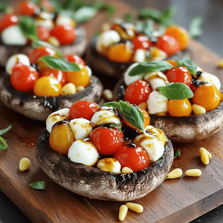 To make Caprese stuffed Portobello mushrooms, gather these key ingredients: - 4 large Portobello mushrooms, stems removed - 2 cups cherry tomatoes, halved - 1 cup fresh mozzarella balls, halved - 1/2 cup fresh basil leaves, chopped - 3 tablespoons balsamic glaze - 2 tablespoons olive oil - 1 teaspoon garlic powder - Salt and pepper to taste These ingredients create a fresh and tasty dish that bursts with flavor. The Portobello mushrooms serve as a perfect base. Their meaty texture adds heartiness to the meal. You can add more to your dish with these optional ingredients: - 1/4 cup pine nuts (for extra crunch) Pine nuts bring a delightful crunch that contrasts nicely with the soft cheese and juicy tomatoes. Feel free to mix in other ingredients you love. This dish serves four and has great nutrition. Each serving contains: - Calories: Approximately 250 - Protein: 10g - Carbohydrates: 15g - Fat: 18g These stuffed mushrooms are rich in protein and healthy fats. They make a satisfying meal or side dish. For the full recipe, check out the section titled Full Recipe. First, gather all your ingredients. You need Portobello mushrooms, cherry tomatoes, mozzarella, basil, and more. Preheat your oven to 375°F (190°C). Line a baking sheet with parchment paper. Next, remove the stems from the mushrooms. This creates a nice space for the filling. In a bowl, mix the cherry tomatoes, mozzarella, and basil. Add olive oil, balsamic glaze, garlic powder, salt, and pepper. Toss until everything is well coated. Place the mushrooms, cap side up, on the prepared baking sheet. Drizzle olive oil inside each mushroom. Sprinkle with salt and pepper. Fill each mushroom with the Caprese mixture, pressing down gently to pack it in. If you want a crunch, sprinkle pine nuts on top. Bake in the oven for 20 to 25 minutes. The mushrooms should be tender, and the cheese should melt and brown slightly. Once baked, remove the mushrooms from the oven. Drizzle with more balsamic glaze for extra flavor. To make your dish pretty, serve the stuffed mushrooms on a rustic wooden board. Garnish with extra basil leaves for color. This makes your meal look as good as it tastes! Want to see the full recipe? Check the Full Recipe section for all details. One big mistake is not cleaning the mushrooms well. Dirt can spoil the taste. Always wipe them with a damp cloth. Another issue is overfilling. If you pack too much, the mushrooms can burst. Use just enough filling to sit level. Also, don’t skip the salt. It enhances the flavors. Lastly, avoid using cold ingredients. Room temperature items blend better for taste. Seasoning is key for great flavor. Use salt and pepper to taste. A pinch of garlic powder adds depth. Balsamic glaze brings sweetness and tang. Drizzle some on top before serving. Taste the filling before you stuff the mushrooms. Adjust flavors if needed. If you want more zest, add a squeeze of lemon juice. This brightens the dish a lot. Serve your Caprese stuffed Portobello mushrooms warm. They look nice on a rustic wooden board. Add fresh basil leaves for color. A drizzle of balsamic glaze makes a great touch. Pair with a light salad or crusty bread. This adds a nice balance to the meal. You can also serve them as appetizers. They are perfect for parties or gatherings. Check out the Full Recipe for more ideas! {{image_2}} You can switch up the cheese in this recipe. Try goat cheese for a tangy taste. Feta cheese adds a salty kick that pairs well. You can also use ricotta for a creamy texture. Each cheese gives the dish its own twist. Mixing cheeses can create new flavors. Experiment to find your favorite! Want to make this dish heartier? Add grilled chicken or tofu. Shredded chicken boosts protein and makes it filling. For a plant-based option, use firm tofu. Just cube it and marinate for flavor. Both options work well with the Caprese mix. They also make the meal more satisfying. You can also add seasonal veggies to your stuffed mushrooms. Try zucchini or bell peppers for extra crunch. Spinach or kale adds a lovely green touch. These veggies enhance flavor and nutrition. Feel free to mix and match based on what you have. Seasonal ingredients keep it fresh and exciting. For the full recipe, check out the details provided! To keep your Caprese stuffed Portobello mushrooms fresh, let them cool first. Place them in an airtight container. Store in the fridge for up to three days. This way, you can enjoy them later without losing flavor. When you're ready to eat your leftovers, preheat your oven to 350°F (175°C). Place the mushrooms on a baking sheet. Heat for about 10-15 minutes or until warm. You can also use a microwave, but the oven keeps them crispier. You can freeze these mushrooms if you want to save them for later. Wrap each stuffed mushroom tightly in plastic wrap. Then, place them in a freezer bag. They can stay frozen for up to three months. When you're ready to eat, thaw them in the fridge overnight before reheating. Enjoy your delicious Caprese stuffed Portobello mushrooms again! For the full recipe, check the main article. Yes, you can use larger mushrooms. Just make sure they hold the filling well. Larger mushrooms may take a bit longer to cook. Check them for tenderness at the 25-minute mark. This recipe works best with Portobello mushrooms, but you can experiment with other types. Just remember to adjust the cooking time based on the size. To keep mushrooms firm, start with dry mushrooms. Wipe them with a damp cloth before cooking. Avoid soaking them in water. After cleaning, you can brush the mushrooms lightly with olive oil. This helps seal in moisture while they bake. If you want extra crispiness, bake them upside down for a few minutes before adding the filling. You can serve these mushrooms with a fresh salad or garlic bread. A simple arugula salad works great. Toss arugula with a splash of lemon juice and olive oil. For a heartier option, pair them with quinoa or rice. You can also enjoy these mushrooms as an appetizer or main dish. They are versatile and fit many occasions. For the full recipe, check out the detailed cooking instructions above. This article covered how to make Caprese stuffed Portobello mushrooms. We listed essential and optional ingredients, along with their nutrition facts. I provided step-by-step instructions, tips to avoid mistakes, and ways to present your dish. You also learned about variations, storage, and answers to common questions. Enjoy cooking and experimenting with flavors. These mushrooms can be a tasty dish for anyone. Enjoy your cooking adventure!
