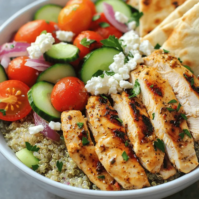 The heart of Greek Chicken Gyro Bowls lies in fresh, simple ingredients. Here’s what you need: - 2 boneless, skinless chicken breasts - 2 tablespoons olive oil - 2 tablespoons Greek yogurt - 1 tablespoon lemon juice - 2 teaspoons dried oregano - 1 teaspoon garlic powder - Salt and pepper to taste - 1 cup cooked quinoa or brown rice - 1 cup cherry tomatoes, halved - 1 cucumber, diced - 1/2 red onion, thinly sliced - 1/2 cup feta cheese, crumbled - Fresh parsley, for garnish - Pita bread, cut into wedges (for serving) Each ingredient adds flavor and nutrition. Chicken provides protein, while quinoa or brown rice offers carbs. The veggies add crunch and color, making the bowl vibrant. Seasonings are key to creating bold flavors. I use a mix of olive oil, Greek yogurt, lemon juice, and spices. This marinade keeps the chicken juicy and tasty. - Olive oil adds richness. - Greek yogurt tenderizes the meat. - Lemon juice brightens the dish. - Dried oregano brings a warm, herbal note. - Garlic powder adds depth. Marinate the chicken for at least 30 minutes. This step enhances the taste, making each bite burst with flavor. Toppings make the meal more exciting. Here are my favorites: - Cherry tomatoes add sweetness. - Cucumbers provide freshness. - Red onions give a nice bite. - Feta cheese adds creaminess. - Fresh parsley adds a pop of color. You can also serve the bowls with pita bread for added texture. This way, you can scoop up the delicious ingredients or make mini gyros. For the full recipe, check the details above. Enjoy your cooking adventure! To start, grab a bowl. In this bowl, mix together olive oil, Greek yogurt, lemon juice, dried oregano, garlic powder, salt, and pepper. This mix will add great taste. Next, add the chicken breasts into the bowl. Make sure they are fully coated in the marinade. Cover the bowl and place it in the fridge. Let it marinate for at least 30 minutes. This step helps the chicken soak up all the flavors. Now, it's time to cook the chicken. You can use a grill or a skillet. First, heat your grill or skillet on medium-high heat. While it heats up, take the chicken out of the marinade. Let any extra marinade drip off. Place the chicken on the grill or skillet. Cook it for about 5-7 minutes on each side. You want the chicken to turn golden brown and reach an internal temperature of 165°F (75°C). After cooking, let the chicken rest for 5 minutes. Then, slice it into thin strips. Now for the fun part: assembling the bowls. Start with a base of cooked quinoa or brown rice in each serving bowl. Next, add the sliced chicken on top. Then, distribute the cherry tomatoes, diced cucumber, and red onion evenly over the chicken. For the finishing touch, sprinkle crumbled feta cheese on top. Don’t forget to garnish with fresh parsley. Serve the bowls with pita bread cut into wedges. This makes for a delightful meal! You can find the full recipe for more details. Marinating chicken makes it juicy and full of flavor. Start by mixing olive oil, Greek yogurt, lemon juice, dried oregano, garlic powder, salt, and pepper in a bowl. This mix adds depth and tang to the chicken. Make sure to coat the chicken breasts well. Cover the bowl and let it sit in the fridge for at least 30 minutes. For best results, aim for 2 to 4 hours. Longer marinating times enhance the flavor even more. To grill chicken perfectly, preheat your grill or skillet to medium-high heat. This step is key for a nice sear. Remove the chicken from the marinade, letting the excess drip off. Cook the chicken for 5 to 7 minutes on each side. You want a nice golden brown color. Use a meat thermometer to check the internal temperature. It should reach 165°F (75°C). Once cooked, let the chicken rest for 5 minutes before slicing. This keeps the juices inside. When serving Greek Chicken Gyro Bowls, start with a base of quinoa or brown rice. This adds heartiness to your meal. Arrange the sliced chicken on top. Next, add fresh veggies like cherry tomatoes, diced cucumber, and red onion. Sprinkle crumbled feta cheese on top for a salty touch. For a pop of color, garnish with fresh parsley. Serve with pita bread cut into wedges. This lets everyone create their own mini gyros. Check out the Full Recipe for more details! {{image_2}} You can make a tasty vegetarian gyro bowl using chickpeas or grilled vegetables. For chickpeas, use one can, drained and rinsed. Toss them in the same marinade as the chicken for great flavor. If you prefer grilled veggies, choose zucchini, bell peppers, and mushrooms. Slice them and grill until tender. They add a smoky taste that works well with the other ingredients. If you're watching your carbs, skip the quinoa or rice. Instead, use cauliflower rice. It has a similar texture and absorbs flavors well. Simply pulse cauliflower florets in a food processor until they look like rice. Sauté them in a pan with a bit of olive oil until soft. You can also use lettuce leaves as a base for a fun, low-carb option. Feel free to mix and match toppings in your gyro bowl. You might want to add avocado for creaminess or olives for a salty bite. Try using different cheeses, like goat cheese or a spicy feta. For extra crunch, toss in some radishes or shredded carrots. The best part is making it your own. Each bowl can reflect your tastes and mood. After you enjoy your Greek Chicken Gyro Bowls, store leftovers in an airtight container. Keep the chicken, veggies, and grains separate if possible. This helps maintain their texture and flavor. Place the container in the fridge. It will stay fresh for up to three days. Avoid storing with the pita to keep it crispy. When you’re ready to eat leftovers, reheat each component separately. Use a skillet over medium heat for the chicken. This keeps it juicy. For grains, add a splash of water to prevent drying. Heat until warm, about five minutes. If you have veggies, you can eat them cold or warm them slightly in the microwave. If you want to save your Greek Chicken Gyro Bowls for later, freezing is a great option. Freeze the chicken and grains in separate containers. They can last up to three months. To defrost, move them to the fridge overnight. Reheat as mentioned above. This keeps the taste and quality high, so you can enjoy your meal anytime. For the best flavor, try to eat them within a month. If you can't find tzatziki sauce, there are many tasty options. You can use plain Greek yogurt. Add some garlic, lemon, and dill for extra flavor. Another good choice is a simple garlic sauce made with yogurt and garlic. Hummus also works well if you want a creamy dip. Each option gives your gyro bowls a nice touch. Yes, you can prepare your Greek Chicken Gyro Bowls in advance. Marinate the chicken the night before for great taste. Cook the chicken and store it in the fridge. You can also prepare the veggies and grains ahead of time. Just keep everything separate to keep it fresh. When you're ready to eat, simply warm the chicken and assemble your bowls. Many sides go well with Greek Chicken Gyro Bowls. Consider serving a fresh Greek salad with cucumbers, tomatoes, and olives. Pita bread is a classic choice for dipping or wrapping. You might also enjoy roasted vegetables or a light soup, like a lemon chicken soup. Each side adds a nice balance to the meal, enhancing the flavors. For the full recipe, check out the complete guide! Greek Chicken Gyro Bowls offer fresh flavors and healthy ingredients. We explored main ingredients, seasonings, and tasty toppings. The step-by-step guide made cooking easy, whether you grill or use a skillet. Remember the tips for marinating and presentation for the best taste. Variations suit your diet and tastes, while storage info helps keep leftovers fresh. In the end, these bowls are fun, customizable, and satisfying. Enjoy your cooking and impress your friends with this dish!