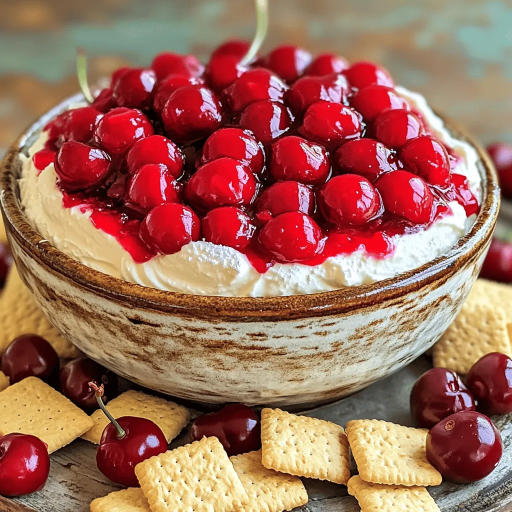 To make this cherry cheesecake dip, you need a few key items. They are: - 1 (8 oz) package cream cheese, softened - 1/2 cup powdered sugar - 1 teaspoon vanilla extract - 1 cup whipped topping (like Cool Whip) - 1 cup cherry pie filling These ingredients work together to give you that smooth, creamy texture. The cream cheese provides the base. The sugar adds sweetness. Vanilla extract enhances the flavor, while whipped topping makes it light. You can add fun touches to your dip with some garnishes and dippers. Here are some ideas: - Graham crackers, for dipping - Fresh cherries, for garnish Graham crackers add a nice crunch. Fresh cherries not only look pretty but also taste great. You can even try other dippers like pretzels or apple slices. To create this dip, you will need some handy tools. Here’s what I recommend: - Large mixing bowl - Electric mixer - Serving bowl The large bowl gives you room to mix. An electric mixer makes it easy to whip the cream cheese. Finally, a serving bowl shows off your beautiful dip. For the full recipe, check out the Cherry Cheesecake Dip section above. Start by gathering your ingredients. You need softened cream cheese, powdered sugar, and vanilla extract. In a large bowl, use an electric mixer. Beat the cream cheese until it is smooth. This step is key for a creamy dip. Slowly add the powdered sugar. Keep mixing until it's all blended. Then, mix in the vanilla extract. This adds a nice flavor to the base. Next, gently fold in the whipped topping. Use a spatula to keep it light. You want the dip to be fluffy and airy. Be careful not to deflate the whipped topping. This will give your dip the right texture. It should feel rich and smooth when you’re done. Once the cream cheese mixture is ready, transfer it to a serving bowl. Create a small well in the center. This is where the cherry pie filling will go. Spoon the cherry pie filling into the well. Let it spill over the edges a bit for a pretty look. Finally, serve with graham crackers for dipping. Top with fresh cherries to make it even more special. Enjoy this easy delight with friends and family! For the full recipe, check the section above. To get a creamy dip, start with softened cream cheese. Cold cream cheese can cause lumps. Use an electric mixer to beat it until smooth. Then, add powdered sugar slowly. This helps it mix well without clumping. Fold in whipped topping gently. This keeps the dip light and airy. If it's too thick, add a splash of milk. This will help reach your desired creaminess. Serve your dip in a nice bowl. Create a well in the center for the cherry pie filling. It looks great and makes it easy to scoop. Offer graham crackers for dipping. They pair well with the sweet dip. You can also try fresh fruit slices. Strawberries and apples work nicely too. For a fun twist, add some chocolate chips on top. One mistake is not softening the cream cheese. This leads to a lumpy dip. Another error is over-mixing the whipped topping. This can make your dip dense. Avoid using too much cherry pie filling. It can overpower the cream cheese flavor. Lastly, don’t forget to taste your dip. Adjust the sweetness to your liking. Enjoy making this treat with your friends and family! {{image_2}} You can change the flavor of your dip easily. Try using strawberry or blueberry pie filling instead of cherry. Both fruits work well with cream cheese. You can also swap cream cheese for flavored ones, like lemon or strawberry. This adds a fun twist to your dip. Adding a splash of almond or coconut extract can also change the taste. Feel free to mix in some crushed cookies for added texture. Cherry cheesecake dip is great for many events. For a picnic, serve it in a jar with graham crackers on the side. If you're hosting a party, set up a dip bar. Include different fruits, cookies, and pretzels for dipping. For holidays, add festive decorations to your serving bowl. You can also layer the dip in a clear dish for a beautiful view. This dip is a hit for birthdays, game nights, or family gatherings. If you want a healthier dip, try using Greek yogurt instead of cream cheese. It gives a nice tang and cuts down on fat. You can also use honey or agave syrup instead of powdered sugar. This keeps the sweetness while making it a bit better for you. To reduce calories, use a light whipped topping or make your own. With these changes, you can enjoy a tasty dip that feels light and fresh. For those who are dairy-free, look for plant-based cream cheese and whipped toppings. To keep your Cherry Cheesecake Dip fresh, store it in an airtight container. This helps maintain its creamy texture. If you have a lot left, you can divide it into smaller containers. Label them with the date, so you know when you made it. You do not need to heat this dip. It tastes best when served cold. The coolness enhances the flavors. Just take it out of the fridge before serving. Let it sit for about 10 minutes. This helps soften it slightly for easy dipping. Cherry Cheesecake Dip lasts about three days in the fridge. After that, it may spoil. Look for changes in smell or texture. If it smells sour or the dip separates, it’s time to toss it. Always trust your senses when it comes to food safety. Yes, you can make Cherry Cheesecake Dip ahead of time. I often prepare it a few hours before serving. Just keep it in the fridge. This helps the flavors blend well. However, don't add the cherry pie filling until you are ready to serve. This keeps it fresh and tasty. If you want a substitute for whipped topping, you can use heavy cream. Just whip the cream until it forms stiff peaks. You can also use a dairy-free option like coconut whipped cream. Both give a nice texture and flavor to the dip. To adjust the recipe for more people, simply double the ingredients. Use two packages of cream cheese and two cups of whipped topping. This will make plenty for larger gatherings. You can also use a bigger bowl to mix it all together. Enjoy sharing this tasty treat! You’ve learned how to make a delicious cherry cheesecake dip. We covered the key ingredients, steps, and helpful tips. Don’t forget the fun ways to mix it up and serve it. Proper storage keeps your leftovers fresh. If you plan ahead, this dessert can be easy and rewarding. Trust these guidelines to impress friends and family. Enjoy making your cherry cheesecake dip with confidence!