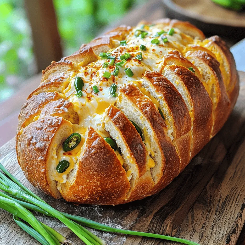 Cheesy Jalapeño Popper Pull Apart Bread is a fun and tasty dish. This recipe combines soft bread, cheese, and spicy jalapeños. It makes a great snack or appetizer for any gathering. You will love pulling apart the cheesy goodness! Here are the key ingredients you need: - 1 large loaf of sourdough bread - 1 cup cream cheese, softened - 1 cup shredded cheddar cheese - ½ cup shredded mozzarella cheese - 2 fresh jalapeños, finely chopped (seeds removed for less heat) - ¼ cup green onions, chopped - 2 tablespoons mayonnaise - 1 teaspoon garlic powder - ½ teaspoon smoked paprika - Salt and pepper to taste - 2 tablespoons butter, melted These ingredients create a rich and creamy filling. The jalapeños add just the right amount of heat. You can get creative with add-ins to suit your taste. Here are some ideas: - Crumbled bacon for a smoky flavor - Diced bell peppers for added crunch - A sprinkle of your favorite herbs like cilantro or parsley - A dash of hot sauce for extra spice These options can make your cheesy bread even more special. Feel free to mix and match to find your favorite combination! First, set your oven to 350°F (175°C). This helps the bread bake evenly. Next, gather your ingredients. You will need sourdough bread, cream cheese, cheddar cheese, mozzarella cheese, jalapeños, green onions, mayonnaise, garlic powder, smoked paprika, salt, pepper, and butter. Measure everything out so you can work quickly. Preparing your space makes cooking fun and easy. In a mixing bowl, add the softened cream cheese, cheddar, and mozzarella. Chop the jalapeños and green onions finely. Add them to the bowl with the cheeses. Then, stir in the mayonnaise, garlic powder, smoked paprika, salt, and pepper. Mix everything well until it’s a creamy, cheesy filling. Make sure all the ingredients blend together nicely for the best flavor. Now, take the sourdough loaf. Use a sharp knife to make deep cuts about 1 inch apart. Be careful not to cut all the way through the bottom. You want to create slits for the filling. Gently open each slit and pack in the cheesy mixture using a spoon. Make sure to fill each cut well. After filling, brush the top with melted butter for extra flavor and a nice crust. Wrap the bread in aluminum foil and place it on a baking sheet. Bake it for 20 minutes. After that, unwrap it and bake for another 10-15 minutes until the top is golden and bubbly. Enjoy this cheesy jalapeño popper pull apart bread as a fun snack or appetizer. Check the Full Recipe for more details. To get that gooey cheese pull, use a mix of cheeses. I love using cheddar and mozzarella. They melt well and give a great stretch. Make sure you don't skimp on the filling. Pack it tightly in the cuts of the bread. This way, every bite will be cheesy goodness. You can prep this dish a few hours before serving. Just follow the full recipe until you fill the bread. Cover it tightly with plastic wrap and store it in the fridge. When you're ready, bake it as instructed. It will taste fresh, and you’ll save time when guests arrive. To achieve a golden crust, brush the top of the bread with melted butter. This adds flavor and helps with browning. Bake it covered with foil for the first part. This keeps the moisture in. Remove the foil later to let the top crisp up nicely. {{image_2}} You can switch the cheeses to find your favorite mix. Try pepper jack for a spicy kick. Or use gouda for a rich flavor. You can even use a mix of all three! Each cheese adds its own twist to the taste. Just remember to keep the total amount the same. To change the spice level, use fewer jalapeños. You can also use milder peppers like banana peppers. If you want more heat, add crushed red pepper flakes or more jalapeños. For a smoky flavor, try adding chipotle peppers. Adjusting the spice lets you make this bread fit your taste. While sourdough is great, try using a fluffy brioche or ciabatta. These breads soak up the cheesy filling well. You can even use a baguette for a crunchy texture. Just make sure it is fresh for the best taste. Each bread type brings its own charm to this dish. For more details on how to make this delightful dish, check the Full Recipe. After enjoying your cheesy jalapeño popper pull apart bread, store any leftovers properly. Let the bread cool first. Wrap it tightly in plastic wrap or aluminum foil. This keeps it fresh and prevents it from drying out. You can also place it in an airtight container. This way, it stays soft and tasty for up to three days in the fridge. When you are ready to eat the leftovers, reheating is easy. Preheat your oven to 350°F (175°C). Place the bread on a baking sheet. Cover it with foil to keep it moist. Heat for about 10-15 minutes until warm. If you want a crisp crust, remove the foil for the last few minutes. The cheese will melt and bubble again, making it just like fresh! Want to save some for later? You can freeze it! Wrap the bread tightly in plastic wrap and then in foil. This prevents freezer burn. You can freeze it for up to three months. When you’re ready to eat it, let it thaw in the fridge overnight. Then, follow the reheating instructions for the best flavor. Enjoy your cheesy jalapeño popper pull apart bread anytime! For the full recipe, check out the original instructions. Yes, you can easily make this dish vegetarian. Just skip the bacon or any meat. Use fresh vegetables instead to add flavor. You might add bell peppers or corn for a tasty twist. This keeps the dish flavorful while still being meat-free. This cheesy bread pairs well with many dishes. I love serving it with a fresh salad. A simple green salad or a zesty tomato salad works great. You can also dip it in salsa or guacamole. This adds a nice kick and balance to the rich cheese. To prevent sogginess, pack the filling lightly. Don’t overstuff the slits in the bread. Use fresh, dry bread for the best results. Bake it wrapped in foil only for part of the time. This helps keep the bread crusty. Finally, serve it right away for the best texture. For the full recipe, check out the complete details. This blog post covered how to make delicious Cheesy Jalapeño Popper Pull Apart Bread. We explored the key ingredients and shared a full recipe overview. I gave step-by-step instructions, tips for the perfect cheese pull, and variations to help you personalize the dish. Don’t forget to check storage info to enjoy leftovers later. Whether you serve it at a party or a quiet night in, this bread is a winner. Try it out, and you’ll impress everyone! Enjoy your baking!