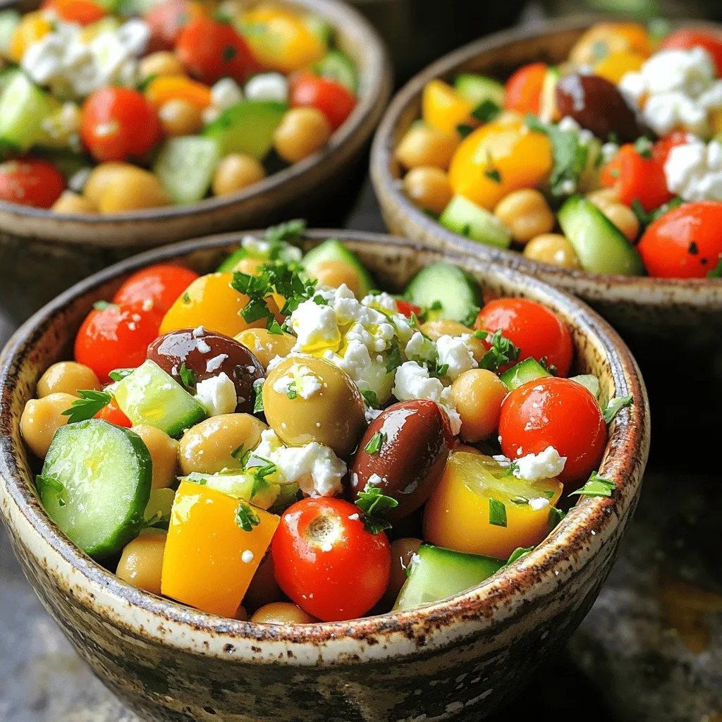To create the perfect Greek chickpea salad bowl, you need some fresh ingredients. Here’s what you will need: - 1 can (15 oz) chickpeas, drained and rinsed - 1 cup cherry tomatoes, halved - 1 cucumber, diced - 1 small red onion, finely chopped - 1 bell pepper (any color), diced - 1/2 cup Kalamata olives, pitted and halved - 1/2 cup feta cheese, crumbled - 1/4 cup fresh parsley, chopped These ingredients blend together to make a colorful and tasty dish. Each bite bursts with fresh flavors. The chickpeas add protein and help fill you up. The veggies provide crunch and color, making the salad inviting. A tasty dressing ties everything together. Here’s what you need for the dressing: - 3 tablespoons olive oil - 2 tablespoons red wine vinegar (or substitute with apple cider vinegar) - 1 teaspoon dried oregano - Salt and pepper to taste Mix the olive oil and vinegar for a tangy flavor. The oregano adds a hint of earthiness. Adjust salt and pepper to match your taste. This dressing is simple yet enhances all the ingredients. Want to add some flair to your salad? Here are some optional toppings: - Avocado slices - Extra feta cheese - Chopped nuts for crunch - Fresh herbs like dill or mint These toppings allow for customization. Add what you love or have on hand. They can elevate the dish and make it feel special. For the full recipe, check the details above. Enjoy making your Greek chickpea salad bowls! Start by gathering all your ingredients. You need a can of chickpeas, cherry tomatoes, cucumber, red onion, bell pepper, and Kalamata olives. Drain and rinse the chickpeas. In a large mixing bowl, add the chickpeas, halved cherry tomatoes, diced cucumber, finely chopped red onion, diced bell pepper, and pitted Kalamata olives. Stir everything together. This mix forms the base of your Greek Chickpea Salad Bowls. Now, let’s make the dressing. In a small bowl, whisk together olive oil, red wine vinegar, dried oregano, salt, and pepper. Make sure the ingredients blend well. This dressing brings the salad to life with its bright flavors. Pour the dressing over the salad. Toss gently to coat the ingredients evenly. Then, fold in the crumbled feta cheese and chopped parsley. These add a great taste and color to the bowl. Let the salad marinate for about 15 minutes at room temperature. This allows the flavors to mingle and deepen. Serve the salad in individual bowls, and if you like, garnish with extra parsley or feta. You can find the full recipe [here](Full Recipe). Using fresh and high-quality ingredients makes a big difference. Focus on ripe cherry tomatoes and crisp cucumbers. Look for firm bell peppers and bright green parsley. The best olives are plump and flavorful. For feta, choose a block over crumbles for better texture. Always check labels on canned chickpeas. Look for low sodium options for better health. Marinating is key for flavor. After mixing your salad, let it sit for at least 15 minutes. This allows the chickpeas and veggies to soak up the dressing. Use a covered bowl or wrap it tightly. Room temperature works best for marinating. If you have time, chill it in the fridge for about an hour. This enhances all the flavors even more. Presentation makes your meal more appealing. Serve the salad in colorful bowls for a fun touch. Add a sprinkle of extra feta on top. A few parsley leaves can add a nice pop of green. Drizzle a little more olive oil before serving. You can also add a wedge of lemon on the side for a fresh squeeze. This brings brightness to the dish. For the full recipe, check out the details above. {{image_2}} You can boost your Greek chickpea salad by adding grilled chicken or tofu. Both options add protein and flavor. For chicken, grill it until it's golden brown. Slice it thin and mix it in. For tofu, press it to remove extra water, then grill or sauté until crispy. Add the protein on top of the salad. This makes it heartier and more filling. Feel free to swap in seasonal veggies. If zucchini is fresh, add diced zucchini for crunch. In the winter, roasted sweet potatoes work well too. You can even try adding radishes for a peppery bite or corn for sweetness. Using what's in season keeps your salad fresh and exciting. While the olive oil and vinegar dressing is classic, you can change it up. Try a lemon-tahini dressing for a nutty flavor. A yogurt-based dressing adds creaminess. You can also use balsamic vinegar for a touch of sweetness. These alternatives keep your salad lively and allow you to explore different tastes. For the full recipe, check out the details above! To keep your Greek chickpea salad fresh, place it in an airtight container. You can store it in the fridge for about three days. Make sure to cover the salad well. This helps prevent it from absorbing other smells in the fridge. If you notice extra moisture, drain it a little before serving. Meal prep makes life easier. Prepare the salad components separately. Store the chickpeas, veggies, and dressing in different containers. When ready to eat, mix them together. This keeps the salad crisp. It also lets the flavors stay bright. You can prep your Greek chickpea salad bowls for up to five days. You can freeze chickpeas, but avoid freezing the whole salad. Freezing changes the texture of veggies and feta. If you have leftover chickpeas, freeze them in a single layer on a tray. Once frozen, move them to a freezer bag. They last up to six months. When you want to use them, thaw in the fridge overnight. For the full recipe, check out the Greek Chickpea Salad Bowls section above. Yes, you can make Greek Chickpea Salad Bowls ahead of time. This salad tastes even better after sitting for a while. The flavors marry and create a delightful taste. I suggest making it a few hours before serving. Just keep it in the fridge. Add the feta just before serving for the best texture. If you need a substitute for feta cheese, try using goat cheese or tofu. Crumbled goat cheese gives a similar tangy taste. Tofu can work well for a dairy-free option. Just crumble it and add it to your salad. For a nutty flavor, you can also try using cashew cheese. Yes, this recipe can be made vegan. Simply omit the feta cheese or replace it with a vegan alternative. The salad remains fresh and tasty without it. Chickpeas provide protein and keep the meal filling. You still get all the great flavors from the veggies and dressing. Chickpeas are a great source of protein and fiber. They help keep you full and satisfied. They also contain essential vitamins and minerals like iron, magnesium, and folate. Eating chickpeas may support heart health and help with digestion. Plus, they are low in fat, making them a healthy choice. To prepare chickpeas from scratch, start by soaking dried chickpeas overnight. Rinse them and put them in a pot with fresh water. Bring the water to a boil, then reduce heat and simmer for about an hour. Check them for tenderness. Once cooked, drain and use them in your salad. You can find the Full Recipe for Greek Chickpea Salad Bowls in the article. This blog post covered how to create delicious Greek Chickpea Salad Bowls. We went through the main ingredients and how to make the dressing. You learned tips for marinating and serving your salad. We also discussed fun variations and how to store your bowls. In conclusion, making this dish is easy and fun. Enjoy getting creative with toppings and flavors. Your healthy meals can be tasty and colorful all week long.