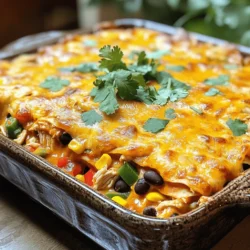 This Chicken Enchilada Casserole uses simple and fresh items. It combines flavors and textures for a tasty meal. With easy-to-find ingredients, you can whip this up quickly. Here are the key items you need: - 2 cups cooked chicken, shredded - 1 can (15 oz) black beans, rinsed and drained - 1 can (10 oz) enchilada sauce - 1 cup corn kernels (fresh or frozen) - 1 cup diced bell peppers (red and green) - 1 can (4 oz) diced green chilies - 2 cups shredded cheese (mix of cheddar and Monterey Jack) - 8 small corn tortillas, cut into strips - 1 teaspoon cumin - 1 teaspoon garlic powder - 1 teaspoon onion powder - Salt and pepper to taste - Fresh cilantro, for garnish You can swap some items if needed. Here are a few ideas: - Use rotisserie chicken to save time. - Swap black beans for pinto or kidney beans. - Green sauce can replace enchilada sauce for a different taste. - Try frozen corn if fresh is not available. - Use any cheese you prefer, like pepper jack for a spicy kick. Experiment with these options to find your favorite mix! Check out the Full Recipe for more details. First, gather your ingredients. You will need cooked chicken, black beans, corn, bell peppers, green chilies, cheese, tortillas, and spices. This part is quick and easy. 1. Preheat your oven to 375°F (190°C). This helps the casserole cook evenly. 2. In a large bowl, mix the shredded chicken, black beans, corn, diced bell peppers, green chilies, cumin, garlic powder, onion powder, and half of the enchilada sauce. Stir it well so everything is coated. Now it’s time to bake your casserole. 1. Grease a 9x13-inch baking dish. Place half of the tortilla strips at the bottom. 2. Spread half of the chicken mixture over the tortillas. Sprinkle one cup of cheese on top. 3. Repeat the layers: add another layer of tortilla strips and the rest of the chicken mixture. Top with the remaining tortilla strips. 4. Pour the rest of the enchilada sauce over the top. Make sure it covers the tortillas. Then, sprinkle the remaining cheese on top. 5. Cover the dish with aluminum foil. Bake for 20 minutes. 6. Remove the foil and bake for another 15 minutes. Look for bubbly and golden cheese. Layering is key to a great casserole. - Start with tortillas at the bottom. This gives a solid base. - Make sure to spread the chicken mixture evenly. This helps every bite have flavor. - Don’t skip the sauce on top. It keeps the tortillas moist and adds taste. - Use a mix of cheeses for a richer flavor. Cheddar and Monterey Jack work well. For the full recipe, check the details above. Enjoy making this tasty Chicken Enchilada Casserole! To make a perfect Chicken Enchilada Casserole, start with good chicken. Use cooked chicken and shred it. This ensures the chicken mixes well with other ingredients. Mix the chicken with black beans, corn, and spices. Don’t skip the cumin; it adds a warm flavor. Layer the tortillas well. Use enough enchilada sauce to keep everything moist, but not too much. This will help the layers stay crisp. A common mistake is not draining the beans and corn. This can make the casserole soggy. Another mistake is using too much sauce. You want the sauce to coat the tortillas, not drown them. Make sure to spread the cheese evenly. If you pile it all in one spot, it won’t melt well. Lastly, don’t rush the baking. Let it bubble and brown for the best taste. Leftovers are a goldmine for this dish. If you have extra chicken or veggies, toss them in. You can even use leftover rice or quinoa to add texture. If you have other cheese types, mix them in for a unique flavor. For instance, mozzarella can add a nice stretch. Be creative! This recipe is flexible, so it’s a great way to use what you have on hand. Check out the Full Recipe for more ideas on how to use leftovers! {{image_2}} You can make a tasty vegetarian version of this casserole. Instead of chicken, use two cups of cooked lentils or black beans. You can also add chopped mushrooms, zucchini, or spinach for extra veggies. Replace the enchilada sauce with a mild salsa or a homemade sauce for added flavor. This way, you keep the dish hearty and satisfying without meat. If you love heat, add some spice to your casserole. You can include chopped jalapeños or use a spicy enchilada sauce. For a fiery kick, mix in a teaspoon of chili powder or cayenne pepper. Top the casserole with sliced fresh chilies before baking. This will ensure every bite has that extra zing you crave. To make your casserole gluten-free, simply use corn tortillas. Check the label to ensure they are certified gluten-free. For the sauce, choose a gluten-free enchilada sauce or make your own with tomato sauce, spices, and broth. This way, you can enjoy the same great taste without gluten. Use the Full Recipe to create your own delicious Chicken Enchilada Casserole, tailored to your taste! Store your leftover chicken enchilada casserole in an airtight container. Make sure it cools down first. You can keep it in the fridge for about three to four days. If you want it to last longer, freezing is a great option. To reheat, preheat your oven to 350°F (175°C). Place the casserole in an oven-safe dish. Cover it with foil to keep it moist. Heat it for about 20 to 25 minutes, or until it's hot throughout. If you're in a hurry, you can microwave it. Use a microwave-safe dish and heat it in short bursts. Stir it in between to ensure even heating. You can freeze the casserole before or after baking. To freeze before baking, wrap it tightly in foil or plastic wrap. This way, you can bake it later without defrosting. If freezing after baking, let it cool completely first. Then, cover it well and store it in the freezer for up to three months. When ready to eat, thaw it in the fridge overnight and reheat as mentioned above. Enjoy your meal later with great flavor! For the complete recipe, refer to the Full Recipe section above. The best cheese for chicken enchilada casserole is a mix. I love using cheddar and Monterey Jack. The cheddar adds a sharp flavor, and the Monterey Jack melts nicely. Together, they create a creamy texture. You can also try pepper jack for some heat. Just remember, use fresh cheese for the best taste! No, do not use raw chicken. It needs to be cooked first. This helps the chicken blend well with the other flavors. You can use rotisserie chicken or leftovers. Cooked chicken is tender and easy to shred. This makes your casserole quick and simple to prepare. You can make this casserole ahead of time! Just follow these steps: - Prepare the layers and place them in the baking dish. - Cover it tightly with foil or plastic wrap. - Store it in the fridge for up to 24 hours before baking. When you are ready to bake, just follow the instructions from the Full Recipe. This saves you time and makes serving easy! You learned about key ingredients for chicken enchilada casserole and preparation steps. We covered tips to avoid mistakes and how to store leftovers. I also shared variations, like vegetarian and gluten-free options. These easy steps help you create a dish your family will love. Enjoy making this flavorful meal. You can always tweak it to fit your taste. Have fun cooking!