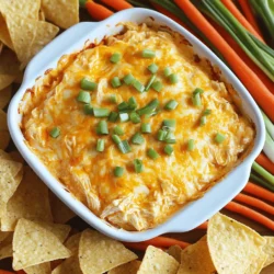 To make Buffalo chicken dip, you need some key ingredients. Here’s what you will need: - 2 cups cooked chicken, shredded - 1 cup cream cheese, softened - 1/2 cup Greek yogurt (or sour cream) - 1 cup sharp cheddar cheese, shredded - 1/2 cup buffalo sauce (adjust to taste) - 1/4 cup green onions, chopped - 1 teaspoon garlic powder - Salt and pepper to taste - Tortilla chips or veggie sticks for serving These ingredients create a rich and tasty dip. The cream cheese and Greek yogurt give it a creamy texture. The buffalo sauce adds heat and flavor, making it a crowd-pleaser. If you lack some items, don’t worry! You can swap them easily. - Instead of chicken, try shredded turkey or even canned chicken. - For a lighter dip, use low-fat cream cheese or Greek yogurt. - If you don’t have sharp cheddar, feel free to use mozzarella or Monterey Jack cheese. - For spice, you can mix in hot sauce or use a spicier buffalo sauce. These swaps keep the dip delicious. You can adjust it to fit what you have at home. Garnishes can make your dip even more appealing. Here are some fun ideas: - Extra chopped green onions add color. - A sprinkle of paprika gives it a nice touch. - You could also add crumbled blue cheese for extra flavor. When serving, use sturdy tortilla chips or fresh veggie sticks. These add a nice crunch. You can also use a slow cooker to keep the dip warm at parties. Enjoy your Buffalo chicken dip with friends and family! 1. First, preheat your oven to 350°F (175°C). This step warms the dip evenly. 2. In a large mixing bowl, add the softened cream cheese and Greek yogurt. Mix until smooth and creamy. 3. Gradually stir in the buffalo sauce. Taste as you go to find your perfect heat. 4. Add the shredded chicken, half of the cheddar cheese, chopped green onions, and garlic powder. Mix thoroughly until well combined. 5. Season your mixture with salt and pepper to taste. This step adds flavor depth. 6. Transfer the mixture to an oven-safe dish. Spread it evenly across the dish. 7. Top your dip with the remaining cheddar cheese. This will create a golden crust. 8. Bake in the preheated oven for about 20-25 minutes. The dip should be hot, bubbly, and slightly golden. 9. Once done, remove it from the oven. Let it cool for a few minutes before serving. - Use softened cream cheese for easy mixing. Cold cream cheese can create lumps. - If the dip feels too thick, add a bit more Greek yogurt or buffalo sauce. - Stir gently to keep the dip smooth. Overmixing can make it grainy. For the full recipe, refer to the Buffalo Chicken Bliss Dip section above! To make your dip less spicy, use less buffalo sauce. Start with 1/4 cup and taste. You can add more if you want it hotter. For a milder flavor, use a mild buffalo sauce or mix it with extra Greek yogurt. This helps balance the heat without losing flavor. Store any leftover dip in an airtight container. It will keep well in the fridge for about three days. Make sure to let it cool completely before sealing. This helps prevent moisture buildup. If you want to keep it longer, consider freezing the dip. It can last up to three months in the freezer. When you are ready to enjoy your dip again, you can reheat it easily. Preheat your oven to 350°F (175°C). Place the dip in an oven-safe dish and heat for about 15 to 20 minutes. Stir halfway through to ensure even heating. You can also use a microwave. Heat in short bursts of 30 seconds, stirring in between. Enjoy your warm dip with chips or veggies! {{image_2}} If you love heat, try adding jalapeños or cayenne pepper. These spices will kick up the flavor. You can also mix in some hot sauce or switch to a spicy buffalo sauce. For an added crunch, toss in some crushed red pepper flakes. This gives the dip a great balance of spice and creaminess. You can make Buffalo chicken dip lighter by using Greek yogurt instead of cream cheese. This swap cuts calories but keeps the taste rich. You can also use shredded rotisserie chicken for a quick option. For a veggie boost, add chopped bell peppers or spinach. They add color and nutrients without changing the flavor. To make a vegetarian version, use shredded jackfruit or chickpeas in place of chicken. Both options soak up the buffalo sauce well. You can keep the cream cheese and yogurt, or try dairy-free versions to suit your needs. Serve with fresh veggies like carrots and celery for a fun twist. Check the [Full Recipe] for more tips on making this dip your own! To store Buffalo Chicken Dip, let it cool first. Then, cover it tightly with plastic wrap or transfer it to a container. You can keep it in the fridge for up to three days. If you want to enjoy it again later, freezing is a great option. To freeze Buffalo Chicken Dip, place it in an airtight container. Make sure to leave some space at the top for expansion. Seal it well to prevent freezer burn. You can freeze it for up to three months. When you're ready to eat it, move it to the fridge to thaw overnight. For storing Buffalo Chicken Dip, glass or plastic containers with tight lids work best. Make sure they are freezer-safe if you plan to freeze the dip. Avoid using metal containers, as they may react with the buffalo sauce. Always label your containers with the date, so you know how long it's been stored. You can serve this dip with many tasty options. I like using tortilla chips. They add a nice crunch. Veggie sticks are also great. Carrots and celery work well here. You can even use pita chips for something different. Each option gives a unique taste and texture. Yes, you can make this dip ahead of time. Prepare it and store it in the fridge. Cover it tightly so it stays fresh. You can bake it later when you are ready to serve. This makes it a great choice for parties or game days. This dip lasts for about 3 to 4 days in the fridge. Just keep it in an airtight container. If you want to keep it longer, consider freezing it. Remember to thaw it before baking. It’s perfect to have on hand for quick snacks or last-minute guests. You can find the full recipe for Buffalo Chicken Dip above. Buffalo chicken dip is fun to make and share. We covered the key ingredients and ways to customize them. I shared smart preparation tips and how to get that creamy texture. You learned how to adjust the spice and store leftovers safely. If you're feeling creative, I listed tasty variations and ways to serve it. Keep this guide handy, and enjoy making great buffalo chicken dip anytime.