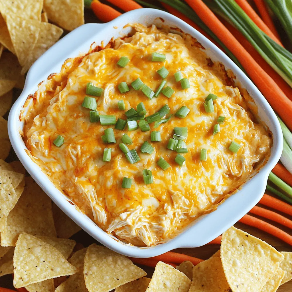 To make Buffalo chicken dip, you need some key ingredients. Here’s what you will need: - 2 cups cooked chicken, shredded - 1 cup cream cheese, softened - 1/2 cup Greek yogurt (or sour cream) - 1 cup sharp cheddar cheese, shredded - 1/2 cup buffalo sauce (adjust to taste) - 1/4 cup green onions, chopped - 1 teaspoon garlic powder - Salt and pepper to taste - Tortilla chips or veggie sticks for serving These ingredients create a rich and tasty dip. The cream cheese and Greek yogurt give it a creamy texture. The buffalo sauce adds heat and flavor, making it a crowd-pleaser. If you lack some items, don’t worry! You can swap them easily. - Instead of chicken, try shredded turkey or even canned chicken. - For a lighter dip, use low-fat cream cheese or Greek yogurt. - If you don’t have sharp cheddar, feel free to use mozzarella or Monterey Jack cheese. - For spice, you can mix in hot sauce or use a spicier buffalo sauce. These swaps keep the dip delicious. You can adjust it to fit what you have at home. Garnishes can make your dip even more appealing. Here are some fun ideas: - Extra chopped green onions add color. - A sprinkle of paprika gives it a nice touch. - You could also add crumbled blue cheese for extra flavor. When serving, use sturdy tortilla chips or fresh veggie sticks. These add a nice crunch. You can also use a slow cooker to keep the dip warm at parties. Enjoy your Buffalo chicken dip with friends and family! 1. First, preheat your oven to 350°F (175°C). This step warms the dip evenly. 2. In a large mixing bowl, add the softened cream cheese and Greek yogurt. Mix until smooth and creamy. 3. Gradually stir in the buffalo sauce. Taste as you go to find your perfect heat. 4. Add the shredded chicken, half of the cheddar cheese, chopped green onions, and garlic powder. Mix thoroughly until well combined. 5. Season your mixture with salt and pepper to taste. This step adds flavor depth. 6. Transfer the mixture to an oven-safe dish. Spread it evenly across the dish. 7. Top your dip with the remaining cheddar cheese. This will create a golden crust. 8. Bake in the preheated oven for about 20-25 minutes. The dip should be hot, bubbly, and slightly golden. 9. Once done, remove it from the oven. Let it cool for a few minutes before serving. - Use softened cream cheese for easy mixing. Cold cream cheese can create lumps. - If the dip feels too thick, add a bit more Greek yogurt or buffalo sauce. - Stir gently to keep the dip smooth. Overmixing can make it grainy. For the full recipe, refer to the Buffalo Chicken Bliss Dip section above! To make your dip less spicy, use less buffalo sauce. Start with 1/4 cup and taste. You can add more if you want it hotter. For a milder flavor, use a mild buffalo sauce or mix it with extra Greek yogurt. This helps balance the heat without losing flavor. Store any leftover dip in an airtight container. It will keep well in the fridge for about three days. Make sure to let it cool completely before sealing. This helps prevent moisture buildup. If you want to keep it longer, consider freezing the dip. It can last up to three months in the freezer. When you are ready to enjoy your dip again, you can reheat it easily. Preheat your oven to 350°F (175°C). Place the dip in an oven-safe dish and heat for about 15 to 20 minutes. Stir halfway through to ensure even heating. You can also use a microwave. Heat in short bursts of 30 seconds, stirring in between. Enjoy your warm dip with chips or veggies! {{image_2}} If you love heat, try adding jalapeños or cayenne pepper. These spices will kick up the flavor. You can also mix in some hot sauce or switch to a spicy buffalo sauce. For an added crunch, toss in some crushed red pepper flakes. This gives the dip a great balance of spice and creaminess. You can make Buffalo chicken dip lighter by using Greek yogurt instead of cream cheese. This swap cuts calories but keeps the taste rich. You can also use shredded rotisserie chicken for a quick option. For a veggie boost, add chopped bell peppers or spinach. They add color and nutrients without changing the flavor. To make a vegetarian version, use shredded jackfruit or chickpeas in place of chicken. Both options soak up the buffalo sauce well. You can keep the cream cheese and yogurt, or try dairy-free versions to suit your needs. Serve with fresh veggies like carrots and celery for a fun twist. Check the [Full Recipe] for more tips on making this dip your own! To store Buffalo Chicken Dip, let it cool first. Then, cover it tightly with plastic wrap or transfer it to a container. You can keep it in the fridge for up to three days. If you want to enjoy it again later, freezing is a great option. To freeze Buffalo Chicken Dip, place it in an airtight container. Make sure to leave some space at the top for expansion. Seal it well to prevent freezer burn. You can freeze it for up to three months. When you're ready to eat it, move it to the fridge to thaw overnight. For storing Buffalo Chicken Dip, glass or plastic containers with tight lids work best. Make sure they are freezer-safe if you plan to freeze the dip. Avoid using metal containers, as they may react with the buffalo sauce. Always label your containers with the date, so you know how long it's been stored. You can serve this dip with many tasty options. I like using tortilla chips. They add a nice crunch. Veggie sticks are also great. Carrots and celery work well here. You can even use pita chips for something different. Each option gives a unique taste and texture. Yes, you can make this dip ahead of time. Prepare it and store it in the fridge. Cover it tightly so it stays fresh. You can bake it later when you are ready to serve. This makes it a great choice for parties or game days. This dip lasts for about 3 to 4 days in the fridge. Just keep it in an airtight container. If you want to keep it longer, consider freezing it. Remember to thaw it before baking. It’s perfect to have on hand for quick snacks or last-minute guests. You can find the full recipe for Buffalo Chicken Dip above. Buffalo chicken dip is fun to make and share. We covered the key ingredients and ways to customize them. I shared smart preparation tips and how to get that creamy texture. You learned how to adjust the spice and store leftovers safely. If you're feeling creative, I listed tasty variations and ways to serve it. Keep this guide handy, and enjoy making great buffalo chicken dip anytime.