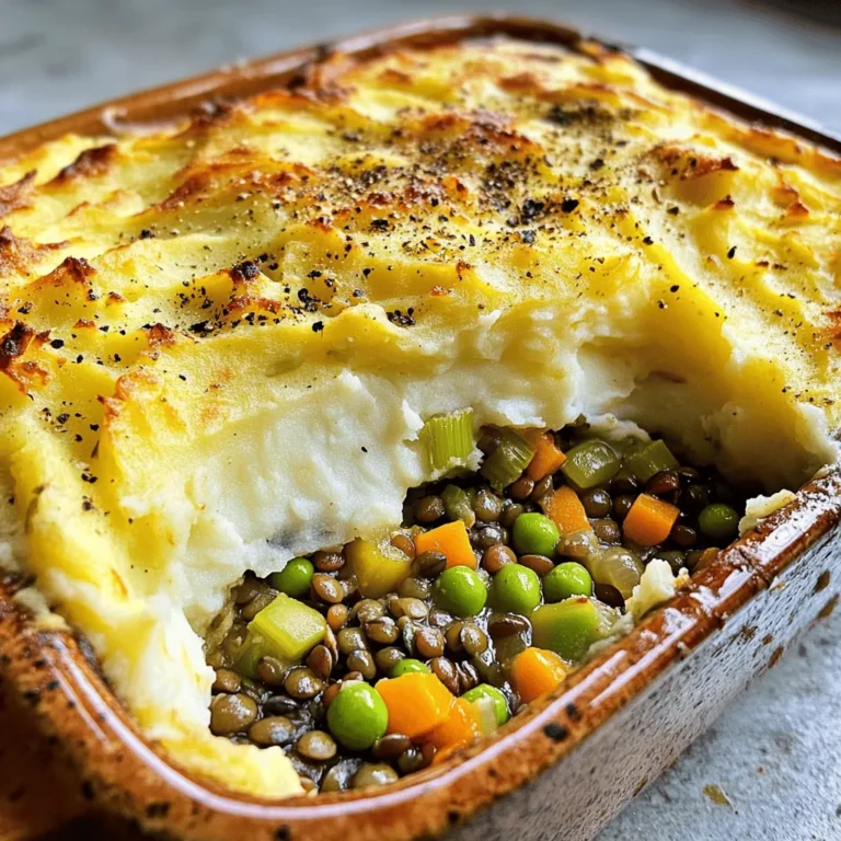 - 1 cup green or brown lentils, rinsed - 1 onion, finely chopped - 2 carrots, diced - 2 celery stalks, diced - 3 cloves garlic, minced - 1 cup vegetable broth - 1 tablespoon tomato paste - 1 teaspoon dried thyme - 1 teaspoon dried rosemary - Salt and pepper to taste - 1 cup frozen peas For this dish, I love using green or brown lentils. They add great texture and protein. The lentils cook up soft and absorb the flavors well. Chopped vegetables like onion, carrots, and celery bring sweetness and crunch. They give the pie a rich taste. Don't forget the garlic; it adds a wonderful aroma. Next, we have vegetable broth and tomato paste. The broth gives moisture while the paste adds depth. This mix creates a hearty filling that warms the soul. I always season with thyme and rosemary. They complement the lentils and veggies perfectly. Salt and pepper are key for balancing flavors. - 4 medium potatoes, peeled and chopped - 2 tablespoons vegan butter - ½ cup unsweetened almond milk (or any plant-based milk) - Salt and pepper to taste For the topping, I use medium-sized potatoes. They mash well and create a fluffy texture. Boiling them makes them soft. Then, I add vegan butter and almond milk for creaminess. Together, they make a rich topping that contrasts nicely with the filling. Season the mashed potatoes with salt and pepper. This simple step enhances the flavor. The combination of the lentil filling and creamy topping makes this vegan lentil shepherd's pie a crowd-pleaser. For the full recipe, check out the details above. Enjoy the hearty and flavorful dish! First, take 1 cup of green or brown lentils and rinse them well. Place the rinsed lentils in a large pot. Pour in 1 cup of vegetable broth and bring it to a boil. Once boiling, reduce the heat and cover it. Let it simmer for about 20-25 minutes. You want the lentils to be tender. If there is extra liquid, drain it. While the lentils cook, heat a splash of water or vegetable broth in a skillet over medium heat. Add 1 finely chopped onion, 2 diced carrots, and 2 diced celery stalks. Sauté the veggies for about 5-7 minutes until they soften. Next, stir in 3 cloves of minced garlic and cook for one more minute. This mix will add lots of flavor. Once the lentils are ready, mix them with the sautéed vegetables. Add in 1 tablespoon of tomato paste, 1 teaspoon of dried thyme, 1 teaspoon of dried rosemary, and salt and pepper to taste. These spices will make the dish fragrant. Toss in 1 cup of frozen peas and stir everything well. Let this mixture simmer for another 5 minutes to meld the flavors. Next, let’s prepare the mashed potatoes. Peel and chop 4 medium potatoes. Boil them in salted water until they are fork-tender, which takes about 15 minutes. Drain the potatoes and return them to the pot. Now, mash the potatoes with 2 tablespoons of vegan butter and ½ cup of unsweetened almond milk. Mix until creamy and smooth. Don’t forget to season with salt and pepper. Now, preheat your oven to 400°F (200°C). In a baking dish, layer the lentil filling evenly at the bottom. Spread the creamy mashed potatoes on top. You can create a smooth surface or a textured one. Bake the dish in the oven for about 25-30 minutes. You want the top to be slightly golden and the edges bubbling. Once done, take it out and let it sit for a few minutes before serving. Enjoy your Vegan Lentil Shepherd’s Pie! For the complete steps, check the Full Recipe. For creamy mashed potatoes, I recommend using Yukon Gold potatoes. They have a natural creaminess. Boil them until they are fork-tender. After draining, mash them with vegan butter and almond milk. This combo adds flavor and richness. To achieve the ideal lentil consistency, use green or brown lentils. Rinse them well before cooking. Cook lentils in vegetable broth for extra flavor. Simmer them until tender but not mushy. You want them to hold their shape in the pie. Herbs and spices can elevate your dish. I suggest using dried thyme and rosemary for a classic flavor. You can also add smoked paprika for a hint of smokiness. If you like heat, a pinch of cayenne pepper works well too. Resting time is key before serving. Let your shepherd's pie sit for a few minutes after baking. This helps the flavors settle and makes it easier to serve. If you can, cover it with a towel to keep it warm. Trust me, this extra step is worth it! For the full recipe, check out the detailed steps above. {{image_2}} You can switch up the protein in your Vegan Lentil Shepherd’s Pie for more flavor. Consider using mushrooms or tempeh. - Mushrooms: They add a rich umami flavor. Use diced portobello or cremini mushrooms. Sauté them with the veggies for a hearty texture. - Tempeh: This fermented soy product packs a protein punch. Crumble it into the lentil mix for a nutty taste. You might also try other legumes, like chickpeas or black beans. They can provide different textures and flavors. Feel free to add seasonal vegetables to your pie. This adds color and nutrition. - Carrots and Peas: These are classic choices. They bring sweetness and crunch. - Kale or Spinach: Toss in some chopped kale or spinach for extra nutrition. These greens wilt nicely and boost the dish’s health factor. Think about what veggies you love most. Feel free to experiment! The topping is just as important as the filling. You can change it up in a few ways. - Sweet Potatoes: Swap regular potatoes for sweet potatoes. They add a natural sweetness and vibrant color. - Nutritional Yeast: Add this ingredient to your potato mash. It gives a cheesy flavor without dairy. These small changes can make your Vegan Lentil Shepherd’s Pie unique each time you make it. Check the full recipe for specific instructions! To keep your Vegan Lentil Shepherd’s Pie fresh, store leftovers in the fridge. Use airtight containers for best results. Divide the pie into smaller portions before packing. This makes it easy to grab a serving later. When you’re ready to enjoy it again, reheat in the oven. Preheat your oven to 350°F (175°C). Place the pie in a baking dish, cover it with foil, and bake for about 20 minutes. This method keeps the pie moist and tasty. You can also microwave it, but be careful. Stir the pie halfway to heat evenly. After reheating, let it sit for a few minutes. This helps the flavors settle. Serve it with a side salad or some crusty bread for a full meal. For the full recipe, check out the complete guide to making this comfort dish. If you can't find lentils, try using black beans or chickpeas. These legumes work well and add great flavor. You can also use tempeh or tofu for a meatier texture. These options provide protein and nutrients just like lentils do. Yes, you can prepare this dish in advance. Make the lentil filling and mashed potatoes separately. Store them in the fridge for up to two days. When ready to eat, layer them and bake as directed. This helps the flavors blend nicely. It’s a great time-saver for busy days. Yes, this recipe is gluten-free. Just ensure that your vegetable broth does not contain gluten. Check labels on all ingredients to be safe. Using fresh, whole foods helps avoid gluten. Enjoy this hearty meal without worry! The blog post covered a hearty lentil dish with creamy mashed potatoes. I shared key ingredients like lentils, vegetables, and spices. You learned how to prepare the lentils, mix them with veggies, and make the topping. I also provided storage tips and variations for a personal touch. This recipe is simple, nutritious, and full of flavor. You can make it your own by adding veggies or spices you love. Enjoy making it your way!