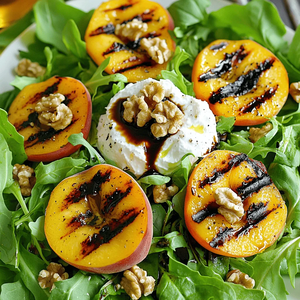- 2 ripe peaches, halved and pitted - 8 oz burrata cheese - 4 cups mixed greens (arugula, spinach, and frisée) - 1/4 cup walnuts, toasted - 3 tablespoons olive oil - 1 tablespoon balsamic glaze - Salt and pepper to taste - Fresh basil leaves for garnish When making grilled peach burrata salad, freshness is key. Choose peaches that are ripe but firm. This gives the best flavor and texture when grilled. Burrata cheese must be fresh for the best creamy bite. Mixed greens like arugula, spinach, and frisée add a nice crunch and balance the sweetness of the peaches. For the extra ingredients, walnuts add a delightful crunch. Toasting them brings out their rich flavor. Olive oil provides a smooth finish, while balsamic glaze adds a sweet tang. Don’t forget salt and pepper! They are essential for bringing all the flavors together. Finally, fresh basil leaves give a pop of color and a fresh aroma. This recipe is simple yet elegant. You can find the Full Recipe to guide you through the steps. Happy cooking! - Preheat the grill or grill pan over medium heat. - Brush the peach halves with olive oil. - Grill the peaches until grill marks appear. Start by getting your grill nice and hot. Medium heat works best for this. Next, take your ripe peaches and brush the cut sides with olive oil. This oil adds flavor and helps prevent sticking. When the grill is ready, place the peaches cut-side down. Grill them for about 2-3 minutes. You want to see those lovely grill marks. The peaches should be tender but not mushy. After grilling, let them cool a bit, then slice into wedges. - Combine mixed greens, peach wedges, and walnuts. - Drizzle with olive oil and balsamic glaze. - Season with salt and pepper before tossing. In a large bowl, toss the mixed greens together with the peach wedges and toasted walnuts. The greens give a fresh crunch, while the peaches add sweetness. Now, drizzle some olive oil and balsamic glaze on top. This combination enhances the flavors. Don’t forget to season with salt and pepper. Gently toss everything together to coat. - Plate the salad with burrata in the center. - Garnish with fresh basil. - Add extra balsamic glaze if desired. Now it’s time to serve! Take a generous portion of the salad and place it on a plate. Tear the burrata cheese and put it right in the middle. This creamy cheese is the star of the dish. Garnish your salad with some fresh basil leaves for a pop of color. If you like more flavor, drizzle on extra balsamic glaze. Your grilled peach burrata salad is now ready to impress! For the complete recipe, check the [Full Recipe]. - Look for ripe yet firm peaches. They should feel slightly soft but not mushy. - Use freestone peaches for easier handling. The pit comes out cleanly, making prep a breeze. - Opt for fresh burrata for the best flavor. This cheese has a rich, creamy center. - Tear burrata just before serving for creaminess. This keeps it fresh and delicious. - Maintain medium heat to avoid charred peaches. Too high heat can ruin their sweet flavor. - Experiment with grilling time for desired softness. Aim for about 2-3 minutes per side. {{image_2}} You can easily switch up some ingredients in this salad. If you want a different nut, substitute walnuts with pecans or almonds. Both options add a nice crunch and flavor. You can also change the greens. Instead of mixed greens, try using kale or romaine. These will give your salad a fresh twist. If you're looking for a new flavor, try a lemon vinaigrette instead of balsamic. The bright citrus taste will brighten your salad. For those who like it sweeter, add honey to your dressing. This small change can make a big difference in taste. Want to elevate your dish? Incorporate goat cheese for added tanginess. It pairs well with the sweetness of the peaches. You can also add grilled chicken for a protein boost. This makes the salad heartier and perfect for dinner. To keep your salad fresh, store components separately. Place grilled peaches and mixed greens in airtight containers. This method helps maintain texture and flavor. If you have extra burrata, wrap it tightly and store it in the fridge. For the best taste, eat the salad within 24 hours. Grilled peaches stay good in the fridge for 2-3 days. After that, they may lose their sweetness and texture. When you reheat peaches, do so gently. Heat them in a skillet on low to avoid sogginess. It’s best to assemble your salad fresh just before serving. This keeps each ingredient at its best. Yes, you can prep the components ahead. Just store them separately. Wait to assemble until right before serving. This keeps everything fresh and tasty. You can cut the peaches, grill them, and wash the greens in advance. This salad pairs well with grilled meats. It also works as a light appetizer. You might enjoy it with chicken or steak. The flavors complement many dishes, making it a great choice for a meal. No, this salad is not vegan-friendly due to the burrata cheese. If you want a vegan option, try a cheese alternative. There are many great plant-based cheeses available today. They can give you a similar taste and texture. This blog post shows you how to make a Grilled Peach Burrata Salad. You’ve learned about the main and additional ingredients, plus easy step-by-step instructions. I shared tips for choosing peaches and perfecting burrata. You can even try variations with different nuts or dressings. Embrace creativity with this salad. Fresh peaches and creamy burrata make a tasty combo. Remember to store leftovers properly to keep it fresh. Enjoy making your salad and impressing friends with your skills!