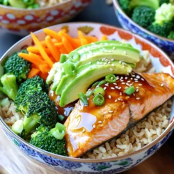 - 2 salmon fillets - 1/4 cup soy sauce (or tamari) - 2 tablespoons honey or maple syrup - 1 tablespoon sesame oil - 1 cup broccoli florets - 1 carrot, julienned - 1/2 avocado, sliced - 1 tablespoon sesame seeds - 2 green onions, chopped - Salt and pepper to taste - Lime wedges for serving - Additional grains like white rice or quinoa When preparing Easy Teriyaki Salmon Bowls, I make sure to gather all my ingredients first. This keeps the cooking process smooth and fun. The salmon fillets are the stars of the dish. They bring a rich flavor and nice texture. I use soy sauce for a savory base. Tamari is a great choice for gluten-free diets. Honey or maple syrup adds a touch of sweetness to the sauce. Sesame oil gives a warm, nutty flavor that makes everything better. The veggies are just as important. Broccoli florets provide crunch and color. Carrots, when julienned, add a sweet bite. The avocado brings creaminess, which balances the dish. Topping it all with sesame seeds and green onions adds flair and freshness. You can also add salt and pepper to taste. Lime wedges are a nice touch for serving. If you want more substance, consider adding white rice or quinoa. You can find the Full Recipe to guide you through the cooking steps. First, preheat your oven to 400°F (200°C). This step is key for even cooking. Next, line a baking sheet with parchment paper. This helps with easy cleanup and prevents sticking. In a bowl, mix your teriyaki marinade. Combine 1/4 cup soy sauce, 2 tablespoons honey, 1 tablespoon sesame oil, and 1 teaspoon grated ginger. Whisk it all together until smooth. Now, place the salmon fillets on your prepared baking sheet. Pour half of the marinade over the salmon. Make sure each piece is well-coated. This infuses great flavor into the fish. Bake the salmon for 12-15 minutes. It’s done when it flakes easily with a fork. Keep an eye on it to avoid overcooking. While the salmon bakes, it’s time to steam the veggies. Add 1 cup of broccoli florets and 1 julienned carrot to a pot with a steamer basket. Steam them for about 5-7 minutes. You want them tender but still bright and crunchy. This adds color and nutrients to your bowls. Follow these steps closely for a tasty and quick meal. For the full recipe, check out the Easy Teriyaki Salmon Bowls section. To make your teriyaki sauce just right, you can adjust the sweetness. Use honey or maple syrup to find your favorite level of sweetness. A little can go a long way. If you like a bit of heat, add some red pepper flakes. This spice will give your dish a nice kick. Adjust the spices to your taste, and enjoy the balance of flavors. Grilling the salmon can bring out a smoky flavor. If you have a grill, try it! Just make sure to oil the grates to prevent sticking. If grilling is not an option, pan-searing works too. Heat some sesame oil in a pan, and cook the salmon for about 4-5 minutes per side. This method creates a crispy skin that is very tasty. Presentation matters! For a beautiful bowl, layer the ingredients neatly. Start with the rice or quinoa. Add the salmon on top, then arrange the broccoli and carrots around it. Don't forget to drizzle some of the teriyaki sauce over everything. For a fresh touch, serve with a lime wedge on the side. The lime adds a nice burst of flavor and brightens the whole dish. For the full recipe, be sure to check out the Easy Teriyaki Salmon Bowls section. {{image_2}} You can easily make this dish gluten-free. Simply swap out the soy sauce for tamari. Tamari gives that same great taste without gluten. You can also choose different grains. Instead of brown rice or quinoa, try using cauliflower rice or gluten-free rice. These options keep your bowl flavorful while ensuring it's safe for those with gluten sensitivities. If you want a vegan version, replace the salmon with tofu or chickpeas. Tofu absorbs flavors well. Just marinate it like you would the salmon. For chickpeas, use them as is or roast them for some crunch. Adjust the marinade by using maple syrup instead of honey. This simple switch keeps your bowl plant-based and just as tasty. Feel free to get creative with your ingredients! Add in other vegetables like bell peppers or snap peas. These not only make the dish colorful but also boost the nutrition. For some crunch, sprinkle on nuts or seeds. Almonds, cashews, or sunflower seeds work great. They add texture and flavor, making your teriyaki salmon bowl even more delightful. For more details on making this dish, check out the Full Recipe. To store leftovers, place the salmon and veggies in an airtight container. This keeps them fresh longer. In the fridge, your teriyaki salmon bowls stay good for 2-3 days. Make sure the rice or quinoa cools before sealing the container. This will help prevent sogginess. You can freeze portions for quick meals later. Wrap each bowl tightly in plastic wrap, then place it in a freezer bag. This keeps the flavors intact. When you want to enjoy a bowl, thaw it in the fridge overnight. Reheat in the microwave for 2-3 minutes or until hot. You can also use the oven to reheat at 350°F (175°C) for about 15 minutes. Prepare ingredients ahead for fast assembly. Cook the rice or quinoa in advance. You can also make the teriyaki sauce ahead of time. Store it in a jar in the fridge. Chop veggies like broccoli and carrots, and keep them in separate containers. This way, when you're ready to eat, you can quickly assemble your bowls. Aim for a colorful mix to make your meal pop! You can use chicken or tofu instead of salmon. Both options work well. Chicken gives you a lean protein choice. Tofu is a great plant-based option. Make sure to adjust cooking times. For chicken, cook until it reaches 165°F. For tofu, cook until golden and warm. Yes, you can prepare this dish ahead of time. Store the cooked salmon and veggies in airtight containers. Keep the rice or quinoa separate. This helps maintain freshness. You can reheat everything in the microwave. Just make sure it’s heated through before serving. Great sides include edamame or Asian slaw. Edamame adds a nice crunch and protein. Asian slaw gives a fresh and tangy flavor. You could also serve with pickled vegetables for a zing. These sides complement the teriyaki flavor perfectly. To make teriyaki sauce, mix these ingredients: - 1/4 cup soy sauce - 2 tablespoons honey or maple syrup - 1 tablespoon sesame oil - 1 teaspoon grated ginger Whisk it all together for a simple sauce. Adjust sweetness to your taste. This homemade sauce is quick and tasty. Yes, this recipe is very kid-friendly. The sweet teriyaki sauce is usually a hit with kids. You can let them help assemble their bowls. Offer toppings like avocado or sesame seeds for fun. Make it colorful to catch their eye! This blog post covered a simple and tasty teriyaki salmon bowl. We explored the key ingredients like salmon, soy sauce, and fresh veggies. I shared step-by-step instructions for cooking and tips to enhance flavor. You can adapt this dish by using different proteins or making it vegan. With proper storage, leftovers can last for days, making meal prep easy. Enjoy experimenting with your teriyaki bowls, and don't be afraid to personalize the flavors!