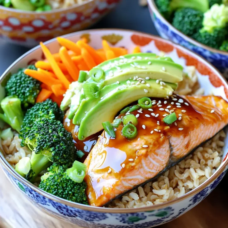 - 2 salmon fillets - 1/4 cup soy sauce (or tamari) - 2 tablespoons honey or maple syrup - 1 tablespoon sesame oil - 1 cup broccoli florets - 1 carrot, julienned - 1/2 avocado, sliced - 1 tablespoon sesame seeds - 2 green onions, chopped - Salt and pepper to taste - Lime wedges for serving - Additional grains like white rice or quinoa When preparing Easy Teriyaki Salmon Bowls, I make sure to gather all my ingredients first. This keeps the cooking process smooth and fun. The salmon fillets are the stars of the dish. They bring a rich flavor and nice texture. I use soy sauce for a savory base. Tamari is a great choice for gluten-free diets. Honey or maple syrup adds a touch of sweetness to the sauce. Sesame oil gives a warm, nutty flavor that makes everything better. The veggies are just as important. Broccoli florets provide crunch and color. Carrots, when julienned, add a sweet bite. The avocado brings creaminess, which balances the dish. Topping it all with sesame seeds and green onions adds flair and freshness. You can also add salt and pepper to taste. Lime wedges are a nice touch for serving. If you want more substance, consider adding white rice or quinoa. You can find the Full Recipe to guide you through the cooking steps. First, preheat your oven to 400°F (200°C). This step is key for even cooking. Next, line a baking sheet with parchment paper. This helps with easy cleanup and prevents sticking. In a bowl, mix your teriyaki marinade. Combine 1/4 cup soy sauce, 2 tablespoons honey, 1 tablespoon sesame oil, and 1 teaspoon grated ginger. Whisk it all together until smooth. Now, place the salmon fillets on your prepared baking sheet. Pour half of the marinade over the salmon. Make sure each piece is well-coated. This infuses great flavor into the fish. Bake the salmon for 12-15 minutes. It’s done when it flakes easily with a fork. Keep an eye on it to avoid overcooking. While the salmon bakes, it’s time to steam the veggies. Add 1 cup of broccoli florets and 1 julienned carrot to a pot with a steamer basket. Steam them for about 5-7 minutes. You want them tender but still bright and crunchy. This adds color and nutrients to your bowls. Follow these steps closely for a tasty and quick meal. For the full recipe, check out the Easy Teriyaki Salmon Bowls section. To make your teriyaki sauce just right, you can adjust the sweetness. Use honey or maple syrup to find your favorite level of sweetness. A little can go a long way. If you like a bit of heat, add some red pepper flakes. This spice will give your dish a nice kick. Adjust the spices to your taste, and enjoy the balance of flavors. Grilling the salmon can bring out a smoky flavor. If you have a grill, try it! Just make sure to oil the grates to prevent sticking. If grilling is not an option, pan-searing works too. Heat some sesame oil in a pan, and cook the salmon for about 4-5 minutes per side. This method creates a crispy skin that is very tasty. Presentation matters! For a beautiful bowl, layer the ingredients neatly. Start with the rice or quinoa. Add the salmon on top, then arrange the broccoli and carrots around it. Don't forget to drizzle some of the teriyaki sauce over everything. For a fresh touch, serve with a lime wedge on the side. The lime adds a nice burst of flavor and brightens the whole dish. For the full recipe, be sure to check out the Easy Teriyaki Salmon Bowls section. {{image_2}} You can easily make this dish gluten-free. Simply swap out the soy sauce for tamari. Tamari gives that same great taste without gluten. You can also choose different grains. Instead of brown rice or quinoa, try using cauliflower rice or gluten-free rice. These options keep your bowl flavorful while ensuring it's safe for those with gluten sensitivities. If you want a vegan version, replace the salmon with tofu or chickpeas. Tofu absorbs flavors well. Just marinate it like you would the salmon. For chickpeas, use them as is or roast them for some crunch. Adjust the marinade by using maple syrup instead of honey. This simple switch keeps your bowl plant-based and just as tasty. Feel free to get creative with your ingredients! Add in other vegetables like bell peppers or snap peas. These not only make the dish colorful but also boost the nutrition. For some crunch, sprinkle on nuts or seeds. Almonds, cashews, or sunflower seeds work great. They add texture and flavor, making your teriyaki salmon bowl even more delightful. For more details on making this dish, check out the Full Recipe. To store leftovers, place the salmon and veggies in an airtight container. This keeps them fresh longer. In the fridge, your teriyaki salmon bowls stay good for 2-3 days. Make sure the rice or quinoa cools before sealing the container. This will help prevent sogginess. You can freeze portions for quick meals later. Wrap each bowl tightly in plastic wrap, then place it in a freezer bag. This keeps the flavors intact. When you want to enjoy a bowl, thaw it in the fridge overnight. Reheat in the microwave for 2-3 minutes or until hot. You can also use the oven to reheat at 350°F (175°C) for about 15 minutes. Prepare ingredients ahead for fast assembly. Cook the rice or quinoa in advance. You can also make the teriyaki sauce ahead of time. Store it in a jar in the fridge. Chop veggies like broccoli and carrots, and keep them in separate containers. This way, when you're ready to eat, you can quickly assemble your bowls. Aim for a colorful mix to make your meal pop! You can use chicken or tofu instead of salmon. Both options work well. Chicken gives you a lean protein choice. Tofu is a great plant-based option. Make sure to adjust cooking times. For chicken, cook until it reaches 165°F. For tofu, cook until golden and warm. Yes, you can prepare this dish ahead of time. Store the cooked salmon and veggies in airtight containers. Keep the rice or quinoa separate. This helps maintain freshness. You can reheat everything in the microwave. Just make sure it’s heated through before serving. Great sides include edamame or Asian slaw. Edamame adds a nice crunch and protein. Asian slaw gives a fresh and tangy flavor. You could also serve with pickled vegetables for a zing. These sides complement the teriyaki flavor perfectly. To make teriyaki sauce, mix these ingredients: - 1/4 cup soy sauce - 2 tablespoons honey or maple syrup - 1 tablespoon sesame oil - 1 teaspoon grated ginger Whisk it all together for a simple sauce. Adjust sweetness to your taste. This homemade sauce is quick and tasty. Yes, this recipe is very kid-friendly. The sweet teriyaki sauce is usually a hit with kids. You can let them help assemble their bowls. Offer toppings like avocado or sesame seeds for fun. Make it colorful to catch their eye! This blog post covered a simple and tasty teriyaki salmon bowl. We explored the key ingredients like salmon, soy sauce, and fresh veggies. I shared step-by-step instructions for cooking and tips to enhance flavor. You can adapt this dish by using different proteins or making it vegan. With proper storage, leftovers can last for days, making meal prep easy. Enjoy experimenting with your teriyaki bowls, and don't be afraid to personalize the flavors!