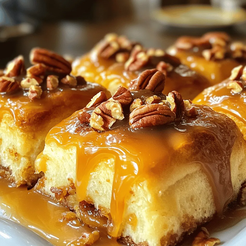 To make Caramel Pecan Sticky Buns, you need these key ingredients: - 4 cups all-purpose flour - 1/4 cup granulated sugar - 1 packet (2 1/4 tsp) active dry yeast - 1 teaspoon salt - 1 cup warm milk (110°F) - 1/2 cup unsalted butter, melted - 2 large eggs - 1 teaspoon vanilla extract - 1/2 cup brown sugar, packed - 1 cup pecans, chopped - 1/4 cup corn syrup - 1 tablespoon ground cinnamon These ingredients work together to create a soft, sweet dough with rich, gooey caramel. If you want to add unique flavors, consider these options: - A pinch of nutmeg for warmth - A splash of maple syrup for depth - A handful of raisins or dried cranberries for sweetness These ingredients can elevate your sticky buns and make them even more special. You can easily swap some ingredients if needed: - Use almond milk instead of regular milk for a dairy-free option. - Substitute coconut oil for butter for a vegan touch. - If you don’t have pecans, walnuts or almonds work well too. These swaps can help you adapt the recipe to your dietary needs or preferences. For the full recipe, refer to the detailed instructions provided above. To start, you need to make the dough. First, take a bowl and mix warm milk with yeast. Let it sit for 5 to 10 minutes until frothy. This step wakes up the yeast and helps it grow. In a large mixing bowl, combine 4 cups of all-purpose flour, 1/4 cup granulated sugar, and 1 teaspoon salt. Next, add the yeast mixture, 1/2 cup melted butter, 2 large eggs, and 1 teaspoon vanilla extract. Mix until a dough forms. Then, knead the dough on a floured surface for 5 to 7 minutes. You want it smooth and elastic. Place the dough in a greased bowl, cover it, and let it rise in a warm area for 1 hour. It should double in size. While the dough rises, prepare the caramel mixture. In a small saucepan, combine 1/2 cup brown sugar, 1/4 cup corn syrup, and a pinch of salt. Heat this over medium heat, stirring until smooth. This mixture will create that rich, gooey caramel layer. Once it’s ready, remove it from the heat and set it aside. This caramel will go into the baking dish and coat your buns. After the dough has risen, preheat your oven to 350°F (175°C). Pour the caramel mixture into a greased baking dish. Sprinkle 1 cup of chopped pecans evenly over the top. Roll out the risen dough into a large rectangle, about 1/2 inch thick. Brush melted butter over the dough, then sprinkle with brown sugar and 1 tablespoon ground cinnamon. Roll the dough tightly into a log and slice it into 12 equal pieces. Place these slices into the baking dish, on top of the caramel and pecans. Cover and let them rise for another 30 minutes. Finally, bake for 25 to 30 minutes until golden brown. Let them cool for 5 minutes, then invert the pan onto a serving platter. Watch the caramel flow over the buns. For the full recipe, refer to the provided details. To make great caramel pecan sticky buns, the dough must be just right. You want a soft and smooth dough. Start by using warm milk to help the yeast work better. If the milk is too hot, it can kill the yeast. Aim for 110°F. Knead the dough until it feels elastic and smooth. This usually takes about 5-7 minutes. If the dough sticks to your hands, add a bit more flour. Many people make the same mistakes when making sticky buns. One common error is not letting the dough rise enough. Make sure the dough doubles in size before rolling it out. Another mistake is not measuring the ingredients correctly. Use a kitchen scale for accuracy. If you skip this step, your buns may be too dry or too dense. For even baking, preheat your oven well before placing the buns inside. This step is key to avoid uneven cooking. Place the baking dish in the center of the oven for the best results. This helps all sides cook at the same rate. Check the buns a few minutes before the end of the baking time. Every oven is different, so keep an eye on them. You want a golden brown color on top. Follow these tips, and your sticky buns will turn out perfect every time! {{image_2}} You can make your caramel pecan sticky buns even more exciting by swapping nuts. Try walnuts or hazelnuts for a different flavor. Both nuts add a nice crunch. You can also mix nuts for a fun texture. Just chop them up and sprinkle on top of the caramel. This small change can give your sticky buns a new twist. Fruits and chocolate can bring extra taste to your sticky buns. Try adding raisins or dried cranberries for some sweetness. If you love chocolate, add chocolate chips to the filling. To do this, sprinkle them over the dough after you spread the butter. This way, the chocolate melts while baking, making each bite rich and gooey. Feel free to be creative with flavors you enjoy! If you need vegan or gluten-free options, you can still enjoy these sticky buns. For vegan buns, replace eggs with flax eggs and use plant milk. Substitute the butter with coconut oil or vegan butter. To make them gluten-free, swap all-purpose flour for a gluten-free blend. Just ensure your other ingredients are also gluten-free. With these tweaks, you can still enjoy the same great taste. For the full recipe, check out the details above to create your own batch of caramel pecan sticky buns! To store leftover caramel pecan sticky buns, let them cool completely. Place them in an airtight container. You can also cover them tightly with plastic wrap. Keep them at room temperature for up to two days. If you want them to last longer, refrigerate them. They will stay fresh for about a week in the fridge. If you want to freeze sticky buns, wrap each bun tightly in plastic wrap. Then, place them in a freezer bag or container. You can freeze them for up to three months. When you're ready to enjoy them, simply thaw them overnight in the fridge. This keeps them fresh and tasty. To reheat the sticky buns, preheat your oven to 350°F (175°C). Place the buns on a baking sheet. Cover them with aluminum foil to keep them soft. Heat for about 10-15 minutes. For a quick option, you can use the microwave. Heat each bun for 20-30 seconds. Just watch that they don’t get too hot. Enjoy your warm and gooey treats again! If you do not have pecans, try walnuts or almonds. Both add great flavor. You can also use sunflower seeds for a nut-free option. Just chop them up like you would the pecans. This keeps the texture and adds crunch. Sticky buns taste best fresh, but they last up to three days. Store them in an airtight container at room temperature. You can also keep them in the fridge for about a week. If you want to savor them longer, freeze them for up to three months. Yes, you can make sticky buns in advance! Prepare the dough and shape the buns. Place them in the baking dish, cover with plastic wrap, and refrigerate overnight. The next day, let them rise for 30 minutes before baking. This saves time and keeps them fresh. For the full recipe, check the earlier sections. You learned about essential ingredients and tasty options for sticky buns. We went through how to prepare the dough and make the caramel. You now know tips for the best texture and how to avoid mistakes. We also explored fun variations and how to store your leftovers. Sticky buns can be a tasty treat for any occasion. Enjoy the process and get creative! Happy baking!