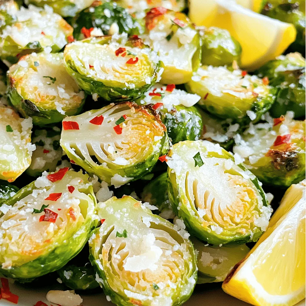To make crispy garlic Parmesan Brussels sprouts, you need just a few simple items. Here’s the complete list of ingredients: - 1 pound Brussels sprouts, trimmed and halved - 4 cloves garlic, minced - 1/4 cup grated Parmesan cheese - 1/4 cup olive oil - 1 teaspoon salt - 1/2 teaspoon black pepper - 1/2 teaspoon red pepper flakes (optional for a kick) - Fresh lemon wedges for serving Each ingredient plays a vital role in creating a tasty dish. The Brussels sprouts give a nice crunch, while garlic adds rich flavor. Parmesan cheese brings a salty, creamy touch that makes everything better. Olive oil helps everything roast nicely, and the spices add warmth. You can find the full recipe in the earlier sections. This dish is not only easy to make, but it’s also packed with flavor and nutrition. Enjoy! Start by trimming the ends of the Brussels sprouts. Remove any yellow or damaged leaves. Then, cut each sprout in half. This helps them cook evenly and get crispy. Next, peel and mince the garlic. Fresh garlic adds a great punch to the flavor. In a large bowl, combine the halved Brussels sprouts with olive oil, minced garlic, salt, black pepper, and red pepper flakes if you want some heat. Mix well to coat all the sprouts evenly. This step is key for ensuring every bite is tasty. Preheat your oven to 425°F (220°C). This high heat helps achieve that crispy texture. Spread the Brussels sprouts on a baking sheet lined with parchment paper. Make sure they are in a single layer to roast properly. Bake for 20-25 minutes. Stir them halfway through for even cooking. When they turn golden brown and crispy, they are ready. After roasting, sprinkle grated Parmesan cheese on top while they are hot. The heat will help the cheese melt and stick. Toss gently to mix the cheese in. Serve them warm with fresh lemon wedges on the side for a bright finish. For the full recipe, check out the detailed steps above. To get that perfect crunch, start with the right oven temperature. Preheat your oven to 425°F (220°C). This high heat helps the Brussels sprouts roast quickly. They will turn brown and crispy on the outside. Make sure to space the Brussels sprouts on the baking sheet. If they are too close, they will steam instead of roast. Spread them out in a single layer for the best results. You can boost the flavor of your Brussels sprouts with herbs or spices. Try adding thyme, rosemary, or even a pinch of garlic powder. These will add depth to each bite. If you want a twist on the classic, consider using nutritional yeast instead of Parmesan. It gives a cheesy flavor without dairy, making it great for vegan diets. These Brussels sprouts pair well with many dishes. Serve them alongside grilled chicken or steak for a complete meal. They also make a great side for pasta dishes. For presentation, arrange the sprouts on a nice platter. Add fresh lemon wedges to the side for a pop of color and flavor. You can also sprinkle extra Parmesan on top before serving for a lovely finish. For the complete recipe, check out the [Full Recipe]. {{image_2}} You can easily make this dish vegan. Just replace the Parmesan cheese with nutritional yeast. Nutritional yeast gives a cheesy flavor without using dairy. It also adds some great nutrients. For cooking oil, you can swap olive oil for avocado oil or coconut oil. These oils work well and add unique flavors. Want some heat? Add more red pepper flakes to your mix. A little extra spice makes the dish more exciting. You can also drizzle some hot sauce on top after baking. This will kick up the flavor and give a nice kick to each bite. Feel free to mix in seasonal vegetables. Carrots, sweet potatoes, or bell peppers can add color and flavor. You can also toss in nuts or seeds for some extra crunch. Pine nuts or sunflower seeds are great options. They add texture and make the dish even more delightful. For the full recipe, check out the Crispy Garlic Parmesan Brussels Sprouts. To keep your crispy garlic parmesan Brussels sprouts fresh, first let them cool. Place the cooled sprouts in an airtight container. Store them in the fridge for up to three days. For freezing, spread them on a baking sheet. Once frozen, transfer them to a freezer bag. This helps prevent clumping and keeps them crisp. The best way to reheat these sprouts is in the oven. Preheat your oven to 375°F (190°C). Place the sprouts on a baking sheet and bake for about 10 minutes. This method keeps them crispy. If you use the microwave, they may become soggy. Heat them only for a short time if you must use the microwave. Crispy garlic parmesan Brussels sprouts will last in the fridge for about three days. Look for signs of spoilage, such as a mushy texture or an off smell. If they lose their crunch or smell bad, it's best to throw them away. Enjoy your dish while it’s fresh for the best taste! Brussels sprouts are small, green cabbage-like veggies. They grow on tall stalks and belong to the cruciferous family. Nutritionally, Brussels sprouts are packed with vitamins and minerals. They are high in vitamin C, vitamin K, and fiber. Eating Brussels sprouts can boost your immune system and aid digestion. They also contain antioxidants that help fight free radicals. Overall, they are a healthy choice for any meal. Yes, you can use frozen Brussels sprouts. However, fresh ones are often better. Frozen Brussels sprouts may be softer and less crispy after cooking. They are also blanched before freezing, which can change their texture. If you use frozen sprouts, adjust the cooking time. Cook them longer to ensure they become crispy like fresh ones. To make this recipe ahead of time, you can prep the Brussels sprouts. Trim and halve them, then store in the fridge for up to two days. You can also mix the oil and spices in a separate bowl. This way, you save time on cooking day. For reheating, use the oven for the best texture. Heat them at 425°F (220°C) for about 10 minutes. This helps keep them crispy, just like when you first made them. This blog post aimed to simplify cooking Brussels sprouts. You learned the key ingredients, step-by-step instructions, and tips for the best results. We looked at variations to suit different tastes and how to store leftovers. Remember, a few tweaks can make this dish truly yours. Enjoy exploring flavors and serving delicious sprouts. Happy cooking!