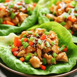 - 1 lb boneless, skinless chicken thighs, chopped - 1/4 cup low-sodium soy sauce - 2 tablespoons honey - 2 tablespoons rice vinegar - 1 tablespoon grated fresh ginger - 2 cloves garlic, minced - 1 tablespoon sesame oil - 1 red bell pepper, diced - 1 cup shredded carrots - 1/4 cup green onions, chopped - 12 large lettuce leaves (such as Romaine or Butter Lettuce) - Sesame seeds for garnish Using fresh ingredients makes a big difference in flavor. Choose chicken thighs for juiciness and taste. Opt for low-sodium soy sauce to keep the dish light. Fresh ginger adds a nice zing. Look for bright, crisp bell peppers and carrots. They enhance both color and crunch. Green onions should be fresh and green for the best results. You can swap chicken thighs for ground turkey or chicken breast. If you like spice, add sriracha instead of honey. Use apple cider vinegar if you don’t have rice vinegar. For a vegetarian option, try tofu or tempeh instead of chicken. You can pick any leafy greens like iceberg or butter lettuce instead of Romaine. To start, gather your ingredients. In a medium bowl, whisk together the soy sauce, honey, rice vinegar, grated ginger, and minced garlic. This will create a tasty teriyaki sauce. The mix of sweet and savory flavors makes this sauce special. It’s simple but packed with flavor. Let it sit for a moment while you prepare the chicken. Next, heat sesame oil in a large skillet over medium heat. Add the chopped chicken thighs and cook them for about 5 to 7 minutes. Stir frequently to ensure even cooking. You want the chicken to turn golden brown. Once cooked through, pour the teriyaki sauce over the chicken. Stir well to coat the chicken. Let it simmer for another 3 to 4 minutes. This helps the chicken soak in all those delicious flavors. Now, stir in the diced red bell pepper and shredded carrots. Cook for an additional 2 to 3 minutes until the veggies soften a bit. This adds color and crunch. Remove the skillet from the heat and mix in the chopped green onions. To serve, take a large lettuce leaf and spoon a generous amount of the teriyaki chicken mixture onto it. This makes a fun and fresh meal. Finish by sprinkling sesame seeds on top for a delightful crunch. For the full recipe, check out the details above. For great teriyaki chicken, use boneless, skinless chicken thighs. They stay juicy and tender. Cut them into small, even pieces. This helps them cook quickly and evenly. Cook the chicken over medium heat for about 5-7 minutes. Stir often to avoid burning. You want the chicken to brown nicely. This browning adds flavor and a nice texture. Marinades make your chicken taste better. For teriyaki chicken, I mix soy sauce, honey, rice vinegar, ginger, and garlic. This combination gives a sweet and savory taste. Let the chicken soak in this marinade for at least 30 minutes. If you have more time, letting it sit longer boosts the flavor even more. Just remember to reserve some marinade for later. You can add it to the skillet once the chicken is cooked. Serving is just as important as cooking. Use large lettuce leaves like Romaine or Butter Lettuce. They hold the filling well. Spoon the teriyaki chicken mix onto the leaves. Make sure to add diced red bell pepper and shredded carrots for color. Top it with chopped green onions and sesame seeds. This adds crunch and looks great. Arrange the lettuce wraps on a platter for a nice touch. You can also serve extra sauce on the side for dipping. For the full recipe, check out the details above. {{image_2}} If you want a vegetarian twist, use tofu instead of chicken. Firm tofu holds its shape well. Just press it to remove water, then chop it into small pieces. You can follow the same steps as the chicken recipe. For a vegan option, use maple syrup instead of honey in the sauce. This keeps the dish sweet and tasty without using animal products. You can switch meats to suit your taste. Ground turkey or pork works great in this recipe. Both cook quickly and absorb flavors well. If you like beef, small pieces of flank steak can also be a good choice. Just ensure you cook it until it’s tender. Each option brings its own unique flavor, making the dish fun and varied. Adjust the flavor to your liking. To make it spicy, add red pepper flakes or sriracha to the sauce. This adds a nice kick without overpowering the dish. If you prefer it sweeter, increase the honey or maple syrup. You can also mix in some pineapple for a tropical touch. These simple changes let you create the perfect balance for your taste buds. For the full recipe, check out the details above! You can store leftover teriyaki chicken in an airtight container. Let it cool down to room temperature before sealing. This keeps the chicken fresh. It will last about three to four days in the fridge. If you have leftover lettuce leaves, store them separately. Wrap them in a damp paper towel for extra freshness. This prevents wilting and keeps them crisp. To reheat your teriyaki chicken, place it in a skillet over medium heat. Add a splash of water or soy sauce to keep it moist. Stir frequently and heat until it is warm all the way through. You can also use a microwave. Place the chicken in a microwave-safe bowl, cover it, and heat in 30-second intervals. Stir in between to ensure even heating. You can freeze the teriyaki chicken mixture for longer storage. Place it in a freezer-safe bag or container. Make sure to remove as much air as possible to prevent freezer burn. It can last up to three months in the freezer. When you’re ready to eat, thaw it in the fridge overnight. Reheat it as mentioned above. Enjoy your tasty meal anytime! For the full recipe, check the earlier section. To add heat, use sriracha or chili paste. Mix a teaspoon into the teriyaki sauce. For more heat, add red pepper flakes while cooking the chicken. You can also serve with sliced jalapeños on the side. Adjust the spice to your taste, but start small. You can always add more. Yes, you can! While Romaine and Butter Lettuce work well, other greens can too. Try using Green Leaf or Iceberg lettuce for a nice crunch. Each type gives a different texture and taste. Just ensure the leaves are large enough to hold the filling. Several sides complement these wraps nicely. Consider serving with steamed rice or quinoa for a filling meal. You can also offer a fresh salad with a light dressing. Pickled vegetables add a nice tang. Fruit salad or fresh spring rolls are great choices too. For the full recipe, check out the earlier section. This post covered how to make teriyaki chicken, including key ingredients and their quality. I shared easy steps for sauce, cooking, and serving. Use tips to perfect texture and flavor. Consider variations for vegetarian options or spice levels. Proper storage ensures tasty leftovers. Teriyaki chicken can fit many meals and tastes. Experiment with it and enjoy!