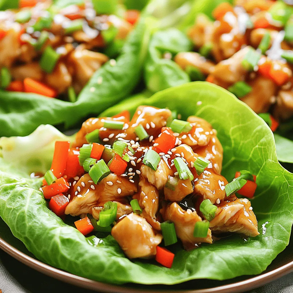 - 1 lb boneless, skinless chicken thighs, chopped - 1/4 cup low-sodium soy sauce - 2 tablespoons honey - 2 tablespoons rice vinegar - 1 tablespoon grated fresh ginger - 2 cloves garlic, minced - 1 tablespoon sesame oil - 1 red bell pepper, diced - 1 cup shredded carrots - 1/4 cup green onions, chopped - 12 large lettuce leaves (such as Romaine or Butter Lettuce) - Sesame seeds for garnish Using fresh ingredients makes a big difference in flavor. Choose chicken thighs for juiciness and taste. Opt for low-sodium soy sauce to keep the dish light. Fresh ginger adds a nice zing. Look for bright, crisp bell peppers and carrots. They enhance both color and crunch. Green onions should be fresh and green for the best results. You can swap chicken thighs for ground turkey or chicken breast. If you like spice, add sriracha instead of honey. Use apple cider vinegar if you don’t have rice vinegar. For a vegetarian option, try tofu or tempeh instead of chicken. You can pick any leafy greens like iceberg or butter lettuce instead of Romaine. To start, gather your ingredients. In a medium bowl, whisk together the soy sauce, honey, rice vinegar, grated ginger, and minced garlic. This will create a tasty teriyaki sauce. The mix of sweet and savory flavors makes this sauce special. It’s simple but packed with flavor. Let it sit for a moment while you prepare the chicken. Next, heat sesame oil in a large skillet over medium heat. Add the chopped chicken thighs and cook them for about 5 to 7 minutes. Stir frequently to ensure even cooking. You want the chicken to turn golden brown. Once cooked through, pour the teriyaki sauce over the chicken. Stir well to coat the chicken. Let it simmer for another 3 to 4 minutes. This helps the chicken soak in all those delicious flavors. Now, stir in the diced red bell pepper and shredded carrots. Cook for an additional 2 to 3 minutes until the veggies soften a bit. This adds color and crunch. Remove the skillet from the heat and mix in the chopped green onions. To serve, take a large lettuce leaf and spoon a generous amount of the teriyaki chicken mixture onto it. This makes a fun and fresh meal. Finish by sprinkling sesame seeds on top for a delightful crunch. For the full recipe, check out the details above. For great teriyaki chicken, use boneless, skinless chicken thighs. They stay juicy and tender. Cut them into small, even pieces. This helps them cook quickly and evenly. Cook the chicken over medium heat for about 5-7 minutes. Stir often to avoid burning. You want the chicken to brown nicely. This browning adds flavor and a nice texture. Marinades make your chicken taste better. For teriyaki chicken, I mix soy sauce, honey, rice vinegar, ginger, and garlic. This combination gives a sweet and savory taste. Let the chicken soak in this marinade for at least 30 minutes. If you have more time, letting it sit longer boosts the flavor even more. Just remember to reserve some marinade for later. You can add it to the skillet once the chicken is cooked. Serving is just as important as cooking. Use large lettuce leaves like Romaine or Butter Lettuce. They hold the filling well. Spoon the teriyaki chicken mix onto the leaves. Make sure to add diced red bell pepper and shredded carrots for color. Top it with chopped green onions and sesame seeds. This adds crunch and looks great. Arrange the lettuce wraps on a platter for a nice touch. You can also serve extra sauce on the side for dipping. For the full recipe, check out the details above. {{image_2}} If you want a vegetarian twist, use tofu instead of chicken. Firm tofu holds its shape well. Just press it to remove water, then chop it into small pieces. You can follow the same steps as the chicken recipe. For a vegan option, use maple syrup instead of honey in the sauce. This keeps the dish sweet and tasty without using animal products. You can switch meats to suit your taste. Ground turkey or pork works great in this recipe. Both cook quickly and absorb flavors well. If you like beef, small pieces of flank steak can also be a good choice. Just ensure you cook it until it’s tender. Each option brings its own unique flavor, making the dish fun and varied. Adjust the flavor to your liking. To make it spicy, add red pepper flakes or sriracha to the sauce. This adds a nice kick without overpowering the dish. If you prefer it sweeter, increase the honey or maple syrup. You can also mix in some pineapple for a tropical touch. These simple changes let you create the perfect balance for your taste buds. For the full recipe, check out the details above! You can store leftover teriyaki chicken in an airtight container. Let it cool down to room temperature before sealing. This keeps the chicken fresh. It will last about three to four days in the fridge. If you have leftover lettuce leaves, store them separately. Wrap them in a damp paper towel for extra freshness. This prevents wilting and keeps them crisp. To reheat your teriyaki chicken, place it in a skillet over medium heat. Add a splash of water or soy sauce to keep it moist. Stir frequently and heat until it is warm all the way through. You can also use a microwave. Place the chicken in a microwave-safe bowl, cover it, and heat in 30-second intervals. Stir in between to ensure even heating. You can freeze the teriyaki chicken mixture for longer storage. Place it in a freezer-safe bag or container. Make sure to remove as much air as possible to prevent freezer burn. It can last up to three months in the freezer. When you’re ready to eat, thaw it in the fridge overnight. Reheat it as mentioned above. Enjoy your tasty meal anytime! For the full recipe, check the earlier section. To add heat, use sriracha or chili paste. Mix a teaspoon into the teriyaki sauce. For more heat, add red pepper flakes while cooking the chicken. You can also serve with sliced jalapeños on the side. Adjust the spice to your taste, but start small. You can always add more. Yes, you can! While Romaine and Butter Lettuce work well, other greens can too. Try using Green Leaf or Iceberg lettuce for a nice crunch. Each type gives a different texture and taste. Just ensure the leaves are large enough to hold the filling. Several sides complement these wraps nicely. Consider serving with steamed rice or quinoa for a filling meal. You can also offer a fresh salad with a light dressing. Pickled vegetables add a nice tang. Fruit salad or fresh spring rolls are great choices too. For the full recipe, check out the earlier section. This post covered how to make teriyaki chicken, including key ingredients and their quality. I shared easy steps for sauce, cooking, and serving. Use tips to perfect texture and flavor. Consider variations for vegetarian options or spice levels. Proper storage ensures tasty leftovers. Teriyaki chicken can fit many meals and tastes. Experiment with it and enjoy!