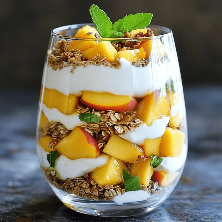 To make a delicious Greek yogurt peach parfait, gather the following ingredients: - 2 ripe peaches, diced - 1 cup Greek yogurt (plain or vanilla) - 1/2 cup granola (your choice, preferably nutty) - 2 tablespoons honey or maple syrup - 1 teaspoon vanilla extract (optional) - 1/4 teaspoon cinnamon - Fresh mint leaves, for garnish These ingredients work well together to create a tasty and nutritious treat. The peaches add sweetness and juiciness, while the Greek yogurt gives a creamy texture. You can choose plain yogurt for a tangy kick or vanilla for a sweeter flavor. Granola adds crunch and makes the parfait more filling. Honey or maple syrup gives a touch of sweetness, and cinnamon adds warmth. Fresh mint leaves not only look good but also bring a fresh taste. For the full recipe, check out the details provided earlier. Enjoy making your parfait! First, wash the peaches under cold water. This step is important to remove any dirt or residue. Next, dice the peaches into small, bite-sized pieces. This helps with easy layering later. Set the diced peaches aside. They will add a sweet and juicy layer to your parfait. Now, let’s mix the Greek yogurt. In a bowl, combine one cup of Greek yogurt with two tablespoons of honey or maple syrup. If you like, add one teaspoon of vanilla extract for extra flavor. Sprinkle in one-fourth teaspoon of cinnamon. Mix everything until it’s smooth and creamy. This yogurt blend is the base of your parfait. To build your parfait, grab a glass or parfait dish. Start with a layer of the Greek yogurt mixture at the bottom. This creamy layer is a perfect start. Next, add a layer of your diced peaches. Their sweetness will balance the yogurt. Then, sprinkle a layer of granola for a crunchy texture. Repeat these layers until your glass is full. Make sure to end with a layer of yogurt on top. Drizzle a little honey or maple syrup for a sweet touch. Finally, add a sprinkle of granola and some fresh mint leaves for garnish. This adds color and flavor to your tasty treat. Enjoy your Greek Yogurt Peach Parfait! For the full recipe, check the details provided above. When making a Greek yogurt peach parfait, the type of yogurt you choose matters. I often use plain Greek yogurt. It has a tangy taste and pairs well with sweet fruits. However, if you prefer a sweeter note, vanilla Greek yogurt works great too. Adjust the sweetness to your liking. You can add honey or maple syrup. Start with a little, then taste and add more if needed. Layering is key for a pretty parfait. Aim for even layers of yogurt, peaches, and granola. This makes each bite delicious. Use clear glasses to show off those beautiful layers. It adds visual appeal and makes your parfait look fancy. Picking the right peaches is essential. Choose ripe peaches with a nice color. They should feel slightly soft when you press them. For granola, go for a nutty type. It adds a nice crunch and flavor. Look for granola with whole nuts and seeds for the best texture. These choices will elevate your parfait, making it tasty and fun to eat. For the full recipe, check out the details above. {{image_2}} You can make your Greek yogurt peach parfait even better. Try adding fresh berries like strawberries or blueberries. These fruits add color and flavor. You can also use bananas for a sweet twist. If you want some crunch, add nuts or seeds. Almonds, walnuts, or chia seeds work well. They give your parfait a nice texture and boost nutrition. If you prefer a dairy-free option, use dairy-free yogurt. There are many tasty types available now. You can also try flavored Greek yogurt if you want a twist. Peach, vanilla, or honey yogurt can add extra flavor to your parfait. You can adjust the sweetness of your parfait. Instead of honey or maple syrup, try agave syrup. You can also use fruit puree for a natural sweetener. If you want to spice things up, add a hint of nutmeg or cardamom. These spices can give your parfait a warm, cozy flavor. For the full recipe, refer to the section above. To keep your Greek yogurt peach parfait fresh, store it in an airtight container. This helps prevent the parfait from drying out. If you plan to make multiple servings, keep the ingredients separate. Store the yogurt, peaches, and granola in their own containers. This keeps each part fresh and tasty. If stored correctly, your parfait can last up to three days in the fridge. Check for signs of spoilage like sour smells or moldy yogurt. Fresh peaches can brown quickly, so eat them within a day or two after cutting. You can prepare the yogurt mixture a few days in advance. Just mix the yogurt, honey, vanilla, and cinnamon, then keep it in the fridge. Dice the peaches the night before for a quick breakfast. When you're ready to eat, simply layer the yogurt, peaches, and granola in your favorite glass. It’s super simple and saves time! For the full recipe, refer to the main section above. Yes, you can use frozen peaches. They are a great option when fresh peaches are out of season. Frozen peaches are often picked at their peak ripeness, so they still taste sweet. However, they can become mushy when thawed. This may change the texture of your parfait. If you use them, let them thaw in the fridge overnight. Then, chop them into small pieces before layering. This recipe makes two servings. Each serving is a satisfying snack or breakfast. You can easily adjust the recipe. If you want to make more, just double or triple the ingredients. This way, you can enjoy it with family or friends. Each parfait will still have a balance of yogurt, fruit, and granola. Yes, you can prepare this parfait the night before. Just layer the yogurt and peaches in a glass. However, keep the granola separate. It stays crunchy this way. When you're ready to eat, add the granola on top. This keeps the texture nice and fresh. Enjoy your tasty Greek yogurt peach parfait! This blog post guides you through making a tasty peach parfait. We covered the best ingredients, simple steps to prepare, and tips for perfecting it. You can personalize your parfait with different fruits and yogurt types. Also, I shared storage advice to keep your parfait fresh. With these tips, you can enjoy a healthy treat anytime. Try making this parfait for breakfast or dessert. It’s quick, easy, and oh-so-delicious! Enjoy your parfait journey!
