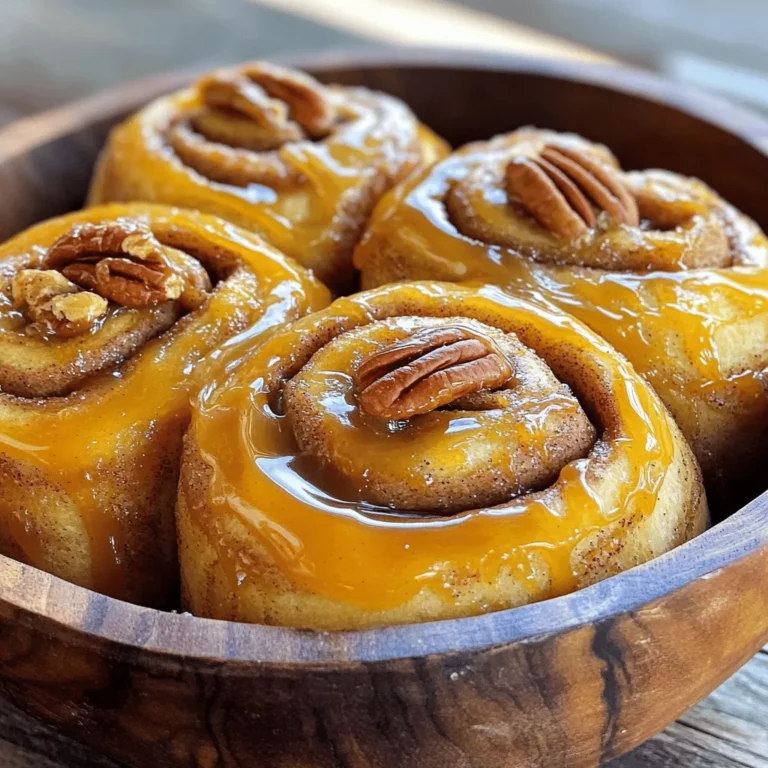 To make these delicious rolls, you need some key ingredients. The right mix will help you create that perfect gooey texture. Here’s what you need: - 4 cups all-purpose flour - 1/4 cup granulated sugar - 2 teaspoons instant yeast - 1 teaspoon salt - 1 cup warm milk (about 110°F) - 1/4 cup unsalted butter, melted - 1 large egg - 1 tablespoon vanilla extract - 1 tablespoon ground cinnamon - 1/2 cup packed brown sugar - 1/2 cup chopped pecans - 1/2 cup caramel sauce (plus extra for drizzling on top) These ingredients work together to make rolls that are soft and sweet. The combination of cinnamon, sugar, and caramel makes each bite a treat. When baking, using good brands can make a big difference. Here are some brands I trust: - Flour: King Arthur Flour is known for its quality. - Sugar: Domino sugar is a great choice for granulated sugar. - Yeast: Red Star Instant Yeast works well for quick rising. - Butter: Land O'Lakes unsalted butter gives a rich flavor. - Caramel Sauce: Smucker's Caramel Sauce is a tasty option. These brands help ensure your caramel pecan cinnamon rolls turn out just right. Sometimes you may need to switch out ingredients. Here are some options: - Flour: Use whole wheat flour for a healthier option. - Milk: Almond milk or oat milk can replace regular milk. - Butter: Coconut oil or vegan butter can be used for a dairy-free version. - Pecans: Walnuts or almonds can be substituted for pecans. - Caramel Sauce: Use chocolate sauce for a different flavor twist. These substitutes can still give you yummy rolls while meeting your needs. For the complete recipe, check out the Full Recipe link. Making caramel pecan cinnamon rolls is easy and fun! Here’s a quick look at the steps: 1. Make the dough and let it rise. 2. Roll out the dough and add the filling. 3. Shape the rolls and let them rise again. 4. Bake in the oven until golden. 5. Drizzle with caramel sauce and enjoy! To start, gather your ingredients. You will need flour, sugar, yeast, and salt. In a large bowl, mix the flour, sugar, yeast, and salt together. This helps the yeast work well. In another bowl, combine warm milk, melted butter, egg, and vanilla. Mix until smooth. Pour this mixture into the dry ingredients. Stir until you see a dough form. Now, knead the dough on a floured surface. Do this for about 5 to 7 minutes. The dough should feel smooth and elastic. Once ready, place it in a greased bowl. Cover it with a cloth and let it rise in a warm spot for about 1 hour. You want it to double in size! Once the dough has risen, punch it down gently. Roll it out on a floured surface to make a rectangle, about 16 by 12 inches. In a small bowl, mix brown sugar and cinnamon together. Spread the melted butter on the dough, then sprinkle the cinnamon sugar mixture evenly. Don't forget to add the chopped pecans on top! Next, starting from one long edge, roll the dough tightly into a log. Pinch the seams to seal it. Slice the log into 12 even pieces. Place these in a greased baking pan. Now drizzle the caramel sauce over the rolls, letting it seep between them. Cover the pan loosely and let the rolls rise again for about 30 minutes. While they rise, preheat your oven to 350°F. Bake the rolls for 25 to 30 minutes until they turn golden brown. When they are done, let them cool slightly. Drizzle with more caramel sauce, and serve warm for a gooey treat! For the complete recipe, refer to the Full Recipe section. To make the best dough, measure your flour correctly. Too much flour can make the rolls dry. Use a kitchen scale for accuracy. When mixing, knead until the dough is smooth. This usually takes about 5 to 7 minutes. If the dough sticks, add a bit of flour but remember not to overdo it. The dough should be soft and a little tacky. One common mistake is not letting the dough rise enough. If you skip this step, your rolls will turn out dense. Always cover the dough with a cloth while it rises. This keeps it warm and moist. Another mistake is not rolling the dough tight enough. A loose roll can lead to flat cinnamon rolls. Make sure to roll it tightly from one edge to the other. For a beautiful presentation, serve the rolls in a rustic wooden bowl. Drizzle extra caramel sauce over the top for a sweet touch. You can also sprinkle more chopped pecans on top. This adds texture and makes it look fancy. Pair these rolls with a cup of coffee or tea for a cozy treat. For the full recipe, check out the section above. {{image_2}} You can make nut-free caramel pecan cinnamon rolls easily. Just skip the pecans. Use sunflower seeds or pumpkin seeds for crunch. For a dairy-free version, swap out milk and butter. Use almond milk or oat milk and coconut oil. This way, you keep the rolls tasty without the dairy. To add more flavor, try using different extracts. Almond extract adds a nice touch. You can also mix in chocolate chips for richness. Adding a pinch of sea salt boosts the sweetness of the caramel. A sprinkle of nutmeg with the cinnamon brings warmth. Each option makes the rolls unique and fun. Seasonal flavors can change how you enjoy these rolls. In fall, add pumpkin puree and spices like nutmeg and allspice for a pumpkin spice version. For winter, use peppermint extract to create a festive treat. You can also top with eggnog-flavored icing for a holiday twist. These small changes keep your baking fresh and exciting. Check out the Full Recipe for more ideas! To keep your caramel pecan cinnamon rolls fresh, let them cool first. Place the rolls in an airtight container. This helps prevent them from drying out. You can also wrap them in plastic wrap. Store them at room temperature for up to three days. If you want to keep them longer, consider freezing. When you're ready to enjoy your rolls again, reheat them in the oven. Preheat your oven to 350°F (175°C). Place the rolls on a baking sheet. Cover them with aluminum foil to keep them moist. Heat for about 10-15 minutes. You can also use the microwave. Just warm them for 15-20 seconds. Drizzle some caramel sauce on top for extra flavor. Freezing these rolls is simple. After baking, let them cool completely. Wrap each roll in plastic wrap and place them in a freezer bag. This keeps them fresh for up to three months. When you want to eat them, thaw overnight in the fridge. Then, reheat them in the oven or microwave. Your rolls will taste almost like fresh! For the full recipe, refer to the earlier section. To make cinnamon rolls from scratch, you need simple ingredients. Start with flour, sugar, yeast, salt, milk, butter, egg, and vanilla. Mix the dry and wet ingredients separately, then combine them to form a dough. Knead until smooth, then let it rise until doubled. Roll it out, fill with cinnamon sugar and nuts, and then roll into a log. Slice and let it rise again before baking. You can find the full recipe above for detailed steps. Yes, you can make these rolls ahead of time. Prepare the dough and let it rise. After shaping the rolls, place them in the pan but do not bake. Cover them and store in the fridge overnight. In the morning, take them out and let them rise again for about 30 minutes before baking. This way, you can enjoy fresh rolls with less morning hassle. You can find gourmet caramel pecan cinnamon rolls at local bakeries or specialty shops. Many grocery stores also carry them in the bakery section. If you prefer online shopping, check websites like Goldbelly, which deliver treats from famous bakeries. Always look for places that use high-quality ingredients for the best taste. In this post, we explored how to make delicious caramel pecan cinnamon rolls. We covered essential ingredients, step-by-step instructions, and useful tips. I shared variations for special diets and ways to store your rolls. Remember, with the right mix of ingredients and careful preparation, you can impress anyone with your baking skills. Enjoy your cinnamon rolls fresh or frozen later. Keep these tips in mind, and you will bake with confidence. Happy baking!