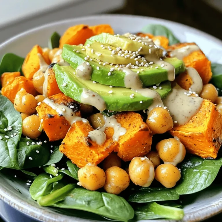 - Sweet Potatoes You need 2 medium sweet potatoes. Peel and dice them. Sweet potatoes add a creamy texture and a natural sweetness. - Chickpeas Use 1 can (15 oz) of chickpeas. Drain and rinse them. Chickpeas are full of protein and fiber. - Olive Oil Add 2 tablespoons of olive oil. This helps the sweet potatoes and chickpeas roast nicely. - Spices and Seasonings You will need: - 1 teaspoon smoked paprika - 1 teaspoon cumin - Salt and pepper to taste These spices bring warmth and depth to the dish. - Fresh Vegetables Use 2 cups of fresh spinach. You can also add other greens if you like. Fresh veggies add crunch and nutrients. - Tahini Dressing Components For the tahini dressing, gather: - 1/4 cup tahini - 2 tablespoons lemon juice - 1 tablespoon maple syrup - 1/4 cup water (adjust for consistency) This dressing ties the bowl together with a creamy and tangy flavor. You can find the full recipe at the beginning of this article! Start by peeling and dicing the sweet potatoes. Aim for small, even pieces. This helps them cook evenly. Drain and rinse the chickpeas from the can. This step removes excess salt and enhances flavor. In a large bowl, mix the sweet potatoes and chickpeas together. Add olive oil, smoked paprika, cumin, salt, and pepper. Toss them well until everything is coated. Preheat your oven to 425°F (220°C). This high heat helps to caramelize the sweet potatoes. Spread the sweet potato and chickpea mixture on a baking sheet lined with parchment paper. Make sure they are in a single layer. This allows for even roasting. Bake for 25 to 30 minutes. Stir the mixture halfway through for even cooking. Look for golden, tender sweet potatoes at the end. While the sweet potatoes roast, prepare the tahini dressing. In a small bowl, whisk together tahini, lemon juice, maple syrup, and water. This dressing adds a creamy, tangy flavor to the bowl. Adjust the water until you reach your desired consistency. You want it smooth but not too runny. Now you have all the steps to create a flavorful Sweet Potato Chickpea Bowl. For the complete recipe, refer to the [Full Recipe]. To roast sweet potatoes just right, start by cutting them into even cubes. This helps them cook evenly. Toss them in olive oil, smoked paprika, cumin, salt, and pepper. Spread them out in a single layer on the baking sheet. Overcrowding can lead to steaming, not roasting. Roast at 425°F (220°C) for 25-30 minutes. Stir halfway to ensure they brown well. You'll know they are done when they're soft and golden. When making tahini dressing, you want it creamy. Start with the tahini, lemon juice, maple syrup, and water. Mix them well using a whisk. If the dressing is too thick, add more water slowly. Aim for a smooth texture that drizzles nicely. If it’s too thin, add a bit more tahini. Adjusting keeps the dressing just right for your bowl. Presentation matters! Start with a layer of fresh spinach at the bottom of your bowl. Then, add the roasted sweet potatoes and chickpeas on top. Slice your avocado and place it neatly on the mixture. Drizzle the tahini dressing over everything. Finally, sprinkle sesame seeds for a crunchy touch. This makes your bowl look colorful and tasty. For the full recipe, check out the details above. {{image_2}} You can make this bowl even better by adding more veggies. Try bell peppers, zucchini, or kale. These add color and taste. Just chop them up and toss them with the sweet potatoes and chickpeas. Roast them all together for a tasty mix. You can also use frozen veggies if you are short on time. They cook well and save prep work. If you want more protein, add some cooked quinoa or lentils. Both are easy to cook and are very healthy. You can also mix in some grilled chicken or tofu for extra flavor and nutrition. Adding nuts or seeds can also give your bowl a nice crunch. Just sprinkle them on top before serving. Feel free to change the spices to suit your taste. You can swap smoked paprika for chili powder if you like heat. Adding garlic powder or onion powder can give a nice kick too. For a bit of sweetness, try adding a pinch of cinnamon. You can also mix in fresh herbs like cilantro or parsley for a fresh taste. To keep your Sweet Potato Chickpea Bowl fresh, store leftovers in an airtight container. Place it in the fridge and eat within three days for the best taste. Make sure the bowl is cool before sealing. This helps keep moisture in check. You can also separate the tahini dressing and store it in a small jar. Reheat your bowl in the microwave. Use a microwave-safe dish and cover it to keep moisture in. Heat for about one to two minutes, stirring halfway through. You want the sweet potatoes and chickpeas to be hot but not dry. If you prefer, you can reheat it in the oven. Preheat the oven to 350°F (175°C) and heat for about 10 minutes. If you want to save some for later, freezing is a great option. Portion the bowl into airtight containers or freezer bags. Make sure to leave some space for expansion. The bowl can stay in the freezer for up to three months. When you're ready to eat, thaw it in the fridge overnight before reheating. Avoid freezing the avocado and tahini dressing, as they do not freeze well. You can always add fresh avocado and dressing when you serve it. Yes, this Sweet Potato Chickpea Bowl is already vegan! The recipe uses plant-based ingredients only. Sweet potatoes, chickpeas, and fresh vegetables bring great nutrition. The tahini dressing is also vegan, made with tahini, lemon juice, and maple syrup. You can enjoy this dish knowing it fits a vegan diet. The total time for this recipe is about 40 minutes. You will spend 10 minutes prepping the ingredients. Roasting the sweet potatoes and chickpeas takes about 25 to 30 minutes. While they roast, you can make the tahini dressing. This makes it easy to multitask in the kitchen. If you need a tahini substitute, try these options: - Sunflower seed butter - Almond butter - Peanut butter - Yogurt (for a creamy texture) Each of these will change the flavor a bit but will still taste great. Just adjust the amount based on your taste. These swaps keep your dish delicious and enjoyable. You can find the full recipe for the Sweet Potato Chickpea Bowl above. In this blog post, we explored a tasty Sweet Potato Chickpea Bowl. We covered key ingredients, detailed steps, and helpful tips. You learned how to prepare and roast sweet potatoes and chickpeas. I shared ways to make a smooth tahini dressing and suggested fun variations to try. Remember, with a few tweaks, you can make this bowl your own. Enjoy the leftovers, and don't hesitate to freeze extras for later. This dish is not just healthy; it is also a great way to keep your meals exciting. Happy cooking!