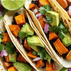- 2 medium sweet potatoes, peeled and diced - 1 can (15 oz) black beans, drained and rinsed - 8 small corn tortillas Sweet potatoes provide a sweet and creamy base. They are rich in vitamins. Black beans add protein and fiber. Together, they create a filling meal. Tortillas hold everything together, making them easy to eat. - 1 tablespoon olive oil - 1 teaspoon cumin - 1 teaspoon chili powder - ½ teaspoon smoked paprika - Salt and pepper to taste - 1 avocado, sliced - ½ cup fresh cilantro, chopped - ½ cup red onion, finely chopped - Lime wedges for serving The seasonings bring warmth and depth. Cumin and chili powder add a nice kick. Smoked paprika gives a hint of smokiness. Fresh toppings brighten the dish. Avocado adds creaminess, while cilantro and red onion offer crunch. Lime wedges enhance the flavor with a zesty touch. - Baking sheet - Small saucepan - Skillet You need a baking sheet to roast the sweet potatoes. A small saucepan helps heat the black beans. A skillet warms the tortillas. These tools make the cooking process smooth and easy. For the full recipe, check the detailed instructions to create this tasty dish! 1. Preheat your oven to 400°F (200°C). This step is very important. 2. Toss the diced sweet potatoes with olive oil, cumin, chili powder, smoked paprika, salt, and pepper in a bowl. 3. Spread them out on a baking sheet evenly. Make sure they are not crowded. 4. Roast for 25-30 minutes. Stir them halfway through to get even cooking. They should be tender and slightly caramelized when done. 1. Heat a small saucepan over medium heat. 2. Add the drained black beans to the pan. Stir occasionally until they are warm. This takes about 5 minutes. 3. Add a pinch of salt and pepper to enhance the flavor. You can also add some cumin for extra taste. 1. Heat a dry skillet on medium heat. 2. Warm the corn tortillas for about 30 seconds on each side. They should be soft and pliable. 3. If you prefer, you can also wrap them in foil and warm them in the oven for about 10 minutes. 1. On each warmed tortilla, layer a spoonful of roasted sweet potatoes first. 2. Next, add a generous spoonful of black beans. 3. Top with sliced avocado, chopped red onion, and fresh cilantro for a burst of flavor. 4. For a beautiful presentation, serve the tacos on a colorful platter. Drizzle them with lime juice and add lime wedges on the side. For the complete process with detailed timing and tips, check the Full Recipe. To get sweet potatoes just right, focus on caramelization. Cut them into even pieces. This helps them cook evenly. Toss the pieces with olive oil, salt, and spices. Spread them out on a baking sheet. This allows hot air to reach all sides. Roast them at 400°F (200°C) for 25-30 minutes. Stir halfway through for even browning. You know they are ready when they are soft and slightly golden. Choosing the right sweetness level is key. Look for sweet potatoes that feel firm and heavy. A bright orange color also signals good sweetness. You can even taste a small piece before cooking. This ensures your tacos will be sweet and flavorful. Feel free to get creative with toppings. Cheese, salsa, and hot sauce all work well. A sprinkle of feta or cotija cheese adds creaminess. Salsa can bring in bright flavors and spice. Try different types of hot sauce to find your favorite. Adjusting spice levels is easy too. If you like heat, add jalapeños or spicy salsa. For a milder taste, skip the spicy toppings. You can even mix in some lime juice to balance flavors. Pair your tacos with flavorful sides. A fresh salad with lime dressing complements the dish well. Chips and guacamole also make a great side. You can serve a light soup, like a tomato or corn soup, for a heartier meal. For drinks, try a light beer or a fruity soda. A refreshing iced tea or lemonade works well too. These drinks enhance the flavors of your sweet potato black bean tacos. For the full recipe, refer to the previous section! {{image_2}} You can easily adjust this recipe for different diets. For vegan tacos, keep the sweet potatoes and black beans as is. They offer great flavors and nutrition. If you want a vegetarian twist, add some cheese or sour cream on top. You can also swap in yogurt for a creamy texture. For extra flavor, try adding some lime zest or fresh herbs. These small changes can make a big difference! When choosing tortillas, you have options. Corn tortillas are traditional and gluten-free. They add a nice texture. Flour tortillas are soft and can hold more filling. If you need gluten-free options, look for tortillas made from rice or other gluten-free grains. Each type of tortilla brings its own taste to the dish. Try them all to see which one you like best! Want to give your tacos a protein boost? You can add chicken, beef, or pork. Cook the meat separately before adding it to the tacos. If you prefer plant-based proteins, try tofu or tempeh. Cook them until they’re golden brown and crispy. This usually takes about 10-15 minutes. Adding protein makes your meal more filling and satisfying. For more ideas and the full recipe, check out the details above! To keep your sweet potato black bean tacos fresh, use airtight containers. Glass containers work best. They keep the flavors in and the air out. Make sure to separate the components. Store tortillas in one container and the filling in another. This helps prevent soggy tacos. Keep the leftovers in the fridge. They stay good for about three days. When you're ready to enjoy your leftovers, reheat them gently. The best way is to use a skillet on medium heat. Warm the filling for about 5 to 7 minutes, stirring often. Heat the tortillas for 30 seconds on each side. This keeps them soft and warm. You can also use a microwave. Heat in short bursts of 30 seconds. Check often to avoid overcooking. You can freeze assembled tacos if you want to save them for later. Just wrap each taco tightly in plastic wrap. Then place them in a freezer-safe bag. They can last for up to three months. When you’re ready to eat, gently thaw them in the fridge overnight. Reheat using the skillet method for the best taste. Enjoy your delicious tacos anytime! For the full recipe, check out the earlier section. Sweet potato black bean tacos are a tasty dish made with roasted sweet potatoes and black beans. These tacos are filled with vibrant flavors and textures. The combination of creamy avocado, fresh cilantro, and zesty lime makes them special. They are easy to make and perfect for any meal. To make homemade tacos, you need a few simple steps: 1. Roast sweet potatoes in the oven. 2. Heat black beans in a saucepan. 3. Warm corn tortillas in a skillet. 4. Assemble by layering sweet potatoes, black beans, and toppings on the tortillas. 5. Serve with lime wedges for extra flavor. These steps make it simple to enjoy fresh tacos at home. Yes, you can prepare ingredients in advance. Roast sweet potatoes and store them in the fridge for up to three days. You can also heat black beans and keep them warm. Warm tortillas just before serving. This saves time and makes meal prep quick and easy. Sweet potatoes are rich in vitamins A and C. They also provide fiber and antioxidants. Black beans are high in protein and fiber, promoting good digestion. Together, they create a healthy meal that keeps you full and satisfied. Eating these tacos supports a balanced diet. For the full recipe, check out the details above! Sweet potato black bean tacos are easy to make and delicious. You start with sweet potatoes, black beans, and tortillas. Season them with spices like cumin and paprika. Roast the sweet potatoes until they are golden. Then assemble your tacos with fresh toppings like avocado and lime. Remember, you can customize these tacos to suit your taste. Store leftovers in the fridge or freeze them for later. Enjoy this healthy meal that is rich in nutrients!