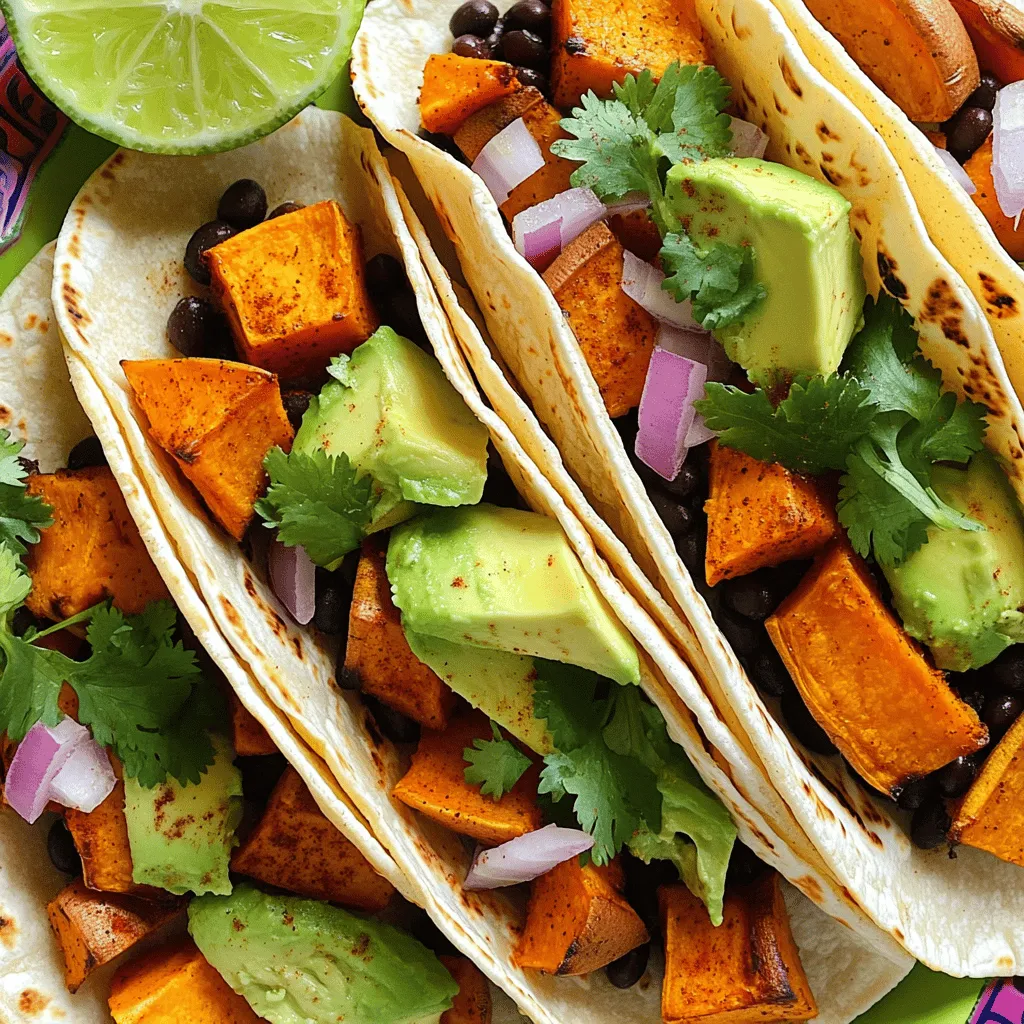 - 2 medium sweet potatoes, peeled and diced - 1 can (15 oz) black beans, drained and rinsed - 8 small corn tortillas Sweet potatoes provide a sweet and creamy base. They are rich in vitamins. Black beans add protein and fiber. Together, they create a filling meal. Tortillas hold everything together, making them easy to eat. - 1 tablespoon olive oil - 1 teaspoon cumin - 1 teaspoon chili powder - ½ teaspoon smoked paprika - Salt and pepper to taste - 1 avocado, sliced - ½ cup fresh cilantro, chopped - ½ cup red onion, finely chopped - Lime wedges for serving The seasonings bring warmth and depth. Cumin and chili powder add a nice kick. Smoked paprika gives a hint of smokiness. Fresh toppings brighten the dish. Avocado adds creaminess, while cilantro and red onion offer crunch. Lime wedges enhance the flavor with a zesty touch. - Baking sheet - Small saucepan - Skillet You need a baking sheet to roast the sweet potatoes. A small saucepan helps heat the black beans. A skillet warms the tortillas. These tools make the cooking process smooth and easy. For the full recipe, check the detailed instructions to create this tasty dish! 1. Preheat your oven to 400°F (200°C). This step is very important. 2. Toss the diced sweet potatoes with olive oil, cumin, chili powder, smoked paprika, salt, and pepper in a bowl. 3. Spread them out on a baking sheet evenly. Make sure they are not crowded. 4. Roast for 25-30 minutes. Stir them halfway through to get even cooking. They should be tender and slightly caramelized when done. 1. Heat a small saucepan over medium heat. 2. Add the drained black beans to the pan. Stir occasionally until they are warm. This takes about 5 minutes. 3. Add a pinch of salt and pepper to enhance the flavor. You can also add some cumin for extra taste. 1. Heat a dry skillet on medium heat. 2. Warm the corn tortillas for about 30 seconds on each side. They should be soft and pliable. 3. If you prefer, you can also wrap them in foil and warm them in the oven for about 10 minutes. 1. On each warmed tortilla, layer a spoonful of roasted sweet potatoes first. 2. Next, add a generous spoonful of black beans. 3. Top with sliced avocado, chopped red onion, and fresh cilantro for a burst of flavor. 4. For a beautiful presentation, serve the tacos on a colorful platter. Drizzle them with lime juice and add lime wedges on the side. For the complete process with detailed timing and tips, check the Full Recipe. To get sweet potatoes just right, focus on caramelization. Cut them into even pieces. This helps them cook evenly. Toss the pieces with olive oil, salt, and spices. Spread them out on a baking sheet. This allows hot air to reach all sides. Roast them at 400°F (200°C) for 25-30 minutes. Stir halfway through for even browning. You know they are ready when they are soft and slightly golden. Choosing the right sweetness level is key. Look for sweet potatoes that feel firm and heavy. A bright orange color also signals good sweetness. You can even taste a small piece before cooking. This ensures your tacos will be sweet and flavorful. Feel free to get creative with toppings. Cheese, salsa, and hot sauce all work well. A sprinkle of feta or cotija cheese adds creaminess. Salsa can bring in bright flavors and spice. Try different types of hot sauce to find your favorite. Adjusting spice levels is easy too. If you like heat, add jalapeños or spicy salsa. For a milder taste, skip the spicy toppings. You can even mix in some lime juice to balance flavors. Pair your tacos with flavorful sides. A fresh salad with lime dressing complements the dish well. Chips and guacamole also make a great side. You can serve a light soup, like a tomato or corn soup, for a heartier meal. For drinks, try a light beer or a fruity soda. A refreshing iced tea or lemonade works well too. These drinks enhance the flavors of your sweet potato black bean tacos. For the full recipe, refer to the previous section! {{image_2}} You can easily adjust this recipe for different diets. For vegan tacos, keep the sweet potatoes and black beans as is. They offer great flavors and nutrition. If you want a vegetarian twist, add some cheese or sour cream on top. You can also swap in yogurt for a creamy texture. For extra flavor, try adding some lime zest or fresh herbs. These small changes can make a big difference! When choosing tortillas, you have options. Corn tortillas are traditional and gluten-free. They add a nice texture. Flour tortillas are soft and can hold more filling. If you need gluten-free options, look for tortillas made from rice or other gluten-free grains. Each type of tortilla brings its own taste to the dish. Try them all to see which one you like best! Want to give your tacos a protein boost? You can add chicken, beef, or pork. Cook the meat separately before adding it to the tacos. If you prefer plant-based proteins, try tofu or tempeh. Cook them until they’re golden brown and crispy. This usually takes about 10-15 minutes. Adding protein makes your meal more filling and satisfying. For more ideas and the full recipe, check out the details above! To keep your sweet potato black bean tacos fresh, use airtight containers. Glass containers work best. They keep the flavors in and the air out. Make sure to separate the components. Store tortillas in one container and the filling in another. This helps prevent soggy tacos. Keep the leftovers in the fridge. They stay good for about three days. When you're ready to enjoy your leftovers, reheat them gently. The best way is to use a skillet on medium heat. Warm the filling for about 5 to 7 minutes, stirring often. Heat the tortillas for 30 seconds on each side. This keeps them soft and warm. You can also use a microwave. Heat in short bursts of 30 seconds. Check often to avoid overcooking. You can freeze assembled tacos if you want to save them for later. Just wrap each taco tightly in plastic wrap. Then place them in a freezer-safe bag. They can last for up to three months. When you’re ready to eat, gently thaw them in the fridge overnight. Reheat using the skillet method for the best taste. Enjoy your delicious tacos anytime! For the full recipe, check out the earlier section. Sweet potato black bean tacos are a tasty dish made with roasted sweet potatoes and black beans. These tacos are filled with vibrant flavors and textures. The combination of creamy avocado, fresh cilantro, and zesty lime makes them special. They are easy to make and perfect for any meal. To make homemade tacos, you need a few simple steps: 1. Roast sweet potatoes in the oven. 2. Heat black beans in a saucepan. 3. Warm corn tortillas in a skillet. 4. Assemble by layering sweet potatoes, black beans, and toppings on the tortillas. 5. Serve with lime wedges for extra flavor. These steps make it simple to enjoy fresh tacos at home. Yes, you can prepare ingredients in advance. Roast sweet potatoes and store them in the fridge for up to three days. You can also heat black beans and keep them warm. Warm tortillas just before serving. This saves time and makes meal prep quick and easy. Sweet potatoes are rich in vitamins A and C. They also provide fiber and antioxidants. Black beans are high in protein and fiber, promoting good digestion. Together, they create a healthy meal that keeps you full and satisfied. Eating these tacos supports a balanced diet. For the full recipe, check out the details above! Sweet potato black bean tacos are easy to make and delicious. You start with sweet potatoes, black beans, and tortillas. Season them with spices like cumin and paprika. Roast the sweet potatoes until they are golden. Then assemble your tacos with fresh toppings like avocado and lime. Remember, you can customize these tacos to suit your taste. Store leftovers in the fridge or freeze them for later. Enjoy this healthy meal that is rich in nutrients!