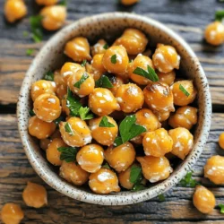 - 2 cans of chickpeas (15 oz each), drained and rinsed - 3 tablespoons olive oil - 1 tablespoon ranch seasoning mix - 1 teaspoon garlic powder - 1 teaspoon onion powder - 1/2 teaspoon smoked paprika - 1/4 teaspoon cayenne pepper - Salt, to taste The main ingredient here is chickpeas. They are packed with protein and fiber. This makes them a great snack option. They also help keep you full. You can use store-bought ranch seasoning or make your own. If you choose to make it, you can control the flavors. The garlic powder and onion powder add depth to the ranch flavor. Smoked paprika gives a nice warmth, while cayenne adds a kick. Adjust the cayenne to your liking. If you prefer less spice, simply reduce the amount. - Calories per serving: About 120 calories - Breakdown of macros: - Protein: 6g - Fat: 5g - Carbs: 15g Chickpeas are not just tasty; they are healthy too. They provide protein and fiber. This helps with digestion and keeps your heart healthy. Plus, they are low in fat. The healthy fats come from olive oil. It adds flavor and helps absorb nutrients. This makes ranch roasted chickpeas a smart snack option. For the full recipe, check out the instructions above. To start, preheat your oven to 400°F (200°C). This step is key for crispy chickpeas. Next, take your chickpeas from the cans. Drain and rinse them well under cold water. Then, spread the chickpeas on a clean kitchen towel. Pat them dry gently. This helps remove extra moisture. Removing moisture gives a better crunch. Now, grab a large bowl. Combine the dried chickpeas with olive oil, ranch seasoning mix, garlic powder, onion powder, smoked paprika, cayenne pepper, and salt. Mix well, ensuring each chickpea gets a nice coat of the seasoning. This step is crucial for flavor. You want every bite to burst with taste. Take a baking sheet and line it with parchment paper. Spread the seasoned chickpeas out in a single layer. This ensures they bake evenly. Place them in the preheated oven and bake for 25 to 30 minutes. About halfway through, shake the pan. This helps them cook consistently. They should turn golden brown and crispy. Once done, let them cool for a few minutes. This cooling time helps them crisp up even more. Enjoy your ranch roasted chickpeas as a snack or a salad topping. For the full recipe, check the section above. To get the best crunch from your ranch roasted chickpeas, start by drying them well. After you drain and rinse them, lay them on a clean kitchen towel and pat them dry. This step is key. Extra moisture will lead to soft chickpeas, not crunchy ones. When it comes to baking, spread the chickpeas in a single layer on your baking sheet. This helps them cook evenly. Shake the pan halfway through to ensure that all sides get nice and crispy. Bake at 400°F (200°C) for about 25-30 minutes. Keep an eye on them as they bake. You want them golden brown and crunchy. To make your ranch roasted chickpeas even better, think about adding extra spices. You can try chili powder for heat or lemon zest for brightness. If you love garlic, add more garlic powder! Adjust the seasoning to match your taste. If you prefer a milder flavor, reduce the cayenne pepper. Tasting as you go is important. Mix the spices well, and make sure they coat the chickpeas evenly. This way, each bite is full of flavor. Make your ranch roasted chickpeas shine! Serve them in a small bowl with fresh parsley on top. This adds a splash of color. You can also use them as a crunchy topping for salads or soups. They add great texture and flavor. For a fun twist, try serving them with a dip on the side. A creamy yogurt dip or a spicy salsa can make them even more delicious. Enjoy your crispy ranch roasted chickpeas as a snack or a tasty addition to your meal! {{image_2}} You can play with the taste of ranch roasted chickpeas easily. Try different seasoning mixes to find your favorite. Consider taco seasoning for a spicy twist. You can also use garlic and herb blends for a milder flavor. If you want more heat, add more cayenne pepper. For less spice, cut back on the cayenne. This way, you can make the snack just right for you. Fresh herbs can brighten up your roasted chickpeas. Instead of dried herbs, use fresh parsley or cilantro. They add color and flavor. You can also swap out oils for health benefits. For instance, use avocado oil for a heart-healthy choice. This change can make the dish even better for your diet. Ranch roasted chickpeas make a great snack. They are crunchy and fun to eat on their own. You can also use them as a topping on salads. Just sprinkle them over greens for added texture. They work well in soups too, giving a nice crunch. You can mix them in or use them as a garnish. Either way, they add flavor and fun to your meals. For the full recipe, check the article above. To keep your ranch roasted chickpeas fresh, use an airtight container. Glass jars or plastic containers work great. They should stay crunchy for about a week. For long-term storage, you can freeze them. Just place them in a freezer-safe bag. This way, they can last for up to three months. To enjoy crispy chickpeas again, use your oven. Preheat it to 350°F (175°C). Spread the chickpeas on a baking sheet. Heat for about 10 minutes. This method helps maintain their crunch. Avoid the microwave if you want them crispy. The microwave will make them soft and chewy. You can keep ranch roasted chickpeas in your pantry for about a week. Look for signs of spoilage. If they smell weird or feel soft, it's time to toss them. Freshness is key for the best taste and texture. Enjoy them as a tasty snack or as a topping on salads. Yes, you can use dried chickpeas. First, soak the dried chickpeas in water overnight. This helps them soften. Next, drain the soaked chickpeas and rinse them well. Cook them in boiling water for about 1-1.5 hours until they are tender. You want them soft but not mushy. Once cooked, let them cool before seasoning. This method gives you fresh chickpeas, perfect for ranch roasting. Making ranch seasoning is simple. Here’s a quick recipe you can use: - 1 tablespoon dried dill - 1 tablespoon garlic powder - 1 tablespoon onion powder - 1 teaspoon dried parsley - 1 teaspoon black pepper - 1 teaspoon salt - 1/2 teaspoon paprika Mix all these ingredients in a bowl. Store in an airtight container. This homemade mix brings fresh flavor to your ranch roasted chickpeas. Ranch roasted chickpeas are a great snack. They are high in protein and fiber. This makes them filling and good for digestion. One serving has about 160 calories, with 6 grams of protein and 4 grams of fat. Chickpeas also provide vitamins and minerals. They help keep your heart healthy and boost energy. You can find ready-made ranch roasted chickpeas at many grocery stores. Look in the snack aisle or health food section. Some brands offer them online. Check sites like Amazon or local grocery delivery services. They are a quick snack option if you don’t want to make them at home. Absolutely! You can adjust the spice levels to fit your taste. If you like it mild, skip the cayenne pepper. For extra heat, add more cayenne or a dash of hot sauce. You can also experiment with other spices, like chili powder or cumin. Taste your seasoning before baking to get it just right. In this post, we covered how to make tasty ranch roasted chickpeas. You learned about the ingredients, their health benefits, and how to prepare them step-by-step. We shared tips for the best crunchiness, flavor variations, and serving suggestions. Storing them properly ensures they stay fresh longer. Remember, these chickpeas are a healthy snack and easy to customize based on your taste. Try out these steps, and enjoy your flavorful treat!